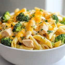 - 2 cups uncooked pasta (penne or rotini) - 1 pound boneless, skinless chicken breasts - 2 cups fresh broccoli florets - 1 cup shredded cheddar cheese - 1 cup ranch dressing - 1 tablespoon olive oil - 1 teaspoon garlic powder - 1 teaspoon onion powder - Salt and pepper to taste - Fresh parsley for garnish Gather these ingredients before you start cooking. Choosing the right pasta matters. Penne or rotini holds sauce well. Fresh broccoli adds color and crunch. The chicken gives it protein. You’ll need shredded cheddar for that cheesy goodness. Ranch dressing brings a creamy and tangy flair. Don’t forget the olive oil! It helps cook the chicken and adds flavor. Garlic and onion powders boost the taste. Season to your liking with salt and pepper. Fresh parsley brightens the dish when you serve it. This mix of ingredients makes the dish tasty and fun! {{ingredient_image_1}} - Bring a large pot of salted water to a boil. - Add 2 cups of uncooked pasta. Cook it according to the package instructions. - In the last 3 minutes of cooking, add 2 cups of fresh broccoli florets. This keeps the broccoli bright and crisp. - Heat 1 tablespoon of olive oil in a large skillet over medium heat. - Dice 1 pound of boneless, skinless chicken breasts. - Season the chicken with 1 teaspoon of garlic powder, 1 teaspoon of onion powder, salt, and pepper. - Cook the chicken for about 5-7 minutes until it is no longer pink. - In the skillet with the cooked chicken, add the drained pasta and broccoli. - Pour in 1 cup of ranch dressing and half of the 1 cup of shredded cheddar cheese. - Stir well to mix all the ingredients together. - Lower the heat and sprinkle the remaining cheese on top. - Cover the skillet with a lid for 2-3 minutes until the cheese melts and bubbles. To get the cheese perfectly melted, use low heat. After adding the cheese, cover the skillet. This traps steam and helps the cheese melt evenly. You want it bubbly and smooth. The best pasta options for this recipe are penne or rotini. These shapes hold the sauce and cheese well. They also make each bite tasty. Consider adding spices like paprika or cayenne for a kick. These spices can add depth to the dish. You can also try Italian herbs for a fresh taste. Ideas for toppings include crispy bacon bits or sliced green onions. They add crunch and color to your meal. Fresh herbs like basil or chives brighten the dish, too. For cooking, use a large pot for boiling pasta. A non-stick skillet works best for sautéing chicken. This prevents sticking and makes cleanup easier. For measuring, use a set of measuring cups and spoons. Accurate measurements keep your dish tasty and balanced. A kitchen scale can help if you want to be precise with ingredients. Pro Tips Perfect Pasta: To achieve the best texture, make sure to cook the pasta until al dente, as it will continue to cook slightly when combined with the other ingredients. Chicken Seasoning: Feel free to add your favorite herbs and spices to the chicken for extra flavor. Paprika or Italian seasoning can elevate the dish. Cheese Variations: Experiment with different types of cheese like mozzarella or pepper jack for a unique twist on the classic cheesy flavor. Meal Prep: This dish is great for meal prep! You can make it ahead of time and store it in the fridge for up to 3 days, just reheat before serving. {{image_2}} You can swap chicken for tofu or shrimp. Tofu gives a nice texture, and shrimp cooks fast. If you want a dairy-free option, use a nut-based cheese or a plant-based ranch. These swaps keep the dish tasty and fresh. Many veggies work well in this dish. Try bell peppers, spinach, or peas. They add color and nutrients. For extra protein, consider adding cooked bacon or sausage. These options bring in a savory touch that complements the ranch flavor. Pair this pasta with a simple green salad. The fresh crunch balances the creamy pasta. For special occasions, serve it in a nice bowl and sprinkle with extra parsley. This adds a lovely pop of color and makes the dish look appealing. To store leftovers, let the dish cool first. Transfer it to an airtight container. This keeps it fresh. You can store it in the fridge for up to four days. Cooked pasta lasts three to five days in the refrigerator. Always check for signs of spoilage before eating. If you want to freeze this dish, cool it down completely. Use freezer-safe containers to prevent freezer burn. It can last up to three months in the freezer. To reheat, thaw it in the fridge overnight. Warm it in a skillet over low heat. Add a splash of milk or broth to keep it creamy. Stir often to prevent sticking. Batch cooking is a great way to save time. Make a larger portion and divide it into meal-sized containers. This dish works well for easy weeknight meals. For portion sizes, aim for about one to one and a half cups per serving. This makes it simple to grab and go! Cheesy Ranch Chicken Broccoli Pasta is a creamy and savory dish. It features pasta, chicken, broccoli, and ranch dressing. You cook pasta until tender, add broccoli, and sauté chicken with spices. Then, mix everything with ranch dressing and cheese. It’s a delicious meal that is quick to make. Yes, you can prepare this dish ahead of time. Cook the pasta and chicken, then mix everything together. Store it in the fridge for up to two days. To reheat, warm it on the stove or microwave until hot. You may want to add a splash of ranch dressing to keep it creamy. Absolutely! This dish is family-friendly and kids love it. The creamy cheese and ranch flavor appeal to young taste buds. You can adjust the spices to make it milder if needed. Plus, it includes broccoli, which is a great way to sneak in some veggies. To make this dish lighter, use whole grain pasta instead of regular. You can also swap ranch dressing for a lighter version or yogurt-based dressing. Use skinless chicken breast for less fat. Add more vegetables like spinach or bell peppers to boost nutrition without adding many calories. In this post, I shared a simple and tasty Cheesy Ranch Chicken Broccoli Pasta recipe. You learned about the key ingredients and step-by-step instructions to prepare it. I also offered tips to enhance flavors and suggested variations. Remember, cooking can be fun and flexible. Don’t hesitate to try your own twists on the recipe. Enjoy your meal and cook with joy!