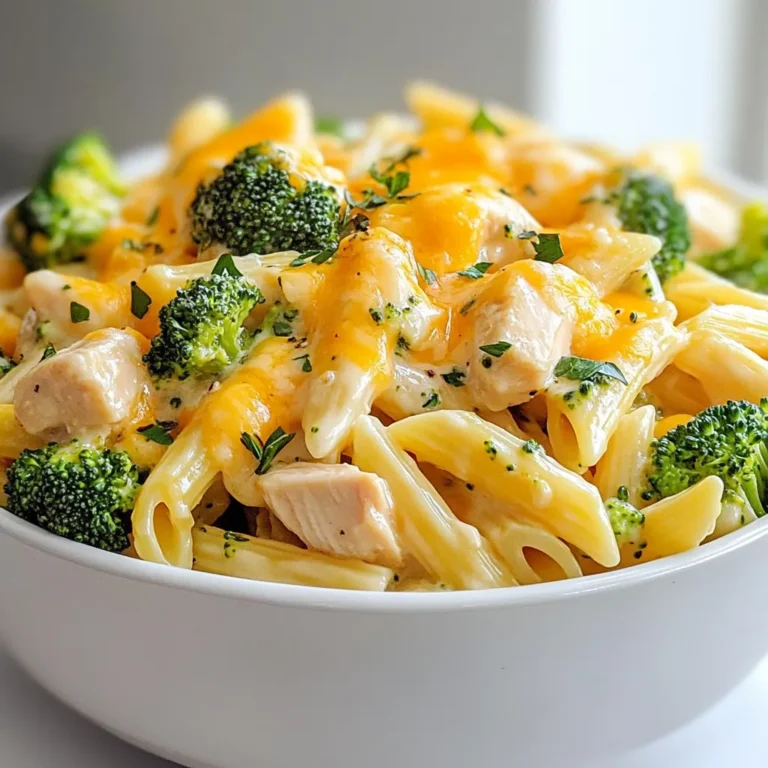- 2 cups uncooked pasta (penne or rotini) - 1 pound boneless, skinless chicken breasts - 2 cups fresh broccoli florets - 1 cup shredded cheddar cheese - 1 cup ranch dressing - 1 tablespoon olive oil - 1 teaspoon garlic powder - 1 teaspoon onion powder - Salt and pepper to taste - Fresh parsley for garnish Gather these ingredients before you start cooking. Choosing the right pasta matters. Penne or rotini holds sauce well. Fresh broccoli adds color and crunch. The chicken gives it protein. You’ll need shredded cheddar for that cheesy goodness. Ranch dressing brings a creamy and tangy flair. Don’t forget the olive oil! It helps cook the chicken and adds flavor. Garlic and onion powders boost the taste. Season to your liking with salt and pepper. Fresh parsley brightens the dish when you serve it. This mix of ingredients makes the dish tasty and fun! {{ingredient_image_1}} - Bring a large pot of salted water to a boil. - Add 2 cups of uncooked pasta. Cook it according to the package instructions. - In the last 3 minutes of cooking, add 2 cups of fresh broccoli florets. This keeps the broccoli bright and crisp. - Heat 1 tablespoon of olive oil in a large skillet over medium heat. - Dice 1 pound of boneless, skinless chicken breasts. - Season the chicken with 1 teaspoon of garlic powder, 1 teaspoon of onion powder, salt, and pepper. - Cook the chicken for about 5-7 minutes until it is no longer pink. - In the skillet with the cooked chicken, add the drained pasta and broccoli. - Pour in 1 cup of ranch dressing and half of the 1 cup of shredded cheddar cheese. - Stir well to mix all the ingredients together. - Lower the heat and sprinkle the remaining cheese on top. - Cover the skillet with a lid for 2-3 minutes until the cheese melts and bubbles. To get the cheese perfectly melted, use low heat. After adding the cheese, cover the skillet. This traps steam and helps the cheese melt evenly. You want it bubbly and smooth. The best pasta options for this recipe are penne or rotini. These shapes hold the sauce and cheese well. They also make each bite tasty. Consider adding spices like paprika or cayenne for a kick. These spices can add depth to the dish. You can also try Italian herbs for a fresh taste. Ideas for toppings include crispy bacon bits or sliced green onions. They add crunch and color to your meal. Fresh herbs like basil or chives brighten the dish, too. For cooking, use a large pot for boiling pasta. A non-stick skillet works best for sautéing chicken. This prevents sticking and makes cleanup easier. For measuring, use a set of measuring cups and spoons. Accurate measurements keep your dish tasty and balanced. A kitchen scale can help if you want to be precise with ingredients. Pro Tips Perfect Pasta: To achieve the best texture, make sure to cook the pasta until al dente, as it will continue to cook slightly when combined with the other ingredients. Chicken Seasoning: Feel free to add your favorite herbs and spices to the chicken for extra flavor. Paprika or Italian seasoning can elevate the dish. Cheese Variations: Experiment with different types of cheese like mozzarella or pepper jack for a unique twist on the classic cheesy flavor. Meal Prep: This dish is great for meal prep! You can make it ahead of time and store it in the fridge for up to 3 days, just reheat before serving. {{image_2}} You can swap chicken for tofu or shrimp. Tofu gives a nice texture, and shrimp cooks fast. If you want a dairy-free option, use a nut-based cheese or a plant-based ranch. These swaps keep the dish tasty and fresh. Many veggies work well in this dish. Try bell peppers, spinach, or peas. They add color and nutrients. For extra protein, consider adding cooked bacon or sausage. These options bring in a savory touch that complements the ranch flavor. Pair this pasta with a simple green salad. The fresh crunch balances the creamy pasta. For special occasions, serve it in a nice bowl and sprinkle with extra parsley. This adds a lovely pop of color and makes the dish look appealing. To store leftovers, let the dish cool first. Transfer it to an airtight container. This keeps it fresh. You can store it in the fridge for up to four days. Cooked pasta lasts three to five days in the refrigerator. Always check for signs of spoilage before eating. If you want to freeze this dish, cool it down completely. Use freezer-safe containers to prevent freezer burn. It can last up to three months in the freezer. To reheat, thaw it in the fridge overnight. Warm it in a skillet over low heat. Add a splash of milk or broth to keep it creamy. Stir often to prevent sticking. Batch cooking is a great way to save time. Make a larger portion and divide it into meal-sized containers. This dish works well for easy weeknight meals. For portion sizes, aim for about one to one and a half cups per serving. This makes it simple to grab and go! Cheesy Ranch Chicken Broccoli Pasta is a creamy and savory dish. It features pasta, chicken, broccoli, and ranch dressing. You cook pasta until tender, add broccoli, and sauté chicken with spices. Then, mix everything with ranch dressing and cheese. It’s a delicious meal that is quick to make. Yes, you can prepare this dish ahead of time. Cook the pasta and chicken, then mix everything together. Store it in the fridge for up to two days. To reheat, warm it on the stove or microwave until hot. You may want to add a splash of ranch dressing to keep it creamy. Absolutely! This dish is family-friendly and kids love it. The creamy cheese and ranch flavor appeal to young taste buds. You can adjust the spices to make it milder if needed. Plus, it includes broccoli, which is a great way to sneak in some veggies. To make this dish lighter, use whole grain pasta instead of regular. You can also swap ranch dressing for a lighter version or yogurt-based dressing. Use skinless chicken breast for less fat. Add more vegetables like spinach or bell peppers to boost nutrition without adding many calories. In this post, I shared a simple and tasty Cheesy Ranch Chicken Broccoli Pasta recipe. You learned about the key ingredients and step-by-step instructions to prepare it. I also offered tips to enhance flavors and suggested variations. Remember, cooking can be fun and flexible. Don’t hesitate to try your own twists on the recipe. Enjoy your meal and cook with joy!