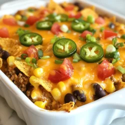 To make a tasty Cheesy Dorito Casserole, you need the following ingredients: - Large bag of Nacho Cheese Doritos - 1 lb ground beef (or turkey) - 1 can (15 oz) black beans, drained and rinsed - 1 can (15 oz) corn, drained - 1 packet taco seasoning - 1 cup sour cream - 2 cups shredded cheddar cheese - 1 cup diced tomatoes (fresh or canned) - 1/2 cup green onions, chopped - Optional: Jalapeños for extra heat Each ingredient adds its own fun flavor. The Nacho Cheese Doritos give that crunchy, cheesy base. Ground beef or turkey adds protein and heartiness. Black beans and corn bring texture and nutrition, while taco seasoning gives a tasty kick. Sour cream adds creaminess, and shredded cheddar cheese makes it gooey. Diced tomatoes and green onions add freshness. If you like heat, go for jalapeños. By mixing these ingredients, you create a dish that's not just satisfying but also full of flavors that kids and adults love. {{ingredient_image_1}} - Preheating the Oven First, set your oven to 350°F (175°C). This step warms the oven for baking. - Cooking the Meat Mixture In a large skillet, cook 1 pound of ground beef or turkey over medium heat. Stir often until the meat turns brown. If there's extra fat, drain it. Then, add the taco seasoning, black beans, and corn. Mix well and let it cook for 5 more minutes until everything is heated. - Preparing the Sour Cream Mixture In a separate bowl, combine 1 cup of sour cream, half of the shredded cheddar cheese, and 1 cup of diced tomatoes. Mix until smooth. This adds a creamy layer to our dish. - Assembling the Casserole Grab a 9x13 inch baking dish. Spread half of the Nacho Cheese Doritos at the bottom. Next, spoon the meat mixture evenly over the Doritos. Then, add the sour cream mixture on top. Finally, sprinkle the remaining Doritos and the rest of the cheddar cheese over everything. - Baking Instructions Place the baking dish in the oven. Bake for 25 to 30 minutes. The cheese should be bubbly and golden brown. After baking, take it out and let it cool for a few minutes. You can add chopped green onions and jalapeños on top before serving, if you like a bit of heat. - Tips for Browning Meat: Use a large skillet for even cooking. Break the meat into small pieces. This helps it brown nicely and cook evenly. Stir occasionally to avoid burning. - Ensuring Cheese Melts Perfectly: Use freshly shredded cheese for the best melt. Pre-shredded cheese contains anti-caking agents that can prevent smooth melting. Layer your cheese evenly for maximum gooeyness. - Layering Techniques for Flavor: Start with a layer of Doritos for crunch. Add the meat mixture, then the sour cream mix. Finish with more Doritos and cheese. This creates a fun mix of flavors in every bite. - Best Side Dishes to Serve: A fresh salad pairs well with the casserole. You can also serve it with tortilla chips and salsa. A side of guacamole adds creaminess and flavor. - Garnishing Ideas: Top with chopped green onions for brightness. Add sliced jalapeños for heat. A dollop of sour cream can also add creaminess and balance the flavors. Pro Tips Use Fresh Ingredients: Fresh tomatoes and green onions can elevate the flavor of your casserole. Consider using vine-ripened tomatoes for a sweeter taste. Layer for Flavor: To ensure every bite is packed with flavor, alternate layers of Doritos, meat mixture, and cheese. This will help distribute the ingredients evenly throughout the casserole. Spice it Up: If you enjoy a bit of heat, add sliced jalapeños or a sprinkle of cayenne pepper to the meat mixture for an extra kick! Make Ahead: You can assemble the casserole a day in advance. Just cover it with plastic wrap and refrigerate, then bake it when you're ready to serve. {{image_2}} Alternative Proteins You can swap ground beef for turkey or chicken. Both options work well. They offer a lighter taste. You can also use cooked beans for a protein boost. Vegetarian Options For a vegetarian twist, leave out the meat. Add more black beans or lentils instead. They give a hearty texture. You can also use plant-based meat for more flavor. Dairy-Free Alternatives To make this dish dairy-free, switch sour cream for a vegan version. Use cashew cream or coconut yogurt. You can also choose dairy-free cheese for the topping. This way, everyone can enjoy! Adding Spices or Sauces Want to kick up the flavor? Add chili powder or cumin to the meat mix. A splash of hot sauce will spice things up. You can also mix in salsa for extra zest. Incorporating Vegetables Consider adding diced bell peppers or zucchini. They blend well with the other flavors. You can also mix in spinach for a healthy touch. These veggies add color and nutrition to your casserole. To keep your Cheesy Dorito Casserole fresh, follow these tips: - Best Practices for Refrigeration: Store leftovers in an airtight container. Make sure to cool the casserole first. It will last for about 3-4 days in the fridge. Always check for any signs of spoilage before eating. - How to Freeze: You can freeze the casserole for up to 2 months. Wrap it tightly in plastic wrap and then in foil. This helps prevent freezer burn. To serve later, just let it thaw in the fridge overnight. To enjoy your casserole again, here’s how to reheat it: - Method for Reheating the Casserole: Preheat your oven to 350°F (175°C). Place the casserole in a baking dish. Cover with foil to keep it moist. Heat for about 20-25 minutes, or until warm throughout. You can also microwave individual portions for quick meals, but the oven gives the best texture. To make Cheesy Dorito Casserole, you need to first cook the meat in a skillet. Use ground beef or turkey. After that, mix in taco seasoning, black beans, and corn. In a bowl, combine sour cream, half of the cheese, and diced tomatoes. Layer half of the Doritos in a baking dish. Add the meat mixture, then the sour cream mixture. Top with the rest of the Doritos and cheese. Bake at 350°F for 25-30 minutes until bubbly. Yes, you can make this dish ahead of time. Prepare it up to the baking step. Cover the casserole and store it in the fridge. When ready to bake, just pop it in the oven. You may need to add a few minutes to the baking time. If you don’t have Doritos, try tortilla chips or corn chips. You can also use plain potato chips for a different taste. Just keep the texture in mind, as it adds crunch to the dish. To reheat leftover casserole, set your oven to 350°F. Place the casserole in an oven-safe dish. Cover it with foil to keep it moist. Heat for about 15-20 minutes, or until warm. You can also use a microwave for quick reheating. Absolutely! You can use any cheese you like. Monterey Jack or pepper jack cheese adds a nice twist. Cream cheese can also add creaminess. Just make sure it melts well! This blog post guided you through making a tasty Cheesy Dorito Casserole. We covered all the ingredients, preparation steps, and some handy tips. You learned about smart ingredient swaps and how to store leftovers. Remember, you can adapt this dish to fit your taste. Whether you want to spice it up or keep it simple, the options are endless. Now, gather your ingredients and enjoy creating a fun meal that everyone will love!