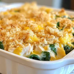 The creamy chicken spinach casserole is a joy to make. It uses simple, wholesome ingredients that blend together to create a comforting dish. Here’s what you need: - 2 cups cooked chicken, shredded - 4 cups fresh spinach, chopped - 1 cup cooked brown rice - 1 cup cream cheese, softened - 1 cup sour cream - 1 cup shredded mozzarella cheese - 1 teaspoon garlic powder - 1 teaspoon onion powder - ½ teaspoon nutmeg - Salt and pepper to taste - 1 cup breadcrumbs - 2 tablespoons olive oil This recipe shines with cooked chicken, which adds protein and flavor. Fresh spinach brings in a vibrant color and nutrients. Brown rice serves as a hearty base, while cream cheese and sour cream create a rich, creamy texture. Use garlic powder and onion powder for a punch of flavor. Nutmeg adds warmth to the dish. Don't forget to season with salt and pepper to taste. For a crispy topping, breadcrumbs mixed with mozzarella cheese and olive oil provide a delightful crunch. Gather these ingredients before you start cooking. They will help you create a creamy chicken spinach casserole that is sure to please everyone at your table. {{ingredient_image_1}} 1. Preheat the oven and prepare the baking dish. Set your oven to 350°F (175°C). Grease a 9x13 inch casserole dish with a bit of olive oil. This helps the casserole not stick. 2. Combine the main ingredients in a mixing bowl. In a large bowl, mix together the shredded chicken, chopped spinach, and cooked brown rice. Add the cream cheese and sour cream. Then, toss in half of the mozzarella cheese, garlic powder, onion powder, nutmeg, salt, and pepper. Stir everything until well mixed. 3. Transfer the mixture to the casserole dish. Pour the chicken and spinach mix into your greased casserole dish. Spread it out evenly. This will help it cook properly. 1. Mix breadcrumbs, mozzarella, and olive oil. In a small bowl, combine the breadcrumbs, the rest of the mozzarella cheese, and olive oil. This mix gives a nice crunch to the top. 2. Sprinkle topping over the casserole. Evenly sprinkle the breadcrumb mix on top of the casserole. Make sure every part gets some topping for a great texture. 1. Bake the casserole. Place the dish in the oven. Bake for 25 to 30 minutes. Look for a golden brown top and make sure it's heated through. 2. Cooling period before serving. Once done, take it out of the oven. Let it cool for a few minutes before serving. This will help set the casserole and make it easier to serve. To get a smooth and creamy texture, mix cream cheese and sour cream well. This blend adds richness and keeps the dish moist. Make sure your cream cheese is softened. This step helps it combine easily with other ingredients. For seasoning, start with garlic powder, onion powder, and nutmeg. These spices enhance the dish's flavor. Taste your mixture before baking. Adjust salt and pepper to fit your taste. A little salt brings out the best flavors. When serving, keep the casserole in the dish. This adds a homey touch. For an appealing look, garnish with fresh parsley or basil. The green adds color and freshness. You can also add a sprinkle of extra mozzarella before serving. This extra cheese creates a fun, gooey top. If you want, serve with a simple green salad on the side. This adds a fresh crunch and balances the creaminess. Pro Tips Use Rotisserie Chicken: For a quicker preparation, consider using rotisserie chicken. It adds flavor and saves cooking time. Fresh Spinach Alternatives: If fresh spinach is unavailable, you can substitute with frozen spinach. Just be sure to thaw and drain it well to avoid excess moisture. Cheese Variations: Feel free to mix different cheeses, such as cheddar or gouda, for a unique flavor profile in your casserole. Make Ahead: This casserole can be prepared ahead of time. Assemble it, cover, and refrigerate for up to 24 hours before baking. {{image_2}} You can switch proteins in this casserole. Turkey works well if you have some on hand. If you want a vegetarian option, try tofu. Both options give you tasty results. You can also change the cheese or rice. Instead of mozzarella, use cheddar or gouda. They add a nice twist to the dish. For rice, white rice or quinoa can work too. They will keep the texture light and fluffy. To boost flavor, try adding herbs and spices. Thyme and rosemary pair well with chicken and spinach. You can sprinkle them in while mixing the main ingredients. Adding more vegetables can also enhance the dish. Consider diced bell peppers, carrots, or mushrooms. These veggies not only add flavor but also make the casserole more colorful. To keep your creamy chicken spinach casserole fresh, store it in an airtight container. This helps prevent it from drying out. You can refrigerate leftovers for up to four days. Make sure to let it cool to room temperature before sealing. This step avoids condensation inside the container. You can freeze the casserole for longer storage. To do this, allow it to cool completely. Then, wrap it tightly in plastic wrap and foil. This method helps keep out air and moisture. The casserole can last in the freezer for up to three months. When you're ready to enjoy it again, thaw it in the fridge overnight. Reheat it in the oven at 350°F (175°C) for about 25 minutes. This way, the casserole warms evenly and stays creamy. If you want, cover it with foil while reheating to keep the top from browning too much. Yes, you can use frozen spinach. Just thaw and drain it well first. This helps remove excess water. Frozen spinach saves time and still tastes good in the casserole. To make this dish gluten-free, simply replace breadcrumbs with gluten-free options. You can use crushed gluten-free crackers or even ground nuts. This keeps the texture crunchy without gluten. Absolutely! You can prepare the casserole a day in advance. Just cover it and store it in the fridge. When ready to bake, add a few extra minutes to the cooking time. This casserole goes well with many side dishes. Some good options are: - Roasted vegetables - Garlic bread - A fresh green salad These sides add balance and flavor to your meal. This blog post gave you the tools to make a creamy chicken spinach casserole. You learned about the key ingredients, step-by-step instructions, and helpful tips to make it perfect. Variations expand your options, and storage info helps keep leftovers fresh. In conclusion, this dish combines taste and nutrition in an easy way. You can easily customize it to suit your needs. Enjoy creating a meal that brings smiles to the table!