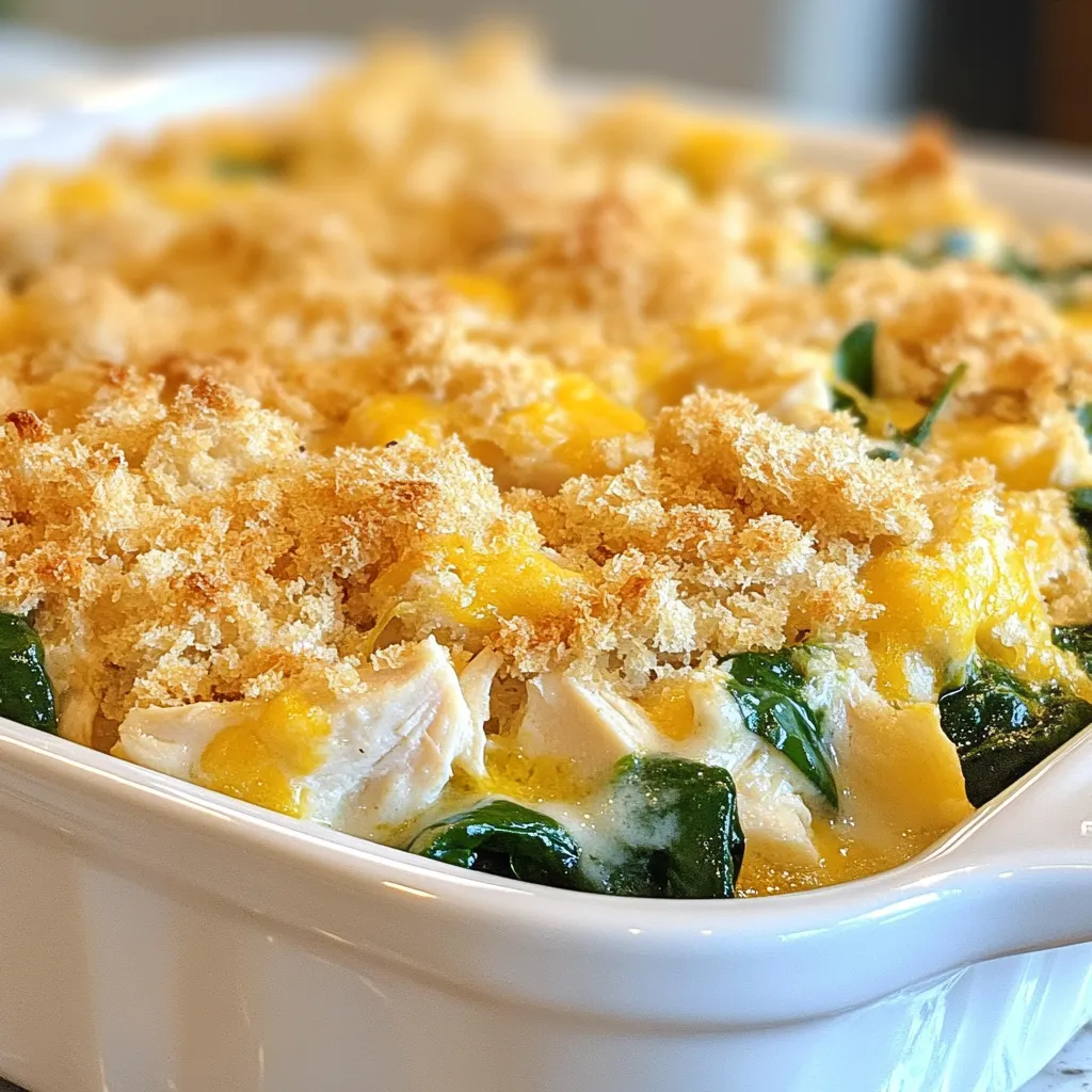 The creamy chicken spinach casserole is a joy to make. It uses simple, wholesome ingredients that blend together to create a comforting dish. Here’s what you need: - 2 cups cooked chicken, shredded - 4 cups fresh spinach, chopped - 1 cup cooked brown rice - 1 cup cream cheese, softened - 1 cup sour cream - 1 cup shredded mozzarella cheese - 1 teaspoon garlic powder - 1 teaspoon onion powder - ½ teaspoon nutmeg - Salt and pepper to taste - 1 cup breadcrumbs - 2 tablespoons olive oil This recipe shines with cooked chicken, which adds protein and flavor. Fresh spinach brings in a vibrant color and nutrients. Brown rice serves as a hearty base, while cream cheese and sour cream create a rich, creamy texture. Use garlic powder and onion powder for a punch of flavor. Nutmeg adds warmth to the dish. Don't forget to season with salt and pepper to taste. For a crispy topping, breadcrumbs mixed with mozzarella cheese and olive oil provide a delightful crunch. Gather these ingredients before you start cooking. They will help you create a creamy chicken spinach casserole that is sure to please everyone at your table. {{ingredient_image_1}} 1. Preheat the oven and prepare the baking dish. Set your oven to 350°F (175°C). Grease a 9x13 inch casserole dish with a bit of olive oil. This helps the casserole not stick. 2. Combine the main ingredients in a mixing bowl. In a large bowl, mix together the shredded chicken, chopped spinach, and cooked brown rice. Add the cream cheese and sour cream. Then, toss in half of the mozzarella cheese, garlic powder, onion powder, nutmeg, salt, and pepper. Stir everything until well mixed. 3. Transfer the mixture to the casserole dish. Pour the chicken and spinach mix into your greased casserole dish. Spread it out evenly. This will help it cook properly. 1. Mix breadcrumbs, mozzarella, and olive oil. In a small bowl, combine the breadcrumbs, the rest of the mozzarella cheese, and olive oil. This mix gives a nice crunch to the top. 2. Sprinkle topping over the casserole. Evenly sprinkle the breadcrumb mix on top of the casserole. Make sure every part gets some topping for a great texture. 1. Bake the casserole. Place the dish in the oven. Bake for 25 to 30 minutes. Look for a golden brown top and make sure it's heated through. 2. Cooling period before serving. Once done, take it out of the oven. Let it cool for a few minutes before serving. This will help set the casserole and make it easier to serve. To get a smooth and creamy texture, mix cream cheese and sour cream well. This blend adds richness and keeps the dish moist. Make sure your cream cheese is softened. This step helps it combine easily with other ingredients. For seasoning, start with garlic powder, onion powder, and nutmeg. These spices enhance the dish's flavor. Taste your mixture before baking. Adjust salt and pepper to fit your taste. A little salt brings out the best flavors. When serving, keep the casserole in the dish. This adds a homey touch. For an appealing look, garnish with fresh parsley or basil. The green adds color and freshness. You can also add a sprinkle of extra mozzarella before serving. This extra cheese creates a fun, gooey top. If you want, serve with a simple green salad on the side. This adds a fresh crunch and balances the creaminess. Pro Tips Use Rotisserie Chicken: For a quicker preparation, consider using rotisserie chicken. It adds flavor and saves cooking time. Fresh Spinach Alternatives: If fresh spinach is unavailable, you can substitute with frozen spinach. Just be sure to thaw and drain it well to avoid excess moisture. Cheese Variations: Feel free to mix different cheeses, such as cheddar or gouda, for a unique flavor profile in your casserole. Make Ahead: This casserole can be prepared ahead of time. Assemble it, cover, and refrigerate for up to 24 hours before baking. {{image_2}} You can switch proteins in this casserole. Turkey works well if you have some on hand. If you want a vegetarian option, try tofu. Both options give you tasty results. You can also change the cheese or rice. Instead of mozzarella, use cheddar or gouda. They add a nice twist to the dish. For rice, white rice or quinoa can work too. They will keep the texture light and fluffy. To boost flavor, try adding herbs and spices. Thyme and rosemary pair well with chicken and spinach. You can sprinkle them in while mixing the main ingredients. Adding more vegetables can also enhance the dish. Consider diced bell peppers, carrots, or mushrooms. These veggies not only add flavor but also make the casserole more colorful. To keep your creamy chicken spinach casserole fresh, store it in an airtight container. This helps prevent it from drying out. You can refrigerate leftovers for up to four days. Make sure to let it cool to room temperature before sealing. This step avoids condensation inside the container. You can freeze the casserole for longer storage. To do this, allow it to cool completely. Then, wrap it tightly in plastic wrap and foil. This method helps keep out air and moisture. The casserole can last in the freezer for up to three months. When you're ready to enjoy it again, thaw it in the fridge overnight. Reheat it in the oven at 350°F (175°C) for about 25 minutes. This way, the casserole warms evenly and stays creamy. If you want, cover it with foil while reheating to keep the top from browning too much. Yes, you can use frozen spinach. Just thaw and drain it well first. This helps remove excess water. Frozen spinach saves time and still tastes good in the casserole. To make this dish gluten-free, simply replace breadcrumbs with gluten-free options. You can use crushed gluten-free crackers or even ground nuts. This keeps the texture crunchy without gluten. Absolutely! You can prepare the casserole a day in advance. Just cover it and store it in the fridge. When ready to bake, add a few extra minutes to the cooking time. This casserole goes well with many side dishes. Some good options are: - Roasted vegetables - Garlic bread - A fresh green salad These sides add balance and flavor to your meal. This blog post gave you the tools to make a creamy chicken spinach casserole. You learned about the key ingredients, step-by-step instructions, and helpful tips to make it perfect. Variations expand your options, and storage info helps keep leftovers fresh. In conclusion, this dish combines taste and nutrition in an easy way. You can easily customize it to suit your needs. Enjoy creating a meal that brings smiles to the table!