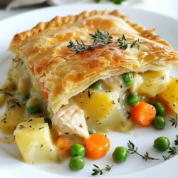 To make Joanna Gaines' Chicken Pot Pie, you will need the following: - 2 cups cooked chicken, diced - 1 cup frozen peas and carrots mix - 1 cup diced potatoes, cooked - 1/2 cup onion, chopped - 1/2 cup celery, chopped - 3 tablespoons butter - 1/3 cup all-purpose flour - 1 3/4 cups chicken broth - 1/2 cup milk - 1 teaspoon dried thyme - 1 teaspoon garlic powder - Salt and pepper to taste - 1 pre-made pie crust (or homemade if preferred) - 1 egg (beaten, for egg wash) You can swap some ingredients to fit your taste or what you have on hand: - Use rotisserie chicken instead of cooking your own for a quicker option. - Swap frozen peas and carrots for fresh ones if you prefer. - You can replace the all-purpose flour with cornstarch for a gluten-free option. - Use vegetable broth instead of chicken broth for a vegetarian dish. - If you don't have thyme, try using rosemary or oregano for a different flavor. Using fresh ingredients makes a big difference in flavor. Here are some tips: - Choose bright green peas and vibrant orange carrots if using fresh. - Select firm, smooth potatoes for the best texture. - Look for onions that feel heavy for their size and have no soft spots. - Buy celery with crisp stalks for crunch and freshness. - Store fresh herbs, like thyme, in a damp paper towel in the fridge to keep them fresh longer. These ingredient tips help you create a comforting and delicious Chicken Pot Pie. Enjoy cooking! {{ingredient_image_1}} 1. Preheat your oven to 425°F (220°C). This helps get a nice, golden crust. 2. In a large saucepan, melt 3 tablespoons of butter over medium heat. 3. Add 1/2 cup of chopped onion and 1/2 cup of chopped celery. Cook until soft, about 3-4 minutes. 4. Stir in 1/3 cup of all-purpose flour. Cook for one minute to form a roux. 5. Gradually whisk in 1 3/4 cups of chicken broth and 1/2 cup of milk. Cook until thick, about 5-7 minutes. 6. Mix in 2 cups of diced cooked chicken, 1 cup of frozen peas and carrots, and 1 cup of cooked diced potatoes. Add 1 teaspoon each of dried thyme and garlic powder. Season with salt and pepper to taste. 7. Pour the chicken mixture into a baking dish. Ovens can vary in heat. Keep an eye on the pie as it bakes. If your oven runs hot, reduce the temperature to 400°F (200°C). If it runs cool, you can increase it to 450°F (230°C). Check the pie at 25 minutes. If the crust looks golden, it’s ready! For a flaky crust, use a pre-made pie crust or make your own. Roll it out evenly. After placing it over the filling, press the edges to seal. Cut a few slits in the top for steam to escape. Brush with a beaten egg for a golden finish. This adds flavor and color! When making chicken pot pie, some mistakes can ruin your dish. First, avoid using raw chicken. Always use cooked chicken for the best results. Second, don’t skip the roux. This thickens the sauce and adds flavor. Lastly, watch the bake time. If you bake too long, the crust can burn. You can prepare chicken pot pie ahead of time. Make the filling and let it cool. Store it in the fridge for up to two days. You can also assemble the pie but wait to bake it. When ready, bake it fresh for the best taste. Just add a few extra minutes to the bake time if it’s cold. Serve your chicken pot pie on rustic plates. A sprinkle of fresh parsley adds color and flavor. Pair it with a fresh salad for a complete meal. You can also serve it with warm bread or biscuits to soak up the delicious filling. Enjoy every bite! Pro Tips Use Rotisserie Chicken: For a quicker prep time, consider using rotisserie chicken instead of cooking chicken from scratch. It adds flavor and saves time! Customize Your Vegetables: Feel free to swap out the peas and carrots for your favorite vegetables, such as corn or green beans, to personalize your pot pie. Make It Ahead: This chicken pot pie can be assembled ahead of time and refrigerated or frozen. Just add a few extra minutes to the baking time if it’s cold from the fridge or frozen. Use Fresh Herbs: For an enhanced flavor profile, incorporate fresh herbs such as thyme or parsley instead of dried ones. Fresh herbs can elevate the dish significantly. {{image_2}} To make a vegetarian version of Joanna Gaines Chicken Pot Pie, swap the chicken for hearty veggies. You can use: - 2 cups of cooked mushrooms, diced - 1 cup of chopped bell peppers - 1 cup of diced zucchini - 1 cup of frozen peas and carrots mix Cook the veggies in the same way you would the chicken. Use vegetable broth instead of chicken broth. This gives a rich flavor without meat. For a gluten-free chicken pot pie, you need to change a few key ingredients. Use gluten-free flour to make the roux. You can also use a gluten-free pie crust. Here’s what to do: - Replace all-purpose flour with 1/3 cup of gluten-free flour blend. - Choose a store-bought gluten-free pie crust or make your own. This way, anyone can enjoy this cozy dish without worry. Want to spice things up? You can add new flavors to your pot pie. Here are some ideas: - Spicy: Add 1 teaspoon of chili powder and some diced jalapeños to the filling. This adds a fun kick. - Herbaceous: Include fresh herbs like rosemary or parsley. This brightens the dish and adds depth. - Creamy: Stir in a bit of sour cream or cream cheese for a rich, velvety texture. These variations let you play with flavors and make the dish your own. To keep your chicken pot pie fresh, let it cool first. Then, place leftovers in an airtight container. Make sure to cover it well. Store it in the fridge for up to three days. If you want to enjoy it later, you can freeze it. When you're ready to eat leftovers, preheat your oven to 350°F (175°C). Place the pie in a baking dish. Cover it with foil to prevent the crust from burning. Heat for about 20 to 25 minutes. If you want a crispy crust, remove the foil for the last 5 minutes. To freeze your chicken pot pie, first, let it cool completely. Wrap it tightly in plastic wrap, then in foil. This helps prevent freezer burn. You can freeze it for up to three months. When you're ready to bake, thaw it in the fridge overnight before reheating. Enjoy a warm slice anytime! Joanna Gaines Chicken Pot Pie can last in the fridge for about 3 to 4 days. Make sure to cover it well. Use plastic wrap or a tight lid to keep it fresh. If you notice any off smells or mold, it’s best to throw it away. Yes, you can use rotisserie chicken for this recipe. It saves time and adds great flavor. Just shred the chicken and mix it with the other ingredients. This shortcut makes the dish even easier to prepare while keeping it tasty. To freeze chicken pot pie, let it cool completely first. Wrap it tightly in plastic wrap and then in foil. This prevents freezer burn. You can also freeze it before baking. Just make sure to add extra baking time when you cook it from frozen. We explored the essential ingredients for Joanna Gaines Chicken Pot Pie and how to choose fresh ones. You learned step-by-step how to prepare and cook, ensuring a perfect crust. I also shared tips to avoid common mistakes and how to store leftovers seamlessly. Finally, I highlighted tasty variations and answered common FAQs. With this guide, you can make a delicious chicken pot pie confidently. Enjoy your cooking journey and impress your family and friends!