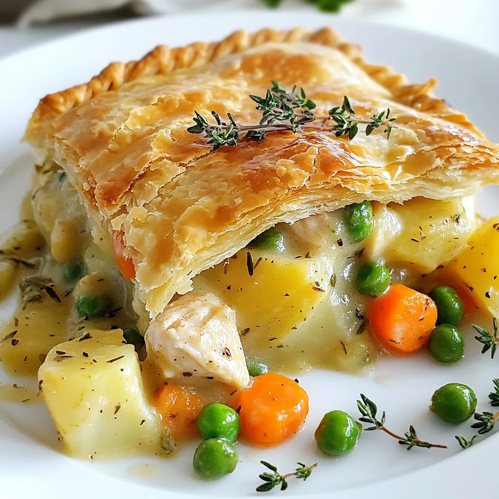 To make Joanna Gaines' Chicken Pot Pie, you will need the following: - 2 cups cooked chicken, diced - 1 cup frozen peas and carrots mix - 1 cup diced potatoes, cooked - 1/2 cup onion, chopped - 1/2 cup celery, chopped - 3 tablespoons butter - 1/3 cup all-purpose flour - 1 3/4 cups chicken broth - 1/2 cup milk - 1 teaspoon dried thyme - 1 teaspoon garlic powder - Salt and pepper to taste - 1 pre-made pie crust (or homemade if preferred) - 1 egg (beaten, for egg wash) You can swap some ingredients to fit your taste or what you have on hand: - Use rotisserie chicken instead of cooking your own for a quicker option. - Swap frozen peas and carrots for fresh ones if you prefer. - You can replace the all-purpose flour with cornstarch for a gluten-free option. - Use vegetable broth instead of chicken broth for a vegetarian dish. - If you don't have thyme, try using rosemary or oregano for a different flavor. Using fresh ingredients makes a big difference in flavor. Here are some tips: - Choose bright green peas and vibrant orange carrots if using fresh. - Select firm, smooth potatoes for the best texture. - Look for onions that feel heavy for their size and have no soft spots. - Buy celery with crisp stalks for crunch and freshness. - Store fresh herbs, like thyme, in a damp paper towel in the fridge to keep them fresh longer. These ingredient tips help you create a comforting and delicious Chicken Pot Pie. Enjoy cooking! {{ingredient_image_1}} 1. Preheat your oven to 425°F (220°C). This helps get a nice, golden crust. 2. In a large saucepan, melt 3 tablespoons of butter over medium heat. 3. Add 1/2 cup of chopped onion and 1/2 cup of chopped celery. Cook until soft, about 3-4 minutes. 4. Stir in 1/3 cup of all-purpose flour. Cook for one minute to form a roux. 5. Gradually whisk in 1 3/4 cups of chicken broth and 1/2 cup of milk. Cook until thick, about 5-7 minutes. 6. Mix in 2 cups of diced cooked chicken, 1 cup of frozen peas and carrots, and 1 cup of cooked diced potatoes. Add 1 teaspoon each of dried thyme and garlic powder. Season with salt and pepper to taste. 7. Pour the chicken mixture into a baking dish. Ovens can vary in heat. Keep an eye on the pie as it bakes. If your oven runs hot, reduce the temperature to 400°F (200°C). If it runs cool, you can increase it to 450°F (230°C). Check the pie at 25 minutes. If the crust looks golden, it’s ready! For a flaky crust, use a pre-made pie crust or make your own. Roll it out evenly. After placing it over the filling, press the edges to seal. Cut a few slits in the top for steam to escape. Brush with a beaten egg for a golden finish. This adds flavor and color! When making chicken pot pie, some mistakes can ruin your dish. First, avoid using raw chicken. Always use cooked chicken for the best results. Second, don’t skip the roux. This thickens the sauce and adds flavor. Lastly, watch the bake time. If you bake too long, the crust can burn. You can prepare chicken pot pie ahead of time. Make the filling and let it cool. Store it in the fridge for up to two days. You can also assemble the pie but wait to bake it. When ready, bake it fresh for the best taste. Just add a few extra minutes to the bake time if it’s cold. Serve your chicken pot pie on rustic plates. A sprinkle of fresh parsley adds color and flavor. Pair it with a fresh salad for a complete meal. You can also serve it with warm bread or biscuits to soak up the delicious filling. Enjoy every bite! Pro Tips Use Rotisserie Chicken: For a quicker prep time, consider using rotisserie chicken instead of cooking chicken from scratch. It adds flavor and saves time! Customize Your Vegetables: Feel free to swap out the peas and carrots for your favorite vegetables, such as corn or green beans, to personalize your pot pie. Make It Ahead: This chicken pot pie can be assembled ahead of time and refrigerated or frozen. Just add a few extra minutes to the baking time if it’s cold from the fridge or frozen. Use Fresh Herbs: For an enhanced flavor profile, incorporate fresh herbs such as thyme or parsley instead of dried ones. Fresh herbs can elevate the dish significantly. {{image_2}} To make a vegetarian version of Joanna Gaines Chicken Pot Pie, swap the chicken for hearty veggies. You can use: - 2 cups of cooked mushrooms, diced - 1 cup of chopped bell peppers - 1 cup of diced zucchini - 1 cup of frozen peas and carrots mix Cook the veggies in the same way you would the chicken. Use vegetable broth instead of chicken broth. This gives a rich flavor without meat. For a gluten-free chicken pot pie, you need to change a few key ingredients. Use gluten-free flour to make the roux. You can also use a gluten-free pie crust. Here’s what to do: - Replace all-purpose flour with 1/3 cup of gluten-free flour blend. - Choose a store-bought gluten-free pie crust or make your own. This way, anyone can enjoy this cozy dish without worry. Want to spice things up? You can add new flavors to your pot pie. Here are some ideas: - Spicy: Add 1 teaspoon of chili powder and some diced jalapeños to the filling. This adds a fun kick. - Herbaceous: Include fresh herbs like rosemary or parsley. This brightens the dish and adds depth. - Creamy: Stir in a bit of sour cream or cream cheese for a rich, velvety texture. These variations let you play with flavors and make the dish your own. To keep your chicken pot pie fresh, let it cool first. Then, place leftovers in an airtight container. Make sure to cover it well. Store it in the fridge for up to three days. If you want to enjoy it later, you can freeze it. When you're ready to eat leftovers, preheat your oven to 350°F (175°C). Place the pie in a baking dish. Cover it with foil to prevent the crust from burning. Heat for about 20 to 25 minutes. If you want a crispy crust, remove the foil for the last 5 minutes. To freeze your chicken pot pie, first, let it cool completely. Wrap it tightly in plastic wrap, then in foil. This helps prevent freezer burn. You can freeze it for up to three months. When you're ready to bake, thaw it in the fridge overnight before reheating. Enjoy a warm slice anytime! Joanna Gaines Chicken Pot Pie can last in the fridge for about 3 to 4 days. Make sure to cover it well. Use plastic wrap or a tight lid to keep it fresh. If you notice any off smells or mold, it’s best to throw it away. Yes, you can use rotisserie chicken for this recipe. It saves time and adds great flavor. Just shred the chicken and mix it with the other ingredients. This shortcut makes the dish even easier to prepare while keeping it tasty. To freeze chicken pot pie, let it cool completely first. Wrap it tightly in plastic wrap and then in foil. This prevents freezer burn. You can also freeze it before baking. Just make sure to add extra baking time when you cook it from frozen. We explored the essential ingredients for Joanna Gaines Chicken Pot Pie and how to choose fresh ones. You learned step-by-step how to prepare and cook, ensuring a perfect crust. I also shared tips to avoid common mistakes and how to store leftovers seamlessly. Finally, I highlighted tasty variations and answered common FAQs. With this guide, you can make a delicious chicken pot pie confidently. Enjoy your cooking journey and impress your family and friends!