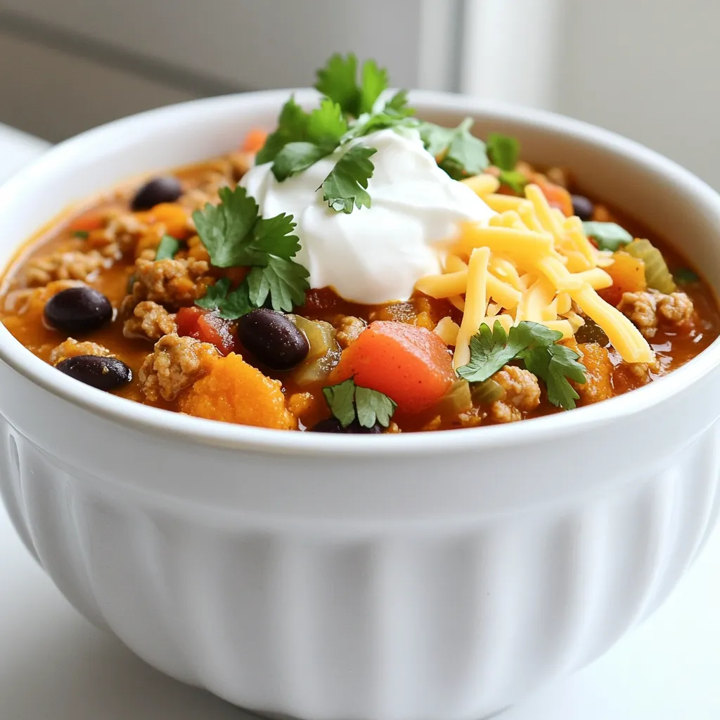 - 1 pound ground turkey - 1 can (15 oz) pumpkin puree - 1 can (15 oz) black beans, drained and rinsed - 1 can (15 oz) diced tomatoes (no added salt) In this chili, ground turkey serves as a lean base. It adds protein without too much fat. Pumpkin puree brings a creamy texture and a slight sweetness. Black beans add fiber and a rich flavor. Diced tomatoes provide acidity and balance the dish. - 1 onion, diced - 2 cloves garlic, minced - 1 red bell pepper, diced - 1 green bell pepper, diced These vegetables boost the flavor and add freshness. Onion and garlic create a strong flavor base. Red and green bell peppers add crunch and color. Their sweetness contrasts nicely with the spices. - 2 cups chicken broth - 2 tablespoons chili powder - 1 teaspoon cumin - 1 teaspoon smoked paprika - Salt and pepper to taste Chicken broth adds depth to the chili. Chili powder gives it warmth and spice. Cumin adds a nutty taste, while smoked paprika gives a unique, smoky flavor. Salt and pepper enhance all the tastes and balance the dish. First, heat a large skillet over medium heat. Add 1 pound of ground turkey. Cook it until it’s fully brown, breaking it into small pieces. This step adds flavor and texture. After browning, pour the turkey into a colander to drain any excess fat. This keeps the chili light and healthy. Now, in the slow cooker, add your diced onion, minced garlic, and both red and green bell peppers. Next, pour in the 15 oz can of pumpkin puree, the 15 oz can of black beans (make sure they are drained and rinsed), and the 15 oz can of diced tomatoes. Don’t forget the 2 cups of chicken broth. Stir everything well to mix the ingredients together. Then, add the spices: 2 tablespoons of chili powder, 1 teaspoon of cumin, and 1 teaspoon of smoked paprika. Season with salt and pepper to taste. Stir again to ensure the spices are evenly distributed. Cover the slow cooker with its lid. Set it to low for 6 to 8 hours or high for 3 to 4 hours. This slow cooking allows the flavors to meld beautifully. Make sure to check it near the end of the cooking time. If needed, taste it and adjust the seasoning. Enjoy the aroma that fills your kitchen! To make your slow cooker pumpkin turkey chili even better, you can adjust the spices and seasonings. If you like more heat, add extra chili powder or a pinch of cayenne. For deeper flavor, try adding a splash of soy sauce or Worcestershire sauce. You can also add more vegetables to boost nutrition. Consider tossing in corn, zucchini, or even carrots. These will add color and flavor to your chili. Just chop them small so they cook through properly. Using fresh ingredients is key to a great chili. Fresh vegetables and herbs bring better taste. If you can, pick your veggies at the market. Preparing ahead is smart for meal prep. You can chop veggies and cook the turkey the night before. This saves time and makes it easy to toss everything in the slow cooker in the morning. For toppings, shredded cheese adds creaminess. Sour cream provides a tangy bite. Fresh cilantro gives a pop of flavor and color. Pair your chili with crusty bread or cornbread. This will soak up all the tasty broth. A simple green salad on the side adds a nice crunch. Enjoy your meal with friends and family! {{image_2}} You can switch out the ground turkey for ground beef or chicken. Both options add a different flavor and texture to the chili. For those who want a vegetarian dish, lentils work great. They provide protein and absorb the spices well. To elevate the flavor, consider adding chipotle peppers. They give a nice smoky touch that pairs well with pumpkin. If you like sweetness, try adding maple syrup or honey. These ingredients balance the spices and make the dish unique. Using seasonal vegetables can enhance your chili. Think about adding zucchini, corn, or sweet potatoes in the fall. Different beans can also change the texture. Try kidney beans or pinto beans for extra variety. Each option will add its own twist to the dish. You can keep your slow cooker pumpkin turkey chili in the fridge for about 3 to 4 days. Store it in airtight containers to keep it fresh. Glass or plastic containers with tight lids work best. This way, your chili stays tasty and safe to eat. If you want to save some for later, freezing is a great option. Divide your chili into single-serving sizes. Use freezer-safe bags or containers. Make sure to leave some space for the chili to expand. When ready to eat, thaw it overnight in the fridge. Reheat it on the stove or in the microwave until hot. Preparing this chili ahead of time makes meals easy. You can chop the veggies and cook the turkey a day before. Mix all the ingredients in the slow cooker in the morning. This gives you a hot meal ready when you get home. Portion the chili into bowls for easy meals during the week. Just heat and serve! Yes, you can use fresh pumpkin. First, peel and chop the pumpkin into cubes. Then, cook it until soft. Mash the cooked pumpkin to get a smooth texture. This fresh pumpkin adds a nice flavor and texture. Absolutely! You can add more chili powder or use a spicy variety. Another option is to add chopped jalapeños or crushed red pepper flakes. For a smoky kick, try chipotle peppers in adobo sauce. If your chili is too watery, you have a few options. You can let it cook a bit longer with the lid off to reduce liquid. Another method is to stir in a bit of cornstarch mixed with water. Finally, adding more pumpkin puree can also help. Chili pairs well with many sides. Consider serving it with cornbread, tortilla chips, or a simple green salad. You can also offer rice or quinoa for a filling option. Don’t forget to include toppings like cheese and sour cream. Yes, this recipe can easily be doubled. Just use a larger slow cooker to fit all the ingredients. Keep the cooking times the same, but check it a little earlier to ensure it cooks evenly. This blog shares an easy chili recipe with ground turkey, pumpkin, and black beans. You learned about main ingredients, spices, and how to cook in a slow cooker. Tips for adjusting flavor and meal prep make it easier. You can try different proteins and seasonal veggies for variety. Remember to store your chili right for leftovers. Enjoy making this hearty dish that fits any taste! Happy cooking!