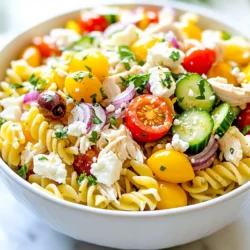 - 2 cups rotini pasta - 2 cups cooked chicken, shredded or diced - 1 cup cherry tomatoes, halved - 1 cucumber, diced - 1/2 cup red onion, finely chopped - 1/2 cup Kalamata olives, pitted and halved - 1/2 cup feta cheese, crumbled - 1/4 cup fresh parsley, chopped - 1/4 cup olive oil - 2 tablespoons red wine vinegar (or balsamic vinegar) - 1 teaspoon dried oregano - Salt and pepper to taste When measuring ingredients, use standard measuring cups for accuracy. For the pasta, ensure you measure it dry. After cooking, the rotini will expand in size. When measuring liquids, like olive oil and vinegar, use a liquid measuring cup. This helps you get the right amount for the dressing. Feel free to add extra ingredients to your salad. You can include bell peppers for crunch or avocado for creaminess. Artichokes and sun-dried tomatoes can add great flavors too. If you like spice, consider adding a pinch of red pepper flakes. These choices can personalize your salad and make it even tastier. {{ingredient_image_1}} First, boil a pot of water. Add a pinch of salt for flavor. Then, cook 2 cups of rotini pasta. Follow the package instructions until it is al dente. This should take about 8 to 10 minutes. Once done, drain the pasta and rinse it under cold water. This cools the pasta down and stops the cooking. Grab a large mixing bowl. In this bowl, add the cooled pasta. Next, add 2 cups of cooked chicken, shredded or diced. Then, toss in 1 cup of halved cherry tomatoes, 1 diced cucumber, and 1/2 cup of finely chopped red onion. Don’t forget 1/2 cup of pitted and halved Kalamata olives, 1/2 cup of crumbled feta cheese, and 1/4 cup of chopped fresh parsley. Mix these ingredients gently to combine them well. Now, take a small bowl. In this bowl, whisk together 1/4 cup of olive oil and 2 tablespoons of red wine vinegar. You can also use balsamic vinegar if you prefer. Add 1 teaspoon of dried oregano, and a pinch of salt and pepper to taste. Whisk until the dressing is smooth and well mixed. Pour the dressing over the pasta and chicken mixture. Toss everything gently to coat all the ingredients. Make sure the pasta and chicken are evenly covered with the dressing. Cover the salad with plastic wrap and refrigerate for at least 30 minutes. This allows the flavors to meld together. Before serving, give the salad a gentle toss again and adjust the seasoning if needed. To get the best pasta, cook the rotini until it is al dente. This means it should be firm but not hard. Follow the package instructions for time. After cooking, drain it well and rinse it under cold water. This helps stop the cooking process. Rinsing also cools the pasta fast, so it mixes well with the other fresh ingredients. To boost the taste, use fresh herbs like parsley. Fresh herbs make a big difference. You can also try adding lemon juice for a zesty kick. Adding a pinch of red pepper flakes gives a nice heat. Mix the dressing well and let the salad chill. This lets all the flavors blend together, making each bite amazing. Serve the salad in a large bowl for a family-style meal. You can also use individual bowls for a nice touch. Sprinkle some extra feta cheese on top for color. Add a few whole olives or parsley leaves for garnish. This makes the dish look as good as it tastes! Pro Tips Use Fresh Ingredients: Fresh vegetables and herbs enhance the flavor and nutritional value of your salad. Opt for in-season produce for the best taste. Chill Before Serving: Allowing the salad to chill in the refrigerator for at least 30 minutes helps the flavors meld together, resulting in a more delicious dish. Customize Your Protein: Feel free to substitute the chicken with grilled shrimp, chickpeas, or even roasted vegetables for a vegetarian option. Make it Ahead: This salad keeps well in the fridge for a day or two, making it a perfect make-ahead option for meal prep or gatherings. {{image_2}} You can easily make this salad vegetarian. Skip the chicken and add more veggies. Try using chickpeas for protein and fiber. They add a nice texture too. You can also add artichoke hearts or roasted red peppers. These ingredients will bring rich flavors to your dish. If you want to switch up the protein, there are many choices. Shrimp or salmon work great for a seafood twist. You can also use turkey or tofu for a different taste. Both options blend well with the Mediterranean flavors. Just cook them as you like, and toss them in. The dressing can change the salad's vibe. If you want a zesty kick, try lemon juice instead of vinegar. You can also use Greek yogurt for a creamy texture. For a spicy touch, add a bit of sriracha or chili flakes. These options will make your salad unique and more exciting. To keep your Mediterranean chicken pasta salad fresh, store it in an airtight container. This helps prevent moisture loss and keeps flavors intact. Place the salad in the fridge right after you make it. If you have leftovers, make sure to cover them well. Avoid adding extra dressing until you are ready to eat. This will help keep the pasta from getting soggy. Reheating this salad isn’t usually needed. It tastes great cold. If you prefer it warm, heat portions in the microwave for 30 seconds. Stir it gently to mix the heat evenly. Be careful not to overheat. Overcooking will change the texture of the chicken and pasta. When stored properly, your Mediterranean chicken pasta salad can last up to three days in the fridge. After that, the flavors may fade. If you notice any off smells or changes in texture, it’s best to toss it. Always trust your senses. Enjoy your meal within a few days for the best taste! Yes, you can make this salad in advance. It tastes even better after sitting. The flavors mix well when you let it chill in the fridge. I suggest making it a few hours ahead or the night before. Just remember to stir it before serving. You can add many different vegetables! Try bell peppers, zucchini, or spinach for extra color and taste. Artichoke hearts or roasted red peppers also work well. Feel free to mix in what you love or have on hand. No, this salad is not gluten-free due to the rotini pasta. But you can use gluten-free pasta instead. This swap keeps the dish tasty and friendly for those who avoid gluten. Yes, using rotisserie chicken is a great idea! It saves time and adds flavor. Just shred or dice the chicken before mixing it in. This makes the salad quick to prepare and still delightful. In this article, we covered key steps to make a delicious salad. We explored the right ingredients, how to cook the pasta, and the perfect dressings. I shared tips for the best flavor and ways to store your salad. There are many variations you can try, too. You can modify it based on your taste and needs. By following these steps, you will create a satisfying and healthy dish that everyone will enjoy. Happy cooking!