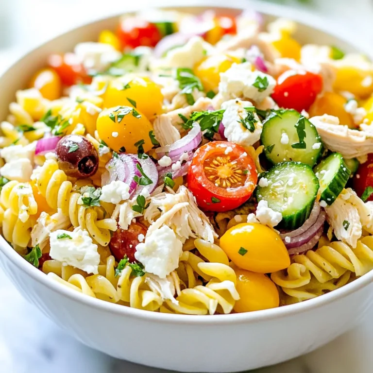 - 2 cups rotini pasta - 2 cups cooked chicken, shredded or diced - 1 cup cherry tomatoes, halved - 1 cucumber, diced - 1/2 cup red onion, finely chopped - 1/2 cup Kalamata olives, pitted and halved - 1/2 cup feta cheese, crumbled - 1/4 cup fresh parsley, chopped - 1/4 cup olive oil - 2 tablespoons red wine vinegar (or balsamic vinegar) - 1 teaspoon dried oregano - Salt and pepper to taste When measuring ingredients, use standard measuring cups for accuracy. For the pasta, ensure you measure it dry. After cooking, the rotini will expand in size. When measuring liquids, like olive oil and vinegar, use a liquid measuring cup. This helps you get the right amount for the dressing. Feel free to add extra ingredients to your salad. You can include bell peppers for crunch or avocado for creaminess. Artichokes and sun-dried tomatoes can add great flavors too. If you like spice, consider adding a pinch of red pepper flakes. These choices can personalize your salad and make it even tastier. {{ingredient_image_1}} First, boil a pot of water. Add a pinch of salt for flavor. Then, cook 2 cups of rotini pasta. Follow the package instructions until it is al dente. This should take about 8 to 10 minutes. Once done, drain the pasta and rinse it under cold water. This cools the pasta down and stops the cooking. Grab a large mixing bowl. In this bowl, add the cooled pasta. Next, add 2 cups of cooked chicken, shredded or diced. Then, toss in 1 cup of halved cherry tomatoes, 1 diced cucumber, and 1/2 cup of finely chopped red onion. Don’t forget 1/2 cup of pitted and halved Kalamata olives, 1/2 cup of crumbled feta cheese, and 1/4 cup of chopped fresh parsley. Mix these ingredients gently to combine them well. Now, take a small bowl. In this bowl, whisk together 1/4 cup of olive oil and 2 tablespoons of red wine vinegar. You can also use balsamic vinegar if you prefer. Add 1 teaspoon of dried oregano, and a pinch of salt and pepper to taste. Whisk until the dressing is smooth and well mixed. Pour the dressing over the pasta and chicken mixture. Toss everything gently to coat all the ingredients. Make sure the pasta and chicken are evenly covered with the dressing. Cover the salad with plastic wrap and refrigerate for at least 30 minutes. This allows the flavors to meld together. Before serving, give the salad a gentle toss again and adjust the seasoning if needed. To get the best pasta, cook the rotini until it is al dente. This means it should be firm but not hard. Follow the package instructions for time. After cooking, drain it well and rinse it under cold water. This helps stop the cooking process. Rinsing also cools the pasta fast, so it mixes well with the other fresh ingredients. To boost the taste, use fresh herbs like parsley. Fresh herbs make a big difference. You can also try adding lemon juice for a zesty kick. Adding a pinch of red pepper flakes gives a nice heat. Mix the dressing well and let the salad chill. This lets all the flavors blend together, making each bite amazing. Serve the salad in a large bowl for a family-style meal. You can also use individual bowls for a nice touch. Sprinkle some extra feta cheese on top for color. Add a few whole olives or parsley leaves for garnish. This makes the dish look as good as it tastes! Pro Tips Use Fresh Ingredients: Fresh vegetables and herbs enhance the flavor and nutritional value of your salad. Opt for in-season produce for the best taste. Chill Before Serving: Allowing the salad to chill in the refrigerator for at least 30 minutes helps the flavors meld together, resulting in a more delicious dish. Customize Your Protein: Feel free to substitute the chicken with grilled shrimp, chickpeas, or even roasted vegetables for a vegetarian option. Make it Ahead: This salad keeps well in the fridge for a day or two, making it a perfect make-ahead option for meal prep or gatherings. {{image_2}} You can easily make this salad vegetarian. Skip the chicken and add more veggies. Try using chickpeas for protein and fiber. They add a nice texture too. You can also add artichoke hearts or roasted red peppers. These ingredients will bring rich flavors to your dish. If you want to switch up the protein, there are many choices. Shrimp or salmon work great for a seafood twist. You can also use turkey or tofu for a different taste. Both options blend well with the Mediterranean flavors. Just cook them as you like, and toss them in. The dressing can change the salad's vibe. If you want a zesty kick, try lemon juice instead of vinegar. You can also use Greek yogurt for a creamy texture. For a spicy touch, add a bit of sriracha or chili flakes. These options will make your salad unique and more exciting. To keep your Mediterranean chicken pasta salad fresh, store it in an airtight container. This helps prevent moisture loss and keeps flavors intact. Place the salad in the fridge right after you make it. If you have leftovers, make sure to cover them well. Avoid adding extra dressing until you are ready to eat. This will help keep the pasta from getting soggy. Reheating this salad isn’t usually needed. It tastes great cold. If you prefer it warm, heat portions in the microwave for 30 seconds. Stir it gently to mix the heat evenly. Be careful not to overheat. Overcooking will change the texture of the chicken and pasta. When stored properly, your Mediterranean chicken pasta salad can last up to three days in the fridge. After that, the flavors may fade. If you notice any off smells or changes in texture, it’s best to toss it. Always trust your senses. Enjoy your meal within a few days for the best taste! Yes, you can make this salad in advance. It tastes even better after sitting. The flavors mix well when you let it chill in the fridge. I suggest making it a few hours ahead or the night before. Just remember to stir it before serving. You can add many different vegetables! Try bell peppers, zucchini, or spinach for extra color and taste. Artichoke hearts or roasted red peppers also work well. Feel free to mix in what you love or have on hand. No, this salad is not gluten-free due to the rotini pasta. But you can use gluten-free pasta instead. This swap keeps the dish tasty and friendly for those who avoid gluten. Yes, using rotisserie chicken is a great idea! It saves time and adds flavor. Just shred or dice the chicken before mixing it in. This makes the salad quick to prepare and still delightful. In this article, we covered key steps to make a delicious salad. We explored the right ingredients, how to cook the pasta, and the perfect dressings. I shared tips for the best flavor and ways to store your salad. There are many variations you can try, too. You can modify it based on your taste and needs. By following these steps, you will create a satisfying and healthy dish that everyone will enjoy. Happy cooking!