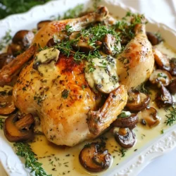 - 1 whole chicken (3-4 lbs) - Fresh herbs: rosemary, thyme - Garlic and lemon zest - Button mushrooms and heavy cream To make Herb Roasted Chicken with Creamy Mushrooms, you need a few main ingredients. Start with a whole chicken, weighing between 3 to 4 pounds. Fresh rosemary and thyme add a fragrant touch. Garlic and lemon zest boost the flavor. You will also need button mushrooms and heavy cream for the sauce. - Olive oil - Salt and pepper - Chicken broth Next, check your pantry for some staples. Grab olive oil, salt, and pepper for seasoning. Chicken broth adds depth to the mushroom sauce. These items make your dish flavorful and rich. - Chopped parsley Finally, don’t forget the garnish! Chopped parsley not only adds color but also fresh flavor. It makes your dish look appealing and inviting. With these ingredients, you can create a delightful meal that’s sure to impress. {{ingredient_image_1}} 1. Preheating the oven: Start by preheating your oven to 425°F (220°C). This helps the chicken cook evenly and get a nice, crispy skin. 2. Mixing the herb paste: In a small bowl, mix together 2 tablespoons of olive oil, 2 tablespoons of chopped rosemary, 1 tablespoon of chopped thyme, 1 tablespoon of minced garlic, 1 teaspoon of lemon zest, and salt and pepper to taste. This will be your flavorful herb paste. 3. Rubbing the chicken: Take the whole chicken and rub the herb paste all over it. Be sure to get some of the paste under the skin. This adds great flavor to the meat. 1. Placing the chicken in the oven: Put the chicken on a roasting rack in a roasting pan. This allows hot air to circulate around the chicken. 2. Roasting duration and checking doneness: Roast the chicken for 1 hour to 1 hour 15 minutes. Use a meat thermometer to check that it reaches 165°F (75°C) inside. The skin should be golden brown. 1. Sautéing mushrooms: While the chicken roasts, heat a splash of olive oil in a skillet over medium heat. Add 8 ounces of sliced button mushrooms. Sauté them for about 5-7 minutes until they are tender and golden. 2. Adding chicken broth and cream: Pour in 1/2 cup of chicken broth and let it simmer for 2-3 minutes. Then, lower the heat and stir in 1 cup of heavy cream. 3. Seasoning and thickening sauce: Cook the sauce for another 3-5 minutes until it thickens slightly. Season with salt and pepper to taste. This will create a rich, creamy sauce to serve over the chicken. To achieve a perfect roast, you need even cooking. Start by rubbing the herb paste under the skin of the chicken. This helps the flavors soak in well. Make sure your oven is preheated to 425°F. This high heat gives you a golden skin. Check the chicken's internal temperature with a meat thermometer. It should reach 165°F. After roasting, let the chicken rest for 10 minutes. This step helps the juices settle, keeping the meat moist. To adjust the creaminess of the sauce, you can use less or more heavy cream. For a lighter sauce, try half-and-half instead of cream. If you want to add more flavors, consider white wine. Add a splash when you sauté the mushrooms. Fresh herbs, like thyme or parsley, can also boost the flavor. Just stir them in at the end for a fresh taste. Carving the chicken can be simple. Start by cutting off the legs and wings. Then slice the breast meat. Arrange the pieces on a large platter. Drizzle the creamy mushrooms over the top. This makes the dish look inviting. For an extra touch, sprinkle fresh parsley on top. Serve it with roasted vegetables or a fresh salad for a complete meal. Pro Tips Rest the Chicken: Allowing the chicken to rest for 10 minutes after roasting helps the juices redistribute, ensuring a moist and flavorful result. Use a Meat Thermometer: To ensure your chicken is perfectly cooked, use a meat thermometer to check that the internal temperature reaches 165°F (75°C). Enhance Mushroom Flavor: For an added depth of flavor, consider deglazing the mushroom skillet with a splash of white wine before adding the cream. Experiment with Herbs: Feel free to mix and match herbs like sage or oregano for different flavor profiles in your herb paste. {{image_2}} You can use different chicken parts for this dish. Chicken breasts or thighs work well. They cook faster and stay juicy. You can also substitute the whole chicken with turkey. A turkey breast gives a similar flavor and is great for holidays. If you want variety in mushrooms, try shiitake or cremini. They add unique flavors. You can also add vegetables like spinach or peas. These veggies enhance nutrition and taste. Feel free to mix up the herbs. Basil or oregano can add a new twist. You can also use different citrus zest, like lime or orange. These zests brighten the dish and add fresh notes. After you enjoy your herb roasted chicken with creamy mushrooms, store leftovers in the fridge. Place the chicken and mushrooms in an airtight container. This helps keep them fresh. You can enjoy the leftovers for up to four days. Just make sure to let them cool before sealing. You can also freeze this dish for later. To freeze the chicken and sauce, let them cool completely. Then, wrap the chicken tightly in plastic wrap and place it in a freezer bag. For the creamy mushrooms, pour them into a freezer-safe container. They can last up to three months in the freezer. When you're ready to enjoy again, thaw the chicken in the fridge overnight. Reheat it in the oven at 350°F (175°C) until it reaches 165°F (75°C). For the mushrooms, heat them in a saucepan over medium heat. Add a splash of broth or cream to help them warm up nicely. This recipe is perfect for meal prep. You can make it ahead for a busy week. Cook the chicken and sauce on the weekend. Then, divide them into portions. Store them in the fridge for easy meals during the week. Serve your pre-made meals with quick sides like a salad or roasted veggies. This keeps it simple and fresh. You’ll have tasty meals ready to go, saving you time and effort later. Roasting time depends on the weight of your chicken. For a whole chicken weighing 3 to 4 pounds, it takes about 1 hour to 1 hour and 15 minutes. The key is to check the internal temperature. It should reach 165°F (75°C) in the thickest part. If you have a larger chicken, add more time. Always let it rest for 10 minutes after roasting. Many side dishes go well with herb roasted chicken. Here are some great choices: - Roasted vegetables like carrots, potatoes, and Brussels sprouts - A fresh garden salad with a light vinaigrette - Garlic mashed potatoes for a creamy touch - Steamed green beans or asparagus for a crunchy side - Rice pilaf to soak up the creamy mushroom sauce These sides enhance the flavors of the chicken and make your meal complete. Yes, you can prepare this dish ahead of time. Here are a few options: - Marinate the chicken: You can rub the herb paste on the chicken a day earlier. Cover it and store it in the fridge overnight. This way, the flavors deepen. - Cook and store: Roast the chicken and make the creamy mushrooms. Let them cool, then store them in airtight containers. They last in the fridge for up to 3 days. - Reheat: When ready to eat, just reheat the chicken in the oven and the mushrooms on the stove. This makes it easy for busy days or gatherings. This guide on Herb Roasted Chicken gives you easy steps to create a delicious meal. We covered the main ingredients like chicken, fresh herbs, and cream. You can adapt the recipe for different proteins and flavors. Don’t forget the tips for perfect roasting and storing leftovers. Remember, cooking is fun and less stressful with the right plan. Enjoy your time in the kitchen as you serve this tasty dish!