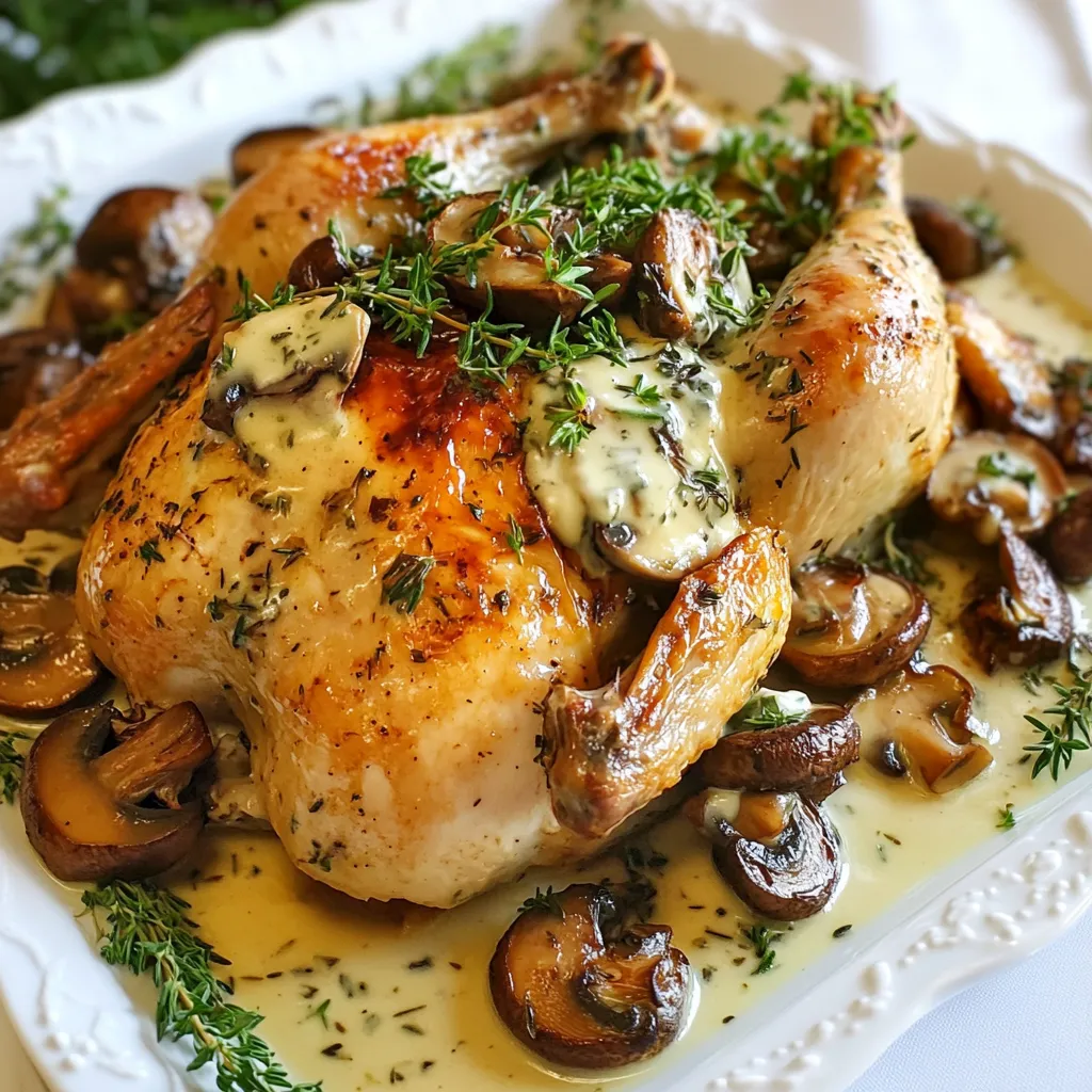 - 1 whole chicken (3-4 lbs) - Fresh herbs: rosemary, thyme - Garlic and lemon zest - Button mushrooms and heavy cream To make Herb Roasted Chicken with Creamy Mushrooms, you need a few main ingredients. Start with a whole chicken, weighing between 3 to 4 pounds. Fresh rosemary and thyme add a fragrant touch. Garlic and lemon zest boost the flavor. You will also need button mushrooms and heavy cream for the sauce. - Olive oil - Salt and pepper - Chicken broth Next, check your pantry for some staples. Grab olive oil, salt, and pepper for seasoning. Chicken broth adds depth to the mushroom sauce. These items make your dish flavorful and rich. - Chopped parsley Finally, don’t forget the garnish! Chopped parsley not only adds color but also fresh flavor. It makes your dish look appealing and inviting. With these ingredients, you can create a delightful meal that’s sure to impress. {{ingredient_image_1}} 1. Preheating the oven: Start by preheating your oven to 425°F (220°C). This helps the chicken cook evenly and get a nice, crispy skin. 2. Mixing the herb paste: In a small bowl, mix together 2 tablespoons of olive oil, 2 tablespoons of chopped rosemary, 1 tablespoon of chopped thyme, 1 tablespoon of minced garlic, 1 teaspoon of lemon zest, and salt and pepper to taste. This will be your flavorful herb paste. 3. Rubbing the chicken: Take the whole chicken and rub the herb paste all over it. Be sure to get some of the paste under the skin. This adds great flavor to the meat. 1. Placing the chicken in the oven: Put the chicken on a roasting rack in a roasting pan. This allows hot air to circulate around the chicken. 2. Roasting duration and checking doneness: Roast the chicken for 1 hour to 1 hour 15 minutes. Use a meat thermometer to check that it reaches 165°F (75°C) inside. The skin should be golden brown. 1. Sautéing mushrooms: While the chicken roasts, heat a splash of olive oil in a skillet over medium heat. Add 8 ounces of sliced button mushrooms. Sauté them for about 5-7 minutes until they are tender and golden. 2. Adding chicken broth and cream: Pour in 1/2 cup of chicken broth and let it simmer for 2-3 minutes. Then, lower the heat and stir in 1 cup of heavy cream. 3. Seasoning and thickening sauce: Cook the sauce for another 3-5 minutes until it thickens slightly. Season with salt and pepper to taste. This will create a rich, creamy sauce to serve over the chicken. To achieve a perfect roast, you need even cooking. Start by rubbing the herb paste under the skin of the chicken. This helps the flavors soak in well. Make sure your oven is preheated to 425°F. This high heat gives you a golden skin. Check the chicken's internal temperature with a meat thermometer. It should reach 165°F. After roasting, let the chicken rest for 10 minutes. This step helps the juices settle, keeping the meat moist. To adjust the creaminess of the sauce, you can use less or more heavy cream. For a lighter sauce, try half-and-half instead of cream. If you want to add more flavors, consider white wine. Add a splash when you sauté the mushrooms. Fresh herbs, like thyme or parsley, can also boost the flavor. Just stir them in at the end for a fresh taste. Carving the chicken can be simple. Start by cutting off the legs and wings. Then slice the breast meat. Arrange the pieces on a large platter. Drizzle the creamy mushrooms over the top. This makes the dish look inviting. For an extra touch, sprinkle fresh parsley on top. Serve it with roasted vegetables or a fresh salad for a complete meal. Pro Tips Rest the Chicken: Allowing the chicken to rest for 10 minutes after roasting helps the juices redistribute, ensuring a moist and flavorful result. Use a Meat Thermometer: To ensure your chicken is perfectly cooked, use a meat thermometer to check that the internal temperature reaches 165°F (75°C). Enhance Mushroom Flavor: For an added depth of flavor, consider deglazing the mushroom skillet with a splash of white wine before adding the cream. Experiment with Herbs: Feel free to mix and match herbs like sage or oregano for different flavor profiles in your herb paste. {{image_2}} You can use different chicken parts for this dish. Chicken breasts or thighs work well. They cook faster and stay juicy. You can also substitute the whole chicken with turkey. A turkey breast gives a similar flavor and is great for holidays. If you want variety in mushrooms, try shiitake or cremini. They add unique flavors. You can also add vegetables like spinach or peas. These veggies enhance nutrition and taste. Feel free to mix up the herbs. Basil or oregano can add a new twist. You can also use different citrus zest, like lime or orange. These zests brighten the dish and add fresh notes. After you enjoy your herb roasted chicken with creamy mushrooms, store leftovers in the fridge. Place the chicken and mushrooms in an airtight container. This helps keep them fresh. You can enjoy the leftovers for up to four days. Just make sure to let them cool before sealing. You can also freeze this dish for later. To freeze the chicken and sauce, let them cool completely. Then, wrap the chicken tightly in plastic wrap and place it in a freezer bag. For the creamy mushrooms, pour them into a freezer-safe container. They can last up to three months in the freezer. When you're ready to enjoy again, thaw the chicken in the fridge overnight. Reheat it in the oven at 350°F (175°C) until it reaches 165°F (75°C). For the mushrooms, heat them in a saucepan over medium heat. Add a splash of broth or cream to help them warm up nicely. This recipe is perfect for meal prep. You can make it ahead for a busy week. Cook the chicken and sauce on the weekend. Then, divide them into portions. Store them in the fridge for easy meals during the week. Serve your pre-made meals with quick sides like a salad or roasted veggies. This keeps it simple and fresh. You’ll have tasty meals ready to go, saving you time and effort later. Roasting time depends on the weight of your chicken. For a whole chicken weighing 3 to 4 pounds, it takes about 1 hour to 1 hour and 15 minutes. The key is to check the internal temperature. It should reach 165°F (75°C) in the thickest part. If you have a larger chicken, add more time. Always let it rest for 10 minutes after roasting. Many side dishes go well with herb roasted chicken. Here are some great choices: - Roasted vegetables like carrots, potatoes, and Brussels sprouts - A fresh garden salad with a light vinaigrette - Garlic mashed potatoes for a creamy touch - Steamed green beans or asparagus for a crunchy side - Rice pilaf to soak up the creamy mushroom sauce These sides enhance the flavors of the chicken and make your meal complete. Yes, you can prepare this dish ahead of time. Here are a few options: - Marinate the chicken: You can rub the herb paste on the chicken a day earlier. Cover it and store it in the fridge overnight. This way, the flavors deepen. - Cook and store: Roast the chicken and make the creamy mushrooms. Let them cool, then store them in airtight containers. They last in the fridge for up to 3 days. - Reheat: When ready to eat, just reheat the chicken in the oven and the mushrooms on the stove. This makes it easy for busy days or gatherings. This guide on Herb Roasted Chicken gives you easy steps to create a delicious meal. We covered the main ingredients like chicken, fresh herbs, and cream. You can adapt the recipe for different proteins and flavors. Don’t forget the tips for perfect roasting and storing leftovers. Remember, cooking is fun and less stressful with the right plan. Enjoy your time in the kitchen as you serve this tasty dish!