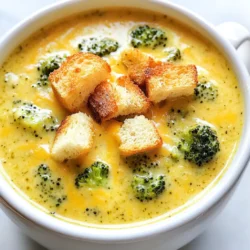 To make a great broccoli cheddar soup, you need a few key items: - 2 tablespoons butter - 1 medium onion, diced - 2 cloves garlic, minced - 3 cups broccoli florets - 4 cups vegetable broth - 1 cup heavy cream - 2 cups sharp cheddar cheese, grated - 1 teaspoon Dijon mustard - Salt and pepper to taste These ingredients form a rich base for your soup. The butter and onions create a lovely flavor. Garlic adds a nice aroma, and broccoli gives it color and health. The broth keeps it light, while cream and cheese make it creamy and cheesy. You can add these items for extra flavor: - 1/4 teaspoon nutmeg (optional) - 2 tablespoons flour (for thickening) - Croutons for garnish (optional) Nutmeg adds warmth and a hint of spice. If you want a thicker soup, use flour. Croutons bring a nice crunch on top! Having the right tools makes cooking easier: - A large pot for cooking - An immersion blender for smoothness - A small bowl for mixing flour and water Using these tools will help you create a smooth, creamy soup with ease. A large pot lets you cook all your ingredients together. The immersion blender makes blending a breeze. {{ingredient_image_1}} Start by melting 2 tablespoons of butter in a large pot over medium heat. Add the diced onion and cook for about 5 minutes. You want the onion to be soft and clear. Next, stir in 2 cloves of minced garlic and cook for 1 more minute. The smell will be amazing! Now, add 3 cups of broccoli florets and 4 cups of vegetable broth. Bring this mixture to a boil, then lower the heat. Let it simmer for 15 to 20 minutes until the broccoli is tender. After the broccoli is cooked, it's time to blend. You can use an immersion blender right in the pot. Blend until the soup is smooth. If you don’t have one, pour the soup into a blender in batches. Just be careful not to burn yourself! Once blended, it’s time to thicken the soup. Mix 2 tablespoons of flour with a tablespoon of water to make a smooth paste. Stir this into the soup. Now, stir in 1 cup of heavy cream, 1 teaspoon of Dijon mustard, and a pinch of nutmeg if you like. Let it cook for another 5 minutes on low heat. Gradually add 2 cups of grated sharp cheddar cheese, stirring until it melts. Taste your soup and add salt and pepper as needed. When ready to serve, ladle the soup into bowls. If you want, top with croutons for a nice crunch. Enjoy your creamy broccoli cheddar bliss! To make the best broccoli cheddar soup, keep these tips in mind: - Use fresh broccoli: Fresh florets give better taste and texture. - Sauté the onions well: Cook until they are just clear to enhance flavors. - Blend until smooth: A smooth soup feels creamy and delightful. - Add cheese slowly: Stir in the cheese gradually for a smooth melt. - Taste as you go: Adjust salt, pepper, and mustard to your liking. Here are some common mistakes that can ruin your soup: - Overcooking the broccoli: This can make it mushy and dull. - Skipping the blending step: A chunky soup misses that creamy texture. - Using low-quality cheese: Cheap cheese may not melt well. - Not seasoning enough: Seasoning boosts the soup's overall flavor. - Adding flour too quickly: Mix flour with water before adding to avoid lumps. Garnishes can elevate your soup's look and taste: - Croutons: Add crunch and texture to each spoonful. - Extra cheese: A sprinkle of cheddar on top adds richness. - Chopped herbs: Fresh parsley or chives bring color and brightness. - A swirl of cream: Drizzle cream for a nice visual touch. - Red pepper flakes: For a hint of spice, add just a pinch on top. Pro Tips Use Fresh Broccoli: Fresh broccoli not only tastes better but also retains more nutrients than frozen. Look for bright green florets without yellowing for the best results. Blend for Texture: For a smoother soup, use an immersion blender directly in the pot. If you prefer some texture, blend only half of the soup and leave the rest chunky. Cheese Selection: While sharp cheddar is traditional, consider mixing in other cheeses like Gruyère or Monterey Jack for a unique flavor profile. Season Gradually: Always taste your soup as you season. Start with a little salt and pepper, then adjust based on your preference to avoid over-seasoning. {{image_2}} To make a vegan version of broccoli cheddar soup, swap the heavy cream and cheese. Use coconut milk or cashew cream for creaminess. Nutritional yeast adds a cheesy flavor without dairy. You can also use a blend of plant-based cheeses. They melt well and taste great. This version keeps all the comfort while being plant-based. Want to boost the protein? Add cooked chickpeas or white beans. These will blend well with the soup. You can also stir in cooked quinoa for a hearty touch. If you prefer, use shredded rotisserie chicken for a meaty version. Each option makes the soup more filling and nutritious. Add a kick to your broccoli cheddar soup! Consider stirring in some red pepper flakes or paprika. This adds warmth without overpowering the flavor. For a zesty twist, squeeze in some fresh lemon juice. You can also mix in fresh herbs like thyme or parsley for added freshness. These small changes can elevate your soup game! You can store leftover broccoli cheddar soup in an airtight container. Keep it in the fridge for up to three days. Make sure to let the soup cool before sealing the container. This helps keep the soup fresh and tasty. When you want to eat it, just stir it well before heating. If you want to keep the soup longer, freezing is a great option. Pour the cooled soup into freezer-safe containers. Leave some space at the top for expansion. You can freeze it for up to three months. When ready to eat, thaw it in the fridge overnight before reheating. To reheat, use a pot on the stove over medium heat. Stir often to prevent sticking. If the soup is too thick, add a little broth or water to thin it. You can also microwave it in a safe bowl. Heat in short bursts, stirring in between. Enjoy your creamy soup just like when it was fresh! Broccoli cheddar soup can last about 3 to 4 days in the fridge. Store it in an airtight container to keep it fresh. If you want it to last longer, you can freeze it. When frozen, it can last up to 3 months. Just remember to thaw it in the fridge before reheating. Yes, you can make this soup ahead of time. It tastes even better the next day. Just cook it up, let it cool, and store it in the fridge. When you’re ready to eat, heat it on the stove or in the microwave. Stir it well to keep it smooth. If you need a substitute for heavy cream, try using half-and-half or whole milk mixed with a bit of butter. You can also use coconut milk for a dairy-free option. Just remember that these will change the taste and texture a bit. Adjust the seasonings as needed to keep it flavorful. In this blog post, I covered the key ingredients and steps to make broccoli cheddar soup. You learned about essential and optional ingredients, plus some recommended tools. I shared tips for making the soup perfect and common mistakes to avoid. Remember, you can also customize your soup with variations for different diets. Store your leftovers well to enjoy later. Overall, this soup is simple and delicious. You can impress your friends and family with this dish anytime.