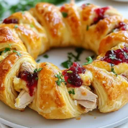 - 2 cans (8 oz each) refrigerated crescent dough - 2 cups cooked turkey, shredded - 1 cup cranberry sauce - 1 cup cream cheese, softened - 1/2 teaspoon garlic powder - 1/2 teaspoon onion powder - 1/4 teaspoon black pepper - 1 tablespoon fresh parsley, chopped (for garnish) - 1 egg beaten with 1 tablespoon water In this recipe, I focus on a few key ingredients that create a delicious blend. The crescent dough acts as a flaky base, while the turkey adds protein. The cranberry sauce brings a sweet tang, and the cream cheese adds creaminess. The seasonings are simple yet effective. Garlic powder and onion powder enhance the flavors without overpowering the dish. A pinch of black pepper helps to balance the sweetness of the cranberry sauce. Lastly, the egg wash gives the crescent ring a beautiful golden color. The chopped parsley not only looks good but also adds freshness. Each ingredient plays an important role, making this dish both simple and tasty. {{ingredient_image_1}} 1. First, preheat your oven to 375°F (190°C). This step is key for a well-cooked dish. 2. Next, take your baking sheet and line it with parchment paper. This helps with easy cleanup later. 3. Now, unroll the crescent dough. You will have two cans. Separate the dough into triangles. Arrange these triangles in a ring shape, overlapping the wide ends slightly. Leave a gap in the middle for a nice look. 4. In a mixing bowl, combine the shredded turkey, cranberry sauce, softened cream cheese, garlic powder, onion powder, and black pepper. Stir until everything is well mixed. 1. Spoon the turkey filling evenly over the wide ends of the crescent triangles. Make sure to spread it out well. 2. Carefully fold the pointed ends of the triangles over the filling. Tuck them under the base of the ring to keep the filling secure. 1. Brush the top of the crescent dough with the egg wash. This gives it a golden color when baked. 2. Place the baking sheet in the oven and bake for 20-25 minutes. You want the dough to be golden brown and cooked through. 3. After baking, remove the crescent ring from the oven. Let it cool for 5 minutes before slicing. 4. For a final touch, garnish with chopped parsley before serving. Enjoy your delicious Turkey Cranberry Crescent Ring! To make a great Turkey Cranberry Crescent Ring, you must ensure even filling distribution. Spread the turkey mixture across the wide ends of the triangles. This will help every bite have that tasty filling. Avoid overbaking for the best texture. The ring needs to be golden brown, not dark brown. Check it around 20 minutes. Pair this dish with simple sides. A fresh salad works well. Roasted veggies add color and flavor. For presentation, slice the ring into wedges. Place it on a large platter and sprinkle with parsley. This makes it look festive and inviting. You can prepare the filling in advance. Mix the turkey, cranberry sauce, and cream cheese a day before. Store it in the fridge until you are ready to bake. Use leftover turkey for convenience. This saves time and reduces waste. It also makes this dish a great way to enjoy holiday leftovers! Pro Tips Use Leftover Turkey: This recipe is perfect for utilizing leftover turkey from holiday meals, making it a cost-effective and delicious option. Customize Your Filling: Feel free to add extra ingredients like diced celery, chopped nuts, or shredded cheese to the turkey mixture for added flavor and texture. Keep Dough Cold: For the best results, keep your crescent dough chilled until you're ready to use it. This helps achieve a flaky, golden crust. Garnish Creatively: Don't hesitate to get creative with your garnishes! Try using fresh herbs or edible flowers for an impressive presentation. {{image_2}} You can easily change the flavor of your Turkey Cranberry Crescent Ring. If you want a change, substitute turkey with chicken or ham. Both meats work well and can make a tasty twist. You may also try different sauces. Apple butter adds a sweet touch that pairs nicely with the turkey or ham. For those needing gluten-free options, look for gluten-free crescent dough. Many brands offer this, so you can enjoy the ring without worry. If you follow a vegan diet, use a vegan cream cheese. It provides a similar texture and taste, making it a great swap. You can add festive spices to your dish. A pinch of cinnamon or nutmeg can enhance the flavor. These spices bring warmth and cheer to your meal. Try adding them to the filling for a fun holiday twist. To store your Turkey Cranberry Crescent Ring, let it cool completely. Place leftovers in an airtight container. This keeps moisture in and prevents drying out. I recommend using glass or plastic containers with lids. These are easy to stack and store in your fridge. When it's time to enjoy your leftovers, reheat them gently. You can use an oven or a microwave. For the oven, preheat it to 350°F (175°C). Place the ring on a baking sheet and cover it with foil. Heat for about 10-15 minutes. This method keeps it crispy. If using a microwave, heat it in 30-second intervals. Check often to avoid a soggy texture. You can freeze the crescent ring both before and after baking. If freezing before baking, wrap it tightly in plastic wrap. Then, place it in a freezer bag. It will keep well for up to two months. If you bake it first, cool it completely. Then wrap and store in the freezer. It can last for about a month. You can prep the Turkey Cranberry Crescent Ring in advance. First, make the filling a day before. Store it in the fridge. On the day you plan to serve, unroll the crescent dough and fill it. Bake it fresh for best taste. For storage, wrap the filled ring in plastic wrap. Keep it in the fridge if you want to bake it later. If you plan to bake it after a few hours, cover it loosely with foil. Yes, homemade cranberry sauce is a great choice! It tastes fresher and less sweet than store-bought. You can control the flavors and sweetness to fit your taste. Plus, it can have more texture, which adds to the dish. Using homemade sauce can make your crescent ring feel more special. It shows you put extra care into the meal. This dish pairs well with many sides. Here are a few ideas: - Mixed greens salad with a light vinaigrette - Roasted vegetables for added color - Mashed potatoes or sweet potatoes for comfort You can also serve cranberry sauce on the side for extra flavor. A warm drink like apple cider can enhance the meal too. Look for a golden brown color on the dough. This means it's cooked well. You can also check the filling. It should be hot and bubbly. If you have a meat thermometer, check the filling’s temperature. It should reach 165°F (74°C) for safety. Let it cool for a few minutes before slicing. This helps prevent the filling from spilling out. This blog post covered how to create a tasty Turkey Cranberry Crescent Ring. You learned about the key ingredients, easy steps for preparation, and tips to make it perfect. I shared various options to customize the recipe and ideas for storage. Remember, you can tweak it to suit your tastes or special diets. Enjoy making this fun dish for your next meal or holiday gathering. Happy cooking!