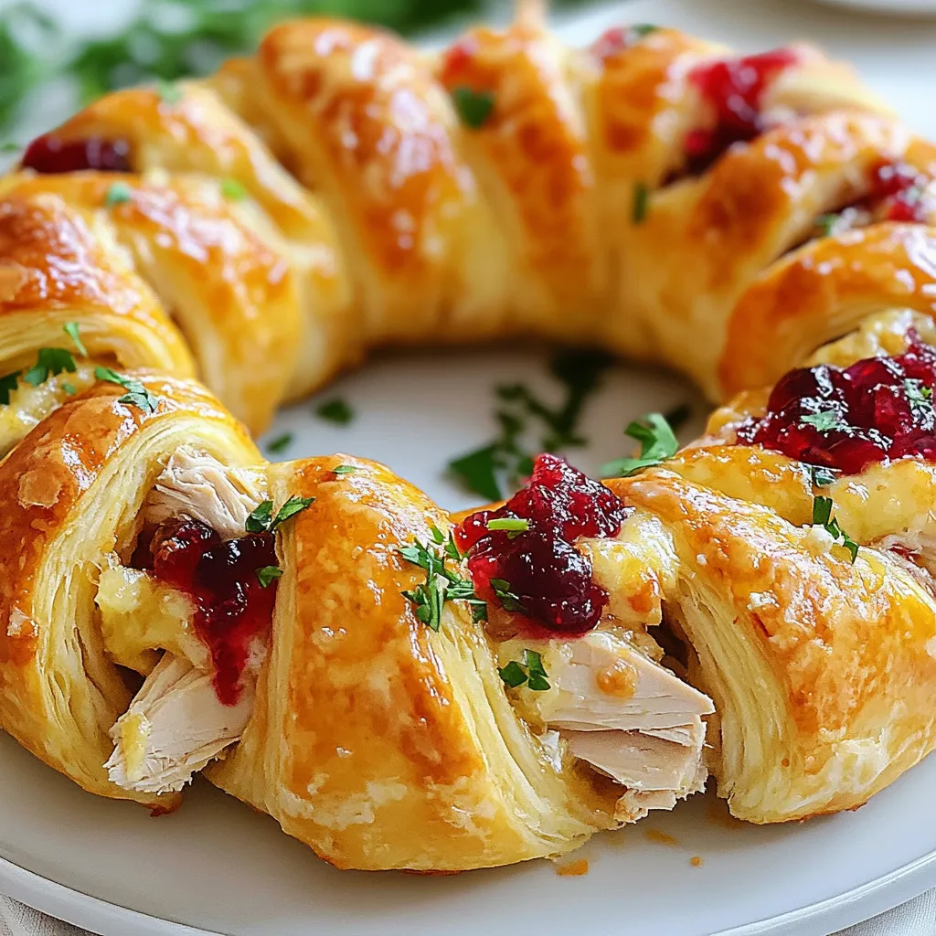 - 2 cans (8 oz each) refrigerated crescent dough - 2 cups cooked turkey, shredded - 1 cup cranberry sauce - 1 cup cream cheese, softened - 1/2 teaspoon garlic powder - 1/2 teaspoon onion powder - 1/4 teaspoon black pepper - 1 tablespoon fresh parsley, chopped (for garnish) - 1 egg beaten with 1 tablespoon water In this recipe, I focus on a few key ingredients that create a delicious blend. The crescent dough acts as a flaky base, while the turkey adds protein. The cranberry sauce brings a sweet tang, and the cream cheese adds creaminess. The seasonings are simple yet effective. Garlic powder and onion powder enhance the flavors without overpowering the dish. A pinch of black pepper helps to balance the sweetness of the cranberry sauce. Lastly, the egg wash gives the crescent ring a beautiful golden color. The chopped parsley not only looks good but also adds freshness. Each ingredient plays an important role, making this dish both simple and tasty. {{ingredient_image_1}} 1. First, preheat your oven to 375°F (190°C). This step is key for a well-cooked dish. 2. Next, take your baking sheet and line it with parchment paper. This helps with easy cleanup later. 3. Now, unroll the crescent dough. You will have two cans. Separate the dough into triangles. Arrange these triangles in a ring shape, overlapping the wide ends slightly. Leave a gap in the middle for a nice look. 4. In a mixing bowl, combine the shredded turkey, cranberry sauce, softened cream cheese, garlic powder, onion powder, and black pepper. Stir until everything is well mixed. 1. Spoon the turkey filling evenly over the wide ends of the crescent triangles. Make sure to spread it out well. 2. Carefully fold the pointed ends of the triangles over the filling. Tuck them under the base of the ring to keep the filling secure. 1. Brush the top of the crescent dough with the egg wash. This gives it a golden color when baked. 2. Place the baking sheet in the oven and bake for 20-25 minutes. You want the dough to be golden brown and cooked through. 3. After baking, remove the crescent ring from the oven. Let it cool for 5 minutes before slicing. 4. For a final touch, garnish with chopped parsley before serving. Enjoy your delicious Turkey Cranberry Crescent Ring! To make a great Turkey Cranberry Crescent Ring, you must ensure even filling distribution. Spread the turkey mixture across the wide ends of the triangles. This will help every bite have that tasty filling. Avoid overbaking for the best texture. The ring needs to be golden brown, not dark brown. Check it around 20 minutes. Pair this dish with simple sides. A fresh salad works well. Roasted veggies add color and flavor. For presentation, slice the ring into wedges. Place it on a large platter and sprinkle with parsley. This makes it look festive and inviting. You can prepare the filling in advance. Mix the turkey, cranberry sauce, and cream cheese a day before. Store it in the fridge until you are ready to bake. Use leftover turkey for convenience. This saves time and reduces waste. It also makes this dish a great way to enjoy holiday leftovers! Pro Tips Use Leftover Turkey: This recipe is perfect for utilizing leftover turkey from holiday meals, making it a cost-effective and delicious option. Customize Your Filling: Feel free to add extra ingredients like diced celery, chopped nuts, or shredded cheese to the turkey mixture for added flavor and texture. Keep Dough Cold: For the best results, keep your crescent dough chilled until you're ready to use it. This helps achieve a flaky, golden crust. Garnish Creatively: Don't hesitate to get creative with your garnishes! Try using fresh herbs or edible flowers for an impressive presentation. {{image_2}} You can easily change the flavor of your Turkey Cranberry Crescent Ring. If you want a change, substitute turkey with chicken or ham. Both meats work well and can make a tasty twist. You may also try different sauces. Apple butter adds a sweet touch that pairs nicely with the turkey or ham. For those needing gluten-free options, look for gluten-free crescent dough. Many brands offer this, so you can enjoy the ring without worry. If you follow a vegan diet, use a vegan cream cheese. It provides a similar texture and taste, making it a great swap. You can add festive spices to your dish. A pinch of cinnamon or nutmeg can enhance the flavor. These spices bring warmth and cheer to your meal. Try adding them to the filling for a fun holiday twist. To store your Turkey Cranberry Crescent Ring, let it cool completely. Place leftovers in an airtight container. This keeps moisture in and prevents drying out. I recommend using glass or plastic containers with lids. These are easy to stack and store in your fridge. When it's time to enjoy your leftovers, reheat them gently. You can use an oven or a microwave. For the oven, preheat it to 350°F (175°C). Place the ring on a baking sheet and cover it with foil. Heat for about 10-15 minutes. This method keeps it crispy. If using a microwave, heat it in 30-second intervals. Check often to avoid a soggy texture. You can freeze the crescent ring both before and after baking. If freezing before baking, wrap it tightly in plastic wrap. Then, place it in a freezer bag. It will keep well for up to two months. If you bake it first, cool it completely. Then wrap and store in the freezer. It can last for about a month. You can prep the Turkey Cranberry Crescent Ring in advance. First, make the filling a day before. Store it in the fridge. On the day you plan to serve, unroll the crescent dough and fill it. Bake it fresh for best taste. For storage, wrap the filled ring in plastic wrap. Keep it in the fridge if you want to bake it later. If you plan to bake it after a few hours, cover it loosely with foil. Yes, homemade cranberry sauce is a great choice! It tastes fresher and less sweet than store-bought. You can control the flavors and sweetness to fit your taste. Plus, it can have more texture, which adds to the dish. Using homemade sauce can make your crescent ring feel more special. It shows you put extra care into the meal. This dish pairs well with many sides. Here are a few ideas: - Mixed greens salad with a light vinaigrette - Roasted vegetables for added color - Mashed potatoes or sweet potatoes for comfort You can also serve cranberry sauce on the side for extra flavor. A warm drink like apple cider can enhance the meal too. Look for a golden brown color on the dough. This means it's cooked well. You can also check the filling. It should be hot and bubbly. If you have a meat thermometer, check the filling’s temperature. It should reach 165°F (74°C) for safety. Let it cool for a few minutes before slicing. This helps prevent the filling from spilling out. This blog post covered how to create a tasty Turkey Cranberry Crescent Ring. You learned about the key ingredients, easy steps for preparation, and tips to make it perfect. I shared various options to customize the recipe and ideas for storage. Remember, you can tweak it to suit your tastes or special diets. Enjoy making this fun dish for your next meal or holiday gathering. Happy cooking!