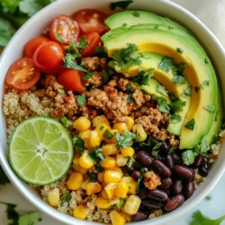 - 1 lb ground turkey - 1 tablespoon olive oil - 1 teaspoon chili powder - 1 teaspoon cumin - 1/2 teaspoon garlic powder - 1/2 teaspoon onion powder - Salt and pepper to taste - 1 cup cooked quinoa or brown rice - 1 can black beans, rinsed and drained - 1 cup corn (fresh or frozen) - 1 bell pepper, diced - 1 cup cherry tomatoes, halved - 1 avocado, sliced - 1/4 cup fresh cilantro, chopped - 2 tablespoons lime juice The main ingredients create a tasty and healthy meal. Ground turkey gives good protein. Olive oil adds healthy fat. The spices like chili powder and cumin bring warmth and flavor. Quinoa or brown rice serves as a solid base. - Greek yogurt or sour cream - Shredded cheese - Hot sauce These toppings can add creaminess or spice. Greek yogurt makes a great substitute for sour cream. Shredded cheese melts nicely and adds richness. Hot sauce gives that extra kick. - Ground turkey: Low in fat, high in protein. Great for muscle health. - Quinoa or brown rice: Provides fiber and keeps you full longer. - Black beans: Packed with protein and fiber. Good for digestion. - Corn: Adds sweetness and essential vitamins. - Bell peppers: High in vitamin C and antioxidants. - Avocado: Full of healthy fats and nutrients. - Cilantro and lime juice: Fresh herbs and citrus boost flavor and nutrients. Each ingredient helps make this bowl healthy and balanced. This meal is not just filling; it also provides many health benefits. Enjoying this bowl supports a nutritious diet while tasting great! {{ingredient_image_1}} Start by heating olive oil in a large skillet on medium heat. Add the ground turkey and cook it for about 5-7 minutes. You want it browned and cooked through. Use a spatula to break it apart while cooking. Once the turkey is ready, add chili powder, cumin, garlic powder, onion powder, salt, and pepper. Stir well to coat the meat. Let this cook for another 2-3 minutes. The spices will make your kitchen smell amazing! Grab a large bowl or plate for your taco bowl. Begin by adding a layer of cooked quinoa or brown rice at the bottom. Spread the seasoned ground turkey evenly on top. Now it’s time to add the fun toppings! Place the rinsed black beans, corn, diced bell pepper, halved cherry tomatoes, and avocado slices over the turkey. Drizzle fresh lime juice on top and sprinkle chopped cilantro for a fresh taste. If you like, add your favorite toppings like Greek yogurt or cheese. Cooking quinoa or brown rice is easy! For quinoa, rinse it first to remove bitterness. Use a 2:1 water-to-quinoa ratio. Bring water to a boil, then add quinoa. Cover and simmer for about 15 minutes. For brown rice, use a 2.5:1 water-to-rice ratio. Bring to a boil, cover, and simmer for around 45 minutes. Both grains are nutritious and fill you up. You can cook them in advance and store them in the fridge for easy meals. To cook ground turkey well, use a hot skillet. Heat olive oil over medium heat. This helps the turkey brown nicely. Cook the turkey for about 5-7 minutes. Break it apart with a spatula as it cooks. Stir in spices to add flavor. Let the mix cook for a few more minutes. This way, the spices really shine. To boost flavor, use fresh herbs like cilantro. Squeeze fresh lime juice on top for a zesty kick. You can also add toppings like Greek yogurt or shredded cheese. These toppings add creaminess and richness. Consider using diced jalapeños for a spicy touch. Mix and match ingredients for your perfect bowl. Meal prep is easy with this bowl. Cook a large batch of turkey and grains ahead of time. Store them in separate containers in the fridge. You can keep cooked turkey for 3-4 days. Grains last about a week. For quick meals, just heat and assemble your bowl. If you want to freeze, pack each component separately. This way, they stay fresh when reheated. Pro Tips Use Lean Turkey: Opt for lean ground turkey to reduce fat content while still getting a protein-packed meal. Spice it Up: Feel free to adjust the spices according to your taste; adding cayenne or smoked paprika can give it an extra kick! Prep Ahead: Make the turkey mixture and quinoa or rice in advance for a quick assembly during busy weeknights. Fresh Ingredients: Use fresh vegetables and herbs for maximum flavor and nutrition; it makes a big difference in taste! {{image_2}} If you want a meatless option, try using lentils or black beans instead of ground turkey. Both options are rich in protein and fiber. You can season them with the same spices: chili powder, cumin, garlic, and onion powder. This keeps the flavor strong and tasty. You can also add sautéed mushrooms for a meaty texture. This taco bowl is easy to make gluten-free. Use quinoa or brown rice as your base; both are naturally gluten-free. Make sure to check the labels on canned goods. Some sauces and seasonings may contain gluten. You can also swap black beans for pinto beans if you prefer. You can get creative with toppings. If you want a dairy-free bowl, skip the cheese and sour cream. Instead, use avocado or a dairy-free yogurt. For a spicy kick, add jalapeños or hot sauce. If you need more crunch, try adding shredded lettuce or radishes. Adjust toppings to fit your taste and dietary needs. To store your Healthy Turkey Taco Bowl, place the leftovers in an airtight container. Make sure the bowl cools down completely. Store it in the fridge for up to three days. This keeps the flavors fresh and the ingredients safe to eat. To reheat, take out the taco bowl from the fridge. You can use a microwave or a skillet. If using a microwave, cover it and heat for one to two minutes. Check if it's warm. For a skillet, heat on medium until hot, stirring often. This helps keep the texture nice. If you want to freeze the taco bowl, prepare it without the toppings. Place the mixture in a freezer-safe container. You can freeze it for up to three months. When ready to eat, thaw it in the fridge overnight. Reheat it as described above. This method keeps it tasty and easy to enjoy later. If you want a different meat, try ground chicken or lean beef. You can also use plant-based meat for a vegetarian option. Lentils or black beans work well for a protein boost. Each choice will change the flavor and texture a bit. One serving of a Healthy Turkey Taco Bowl has about 400 to 500 calories. This can vary based on what you add. Using less oil or skipping cheese can lower the count. Yes, you can make this recipe ahead of time. Cook the turkey and grains, then store them separately. This keeps the bowl fresh and tasty. You can combine them when you are ready to eat. Great side dishes for a taco bowl include a simple green salad or grilled veggies. You can also serve tortilla chips with salsa or guacamole. These sides add more flavor and fun to the meal. Healthy turkey taco bowls are both tasty and easy to make. We covered key ingredients, cooking tips, and even variations for different diets. Remember to store your leftovers well to enjoy them later. You can also customize toppings to fit your taste. Cooking can be fun and nutritious! I hope this guide helps you create your own healthy turkey taco bowl filled with flavor and nutrition. Enjoy making this dish your own!