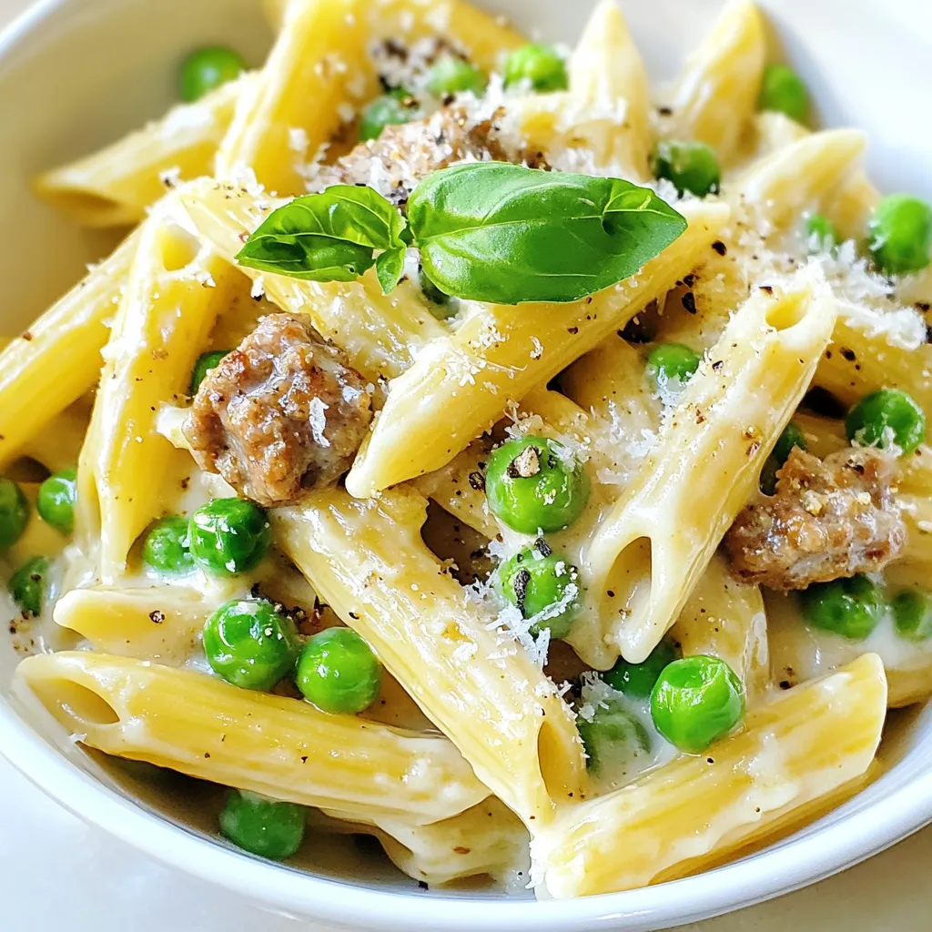 To make this tasty penne peas and sausage dish, you need a few simple ingredients. Here’s a list of what you'll need: - 12 oz penne pasta - 1 pound spicy Italian sausage, casings removed - 1 cup frozen sweet peas - 1 medium onion, diced - 2 cloves garlic, minced - 1 cup heavy cream - 1/2 cup grated Parmesan cheese - 2 tablespoons olive oil - Salt and pepper to taste - Fresh basil leaves for garnish Each ingredient plays an important role. The penne pasta gives a nice bite, while the spicy Italian sausage brings heat and flavor. The sweet peas add a pop of color and sweetness. Onion and garlic build a rich base for the sauce. Heavy cream makes everything creamy, while Parmesan cheese adds depth. Olive oil adds richness and helps with cooking. Lastly, fresh basil gives a bright finish. When you gather these ingredients, you can easily create a delicious meal that impresses everyone. The key is using fresh, quality items for the best taste. Enjoy the cooking process, and remember, cooking is about exploring flavors and making them your own! {{ingredient_image_1}} To cook your penne pasta, start by boiling salted water in a large pot. Once the water is bubbling, add 12 ounces of penne pasta. Cook it according to the package instructions. Aim for al dente, which means it should be firm but cooked through. This usually takes about 10 to 12 minutes. After the pasta is cooked, do not forget to reserve one cup of the pasta water. This water holds some starch and adds flavor to your sauce. Drain the pasta in a colander and set it aside. Next, let's make the sauce. In a large skillet, heat two tablespoons of olive oil over medium heat. Add one diced medium onion. Sauté it for about 3 to 4 minutes until it becomes soft and translucent. Then, add two minced garlic cloves and one pound of spicy Italian sausage, removing the casings first. Break the sausage apart with a spatula as it cooks. Cook until the sausage is browned, about 5 to 7 minutes. Now, stir in one cup of frozen sweet peas. Cook for another 2 to 3 minutes until the peas are heated through. After that, lower the heat. Pour in one cup of heavy cream and stir well. Add half a cup of grated Parmesan cheese. Mix until it melts and combines smoothly. If the sauce seems too thick, slowly add in some of that reserved pasta water. This will help you reach your desired consistency. Now it's time to bring everything together. Add the cooked penne to the skillet with the sauce. Toss everything gently to make sure the pasta is well coated. Season with salt and pepper to taste. Let it rest for a couple of minutes before serving. This allows the flavors to meld together. Enjoy your delicious penne peas and sausage dish! You can easily change this dish to fit your taste. - Substituting sausage types: Try using chicken sausage for a lighter option. If you want more flavor, use sweet Italian sausage. For a kick, go with chorizo or a spicy sausage. - Adding vegetables: Add bell peppers, spinach, or zucchini to boost nutrition. You can even toss in some mushrooms for extra umami. Just sauté them with the onions and garlic to get the best flavor. Mastering a few cooking methods can make your dish shine. - Best methods for sautéing: Use medium heat to sauté onions and garlic. This keeps them from burning and enhances their flavor. Stir often to ensure even cooking. - Ensuring perfect pasta texture: Cook your penne until it's al dente, which means it should have a slight bite. This helps the pasta hold up when mixed with the sauce. Remember to reserve some pasta water; it helps adjust the sauce later. How you serve your dish can make a big difference. - Presentation tips: Serve the pasta in shallow bowls. Top it with fresh basil and a sprinkle of Parmesan. A drizzle of olive oil adds a nice finish. - Suggested sides and pairings: Pair this dish with a simple green salad or garlic bread. A glass of white wine can also enhance the meal's flavors. Pro Tips Perfect Pasta: Always cook the pasta al dente. This will ensure it holds its shape and texture when mixed with the sauce. Sausage Selection: For an extra kick, use hot Italian sausage instead of spicy. Adjust the spice level according to your taste. Creamy Consistency: Gradually add the reserved pasta water to the sauce for a creamier texture, allowing you to control the thickness. Fresh Basil: Add fresh basil at the end of cooking for a burst of flavor and vibrant color in your dish. {{image_2}} To make this dish healthier, consider these options: - Using whole wheat penne: Whole wheat penne adds fiber and nutrients. It gives the pasta a nutty flavor and chewy texture. - Low-fat cream options: You can swap heavy cream for low-fat cream. This change reduces calories while still keeping it creamy. If you want a vegan version, try these ideas: - Plant-based sausage substitutes: Many brands offer plant-based sausages. They add flavor and protein without meat. - Dairy-free cream alternatives: Use coconut cream or cashew cream. These options add creaminess without dairy. You can boost the flavor of your dish with simple tweaks: - Adding spices or herbs: Try red pepper flakes for heat or Italian herbs for depth. Fresh basil adds brightness and flavor. - Incorporating different cheeses: Beyond Parmesan, consider goat cheese or feta. These cheeses bring unique tastes and creaminess to the dish. To store your Penne Peas and Sausage, first let it cool. Place it in an airtight container. This helps keep the flavors fresh. You can refrigerate it for up to three days. If you want to keep it longer, consider freezing. Use freezer-safe bags or containers. It can last up to three months in the freezer. Just remember to label the bags with the date! When you’re ready to eat, reheating is key. For the best results, use the stove. Place the pasta in a skillet over low heat. Add a splash of water or cream to keep it moist. Stir it often to heat evenly. You can also use the microwave, but cover it. This keeps moisture in and prevents it from drying out. Heat in short bursts, stirring in between. Leftovers from this dish can last three days in the fridge. If frozen, they stay good for about three months. However, for the best taste, enjoy it within a month. Always check for off smells or changes in texture before eating. If it looks or smells strange, it’s best to toss it. How to make penne pasta al dente? To cook penne pasta al dente, follow the package instructions. Start by boiling salted water in a large pot. Add the penne and stir occasionally. Taste the pasta a minute or two before the suggested cooking time. It should be firm but not hard. Drain the pasta once it's perfect, and remember to reserve some pasta water for later. Can I use fresh peas instead of frozen? Yes, you can use fresh peas! If you choose fresh peas, cook them in boiling water for about 2-3 minutes before adding them to the dish. This will keep them bright and tender. Just be sure to adjust the cooking time in the recipe to ensure everything blends well. What are the calories in Penne Peas and Sausage? This dish has about 600 calories per serving. It includes the pasta, sausage, cream, and cheese, which all add to the richness. If you want to lower the calories, consider using less cream or cheese. You can also add more veggies to make it healthier! How many servings does this recipe make? This recipe makes four servings. It’s perfect for a family meal or a cozy dinner with friends. If you need more, you can easily double the ingredients. Enjoy the flavors and share the joy of cooking! This recipe for penne pasta with spicy sausage and peas is simple and tasty. You learned how to cook the pasta, make a creamy sauce, and mix it all together. I shared tips for customizing your dish and storing leftovers. Cooking can be fun and rewarding, plus you can make this meal your own. Enjoy trying new flavors and ingredients. This dish can be a hit at any table!