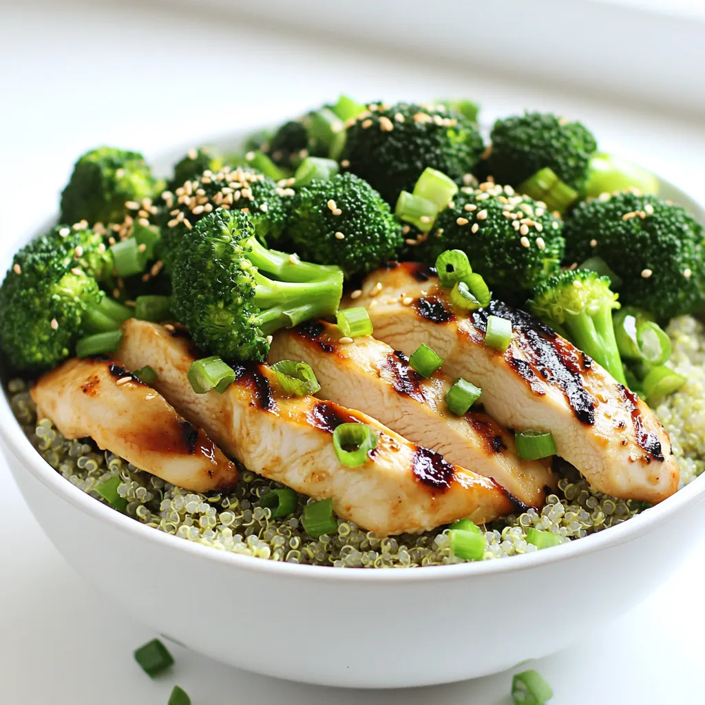 For the base of our grilled chicken and broccoli bowls, you need: - 2 boneless, skinless chicken breasts - 2 cups broccoli florets - 1 cup cooked quinoa - Salt and pepper to taste These ingredients work well together and provide a balanced meal. The marinade adds flavor and moisture to the chicken. You will need: - 2 tablespoons olive oil - 2 tablespoons soy sauce - 1 tablespoon honey - 1 teaspoon garlic powder - 1 teaspoon ginger powder This mix makes the chicken juicy and tasty. To make your bowls even better, consider adding: - 1 tablespoon sesame seeds - Chopped green onions These garnishes give a nice crunch and fresh flavor. To start, we need a tasty marinade for the chicken. In a small bowl, mix together: - 2 tablespoons olive oil - 2 tablespoons soy sauce - 1 tablespoon honey - 1 teaspoon garlic powder - 1 teaspoon ginger powder - Salt and pepper to taste Whisk the ingredients until they blend well. Next, take your chicken breasts and place them in a resealable plastic bag. Pour the marinade over the chicken, sealing the bag tightly. Make sure the chicken is well coated. Place it in the fridge for at least 30 minutes. If you have time, marinate for up to 2 hours. This step adds a lot of flavor. While the chicken marinates, you can prepare the quinoa. First, rinse 1 cup of quinoa under cold water. This helps remove any bitterness. Next, cook it as instructed on the package. Usually, this means adding the quinoa to 2 cups of boiling water. Cover and let it simmer until the water is absorbed. Once it’s done, fluff it with a fork. Set it aside to cool. Now, let’s grill the chicken. Preheat your grill or grill pan to medium-high heat. Take the marinated chicken out of the bag. Place it on the grill. Cook for about 6-7 minutes on each side. You want the chicken to reach an internal temperature of 165°F (75°C). Once cooked, take it off the grill and let it rest for a few minutes. This keeps the juices inside when you slice it. While the chicken cooks, it’s time for the broccoli. You can steam it or blanch it. For steaming, place 2 cups of broccoli florets in a steamer basket over boiling water. Steam for about 4-5 minutes, until it’s bright green and tender-crisp. If you prefer blanching, drop the florets into boiling water for 2 minutes. Then, transfer them to ice water to stop the cooking. This keeps the color vibrant. Now, let’s put it all together. Grab four bowls. Start by adding a scoop of cooked quinoa at the bottom of each bowl. Next, layer the sliced grilled chicken on top of the quinoa. Add the steamed or blanched broccoli next. If you like, sprinkle some sesame seeds on top for added crunch. Your bowls are now ready to serve. Enjoy! To get juicy and tasty grilled chicken, start with marinating. Use a mix of olive oil, soy sauce, honey, garlic powder, and ginger powder. This blend adds great flavor. Make sure to marinate for at least 30 minutes. If you have more time, let it sit for up to 2 hours. This extra time helps the chicken absorb the flavors. When grilling, ensure your grill is hot. Cook the chicken for 6-7 minutes on each side. Check the internal temperature. It should reach 165°F (75°C). Let it rest for a few minutes before slicing. Cooking quinoa can be tricky. Rinsing it first is key. This step removes bitter saponins. Follow the package instructions for cooking. A common mistake is not using enough water. Use a ratio of 1 cup quinoa to 2 cups water. After cooking, fluff it with a fork. This keeps the grains separate. Avoid overcooking; it should be tender but not mushy. To keep broccoli bright and crisp, steaming is best. Steam it for just 4-5 minutes. This time helps it stay green and full of nutrients. If you want a quicker method, blanch it. Boil for 2 minutes, then cool it in ice water. This stops cooking and preserves color. Don’t overcook broccoli; it should be tender-crisp. To add extra flavor, consider spices like paprika or chili powder. You can also try sauces like teriyaki or sriracha for a kick. Experiment with lemon juice for brightness. Adding sesame seeds gives a nice crunch. For more freshness, sprinkle chopped green onions before serving. These small tweaks make your bowls even more delicious. {{image_2}} You can switch the grilled chicken for other proteins. Tofu works great for a vegetarian option. Just press and cube it before marinating. Shrimp is another tasty choice. Cook it on the grill for just 2-3 minutes per side. If you prefer beef, try flank steak. It needs about the same grill time as chicken. Each option brings a unique twist to the bowl. If you're not a fan of quinoa, consider brown rice. It has a nice chewy texture. Cauliflower rice is a smart swap too. It's low in carbs and packed with nutrients. Just sauté it briefly with a little oil for flavor. Both options fit well with the chicken and broccoli. To make this dish entirely plant-based, use tofu and skip the honey. Instead, consider maple syrup or agave for sweetness. You can also add more veggies like bell peppers or carrots. This adds color and crunch. With these adjustments, you'll have a delicious vegan bowl that's still full of flavor. To keep your grilled chicken and broccoli bowls fresh, store leftovers in an airtight container. They stay good for up to 3 days in the fridge. Make sure to let the food cool down before sealing it. This helps prevent moisture buildup, which can make your meal soggy. If you want to save some for later, freezing works well. Pack the grilled chicken, broccoli, and quinoa in freezer-safe bags or containers. Try to remove as much air as possible. This helps prevent freezer burn. You can freeze your meal for up to 3 months. When you’re ready to eat, move the bowl to the fridge to thaw overnight. To reheat, you have a few options. The microwave is quick; just heat in short bursts of 1-2 minutes. Stir it well between each burst. If you want better texture, use the oven. Preheat it to 350°F (175°C), and heat for about 15-20 minutes. Cover your bowl with foil to keep it moist. Enjoy your meal as if it was freshly made! Yes, you can prep this meal in advance. Marinate the chicken and cook the quinoa the night before. Keep the chicken and quinoa in the fridge. Steam the broccoli just before serving for the best taste and texture. These bowls pair well with many sides. Try a light salad, roasted sweet potatoes, or a tangy coleslaw. You can also add avocado for creaminess or serve with a slice of whole grain bread. Marinating chicken is simple. Aim for at least 30 minutes to let the flavors soak in. For a better taste, marinate it for up to 2 hours. Avoid marinating longer than that to keep the chicken tender. Yes, this recipe can be gluten-free. Use gluten-free soy sauce or tamari instead of regular soy sauce. Check all labels for hidden gluten. This makes it safe for those with gluten sensitivities. This post covered a tasty grilled chicken and broccoli bowl. We explored ingredients, marinade, and step-by-step cooking. I shared helpful tips for juicy chicken and perfect quinoa. You also learned about fun variations and how to store leftovers. Cooking can be simple and fun. With these steps and options, you can make your own delicious meals at home. Enjoy your culinary journey!