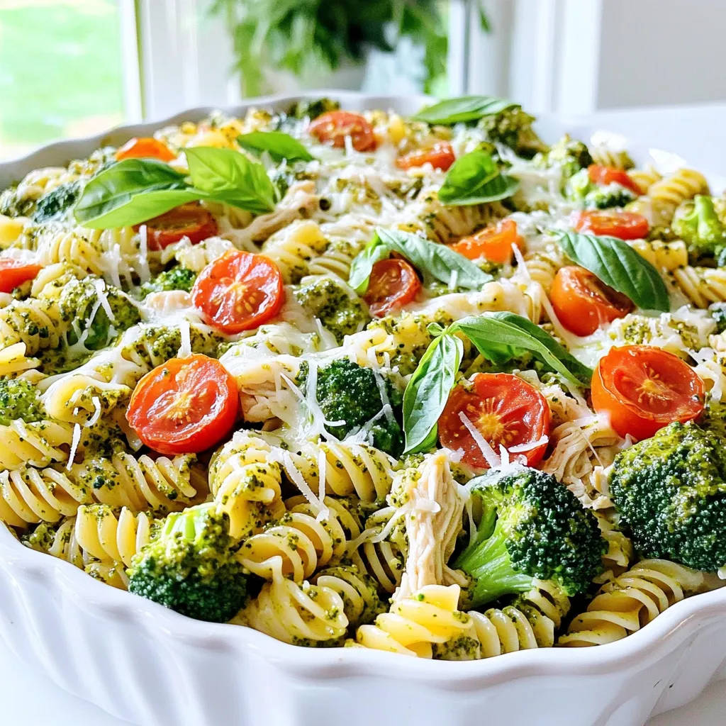 To make your Pesto Chicken Broccoli Pasta Bake, you need these key ingredients: - 2 cups rotini pasta - 1 cup cooked chicken, shredded - 1 cup broccoli florets, steamed - 1 cup pesto sauce (store-bought or homemade) - 1 cup shredded mozzarella cheese - 1/2 cup grated Parmesan cheese - 1/2 teaspoon garlic powder - 1/4 teaspoon red pepper flakes (optional) - Salt and pepper to taste - 1 cup cherry tomatoes, halved (for garnish) - Fresh basil leaves (for garnish) These items create a tasty mix of flavors. The rotini holds the sauce well. Chicken adds protein, and broccoli brings nutrition. Pesto provides rich taste, while cheeses give creaminess. You can customize this dish with some fun add-ins or swaps: - Vegetables: Spinach, bell peppers, or zucchini work great. - Proteins: Try cooked sausage or tofu for a different twist. - Cheeses: Swap mozzarella with gouda or cheddar for varied flavor. Feel free to get creative! Each choice can change the taste and texture. To make this dish, gather these tools: - Large pot for boiling pasta - Mixing bowl for combining ingredients - Baking dish (9x13 inches works well) - Spoon or spatula for mixing - Oven for baking Having the right tools makes cooking easier. Using a large pot helps cook the pasta evenly. A good baking dish ensures even heat. First, set your oven to 375°F (190°C). This helps the dish cook evenly. Gather your ingredients: rotini pasta, cooked chicken, broccoli, pesto sauce, mozzarella cheese, and Parmesan cheese. Also, get garlic powder, red pepper flakes, salt, and pepper. These spices add flavor. You can also prepare a baking dish by greasing it with cooking spray or olive oil. This keeps the pasta from sticking. Next, cook the rotini pasta. Boil water in a pot and add the pasta. Follow the package instructions. Cook until it is al dente, which means it’s tender but still firm. Drain the pasta and set it aside. While the pasta cooks, steam the broccoli florets until they are bright green and tender. This usually takes about 3–5 minutes. Now, combine all your ingredients in a large mixing bowl. Add the cooked pasta, shredded chicken, steamed broccoli, and pesto sauce. Sprinkle in garlic powder, red pepper flakes, salt, and pepper. Mix everything well. Once combined, pour this mixture into your greased baking dish. Spread it out evenly. Top it with shredded mozzarella and grated Parmesan cheese. Make sure the cheese covers the pasta well. Bake for 25–30 minutes. You want the cheese to melt and bubble. After baking, take it out of the oven and let it cool a bit. Garnish with halved cherry tomatoes and fresh basil leaves before serving. Enjoy your tasty, comforting meal! To make great pesto, start with fresh basil. Use about two cups of basil leaves. Add pine nuts, garlic, olive oil, and Parmesan cheese. Blend until smooth. If you like, use walnuts or almonds instead of pine nuts. You can store pesto in the fridge for a week. Just cover it with olive oil to keep it fresh. For a perfect cheese melt, use a mix of mozzarella and Parmesan cheese. Shred the cheese yourself for the best texture. Spread the cheese evenly over the pasta. This helps it melt without burning. Bake it at 375°F for 25 to 30 minutes. Keep an eye on it as it cooks. You want it bubbly and golden, not too dark. Serve your Pesto Chicken Broccoli Pasta Bake with a side salad. A simple green salad pairs well. You can also add garlic bread for extra comfort. For drinks, try a light white wine or sparkling water. Fresh basil and cherry tomatoes make great toppings. They add color and fresh flavor to each bite. {{image_2}} You can switch up the chicken for other meats. Try cooked turkey or shrimp for a change. If you want a plant-based option, use chickpeas or lentils. These alternatives keep the dish hearty and tasty. For a gluten-free version, choose gluten-free rotini pasta. There are many brands available that taste great. To make it vegan, replace chicken with tofu or tempeh. Use a vegan pesto and swap out the cheese for a dairy-free option. This way, everyone can enjoy the meal. Feel free to mix in seasonal veggies. Spinach or kale can add some green goodness. Bell peppers or zucchini can bring in extra flavor and color. This makes the dish even more nutritious and fun. Enjoy experimenting with what you have on hand! After you enjoy your pesto chicken broccoli pasta bake, store any leftovers in an airtight container. Make sure to let the dish cool before sealing it. This step helps keep moisture in check and flavors fresh. You can store it in the fridge for up to four days. If you want to keep it longer, consider freezing it. When you're ready to enjoy your leftovers, reheating is simple. Preheat your oven to 350°F (175°C). Place the pasta bake in an oven-safe dish. Cover it with foil to keep it moist. Heat for about 20-25 minutes or until warm all the way through. You can also use a microwave. Just place a single serving on a microwave-safe plate and heat for 1-2 minutes. Stir halfway for even warmth. Freezing this dish is a great way to prep meals ahead. After cooking, let it cool fully. Then, cut it into portions. Wrap each portion tightly in plastic wrap, and then place it in a freezer-safe container. Label the container with the date. You can freeze the pasta bake for up to three months. When ready to eat, thaw it overnight in the fridge before reheating. Yes, you can use other pasta shapes. Penne, fusilli, or farfalle work well. Just make sure to cook them until they are al dente. This keeps the pasta firm after baking. This dish lasts about three to four days in the fridge. Store it in an airtight container for best results. Make sure it cools completely before sealing. Yes, you can prep this dish ahead of time. Assemble it and cover it tightly. You can store it in the fridge for one day before baking. Just add a few extra minutes to the baking time if it’s cold. This blog covered the essential ingredients and tools you need for a delicious pasta bake. We explored step-by-step instructions, tips for the best flavor, and how to customize dishes. Don't forget about storage and reheating tips to keep meals fresh. Remember, creating a great pasta bake is fun and easy. With a little practice, you can impress everyone with your cooking. Embrace your creativity and enjoy the process!