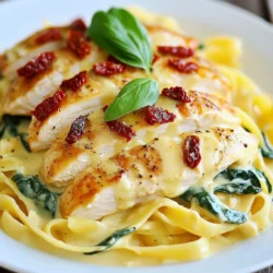 To make Marry Me Chicken Pasta, you will need the following ingredients: - 2 boneless, skinless chicken breasts - Salt and pepper to taste - 2 tablespoons olive oil - 3 cloves garlic, minced - 1 teaspoon red pepper flakes (adjust to taste) - 1 cup heavy cream - 1 cup chicken broth - 1 cup sun-dried tomatoes, chopped - 1 cup fresh spinach, chopped - ½ cup grated Parmesan cheese - 8 oz fettuccine pasta - Fresh basil leaves for garnish You can change some ingredients if you need to. Here are some good swaps: - Use chicken thighs instead of breasts for more flavor. - Swap heavy cream for coconut milk for a lighter sauce. - If you don’t like sun-dried tomatoes, fresh tomatoes work too. - You can replace fettuccine with penne or any pasta you like. - For a dairy-free option, use nutritional yeast instead of Parmesan. Accurate measuring helps your meal taste great. Here are some tips: - Use a kitchen scale for chicken and pasta. It ensures the right amount. - Measure liquids using a clear measuring cup for precision. - When using dried herbs or spices, level off the measuring spoon. - For chopped items, pack them lightly into the measuring cup for accuracy. - Always taste as you go! Adjust salt and pepper based on your preference. {{ingredient_image_1}} First, grab your fettuccine pasta. Cook it according to the package instructions. This usually takes about 8-10 minutes. Once it’s done, drain the pasta and set it aside. Make sure it’s not overcooked, so it stays firm. Next, take your boneless, skinless chicken breasts. Sprinkle salt and pepper on both sides. Heat 2 tablespoons of olive oil in a large skillet over medium-high heat. When the oil is hot, add the chicken. Cook for 5-7 minutes on each side. You want it golden brown and fully cooked. Once ready, remove the chicken from the skillet and let it rest. In the same skillet, lower the heat to medium. Add 3 cloves of minced garlic and 1 teaspoon of red pepper flakes. Sauté this for about 1 minute until you smell the garlic. Then, pour in 1 cup of chicken broth. Let it simmer for 2-3 minutes. This helps the flavors blend. Now, stir in 1 cup of heavy cream. Bring it to a gentle simmer. Add 1 cup of chopped sun-dried tomatoes and 1 cup of fresh chopped spinach. Cook for another 2-3 minutes until the spinach wilts. Time to add ½ cup of grated Parmesan cheese. Stir until it melts into the sauce. Taste the sauce and add more salt and pepper if needed. Slice your cooked chicken into strips and add it back to the skillet. Toss everything to coat in the sauce. Finally, add your drained fettuccine pasta to the skillet. Mix gently until all the pasta, chicken, and sauce blend well. Your Marry Me Chicken Pasta is now ready to serve! Enjoy the comfort in each bite. To get juicy chicken, start with good quality breasts. Look for ones that feel plump. Season both sides with salt and pepper. This adds flavor. When you cook, use medium-high heat. This helps to brown them well. Cook for about 5-7 minutes on each side. Check the center with a knife. It should be white, not pink. Let the chicken rest before slicing. This keeps it moist. A great cream sauce makes this dish shine. Start by sautéing garlic and red pepper flakes in olive oil. This wakes up the flavors. Then, add chicken broth and let it simmer. This step helps to build depth. Slowly stir in the heavy cream, making sure it blends well. Add chopped sun-dried tomatoes and spinach. The tomatoes give a sweet and tangy taste. The spinach adds color and nutrition. Finish by stirring in grated Parmesan. This thickens the sauce and adds richness. Season with salt and pepper to your taste. Timing is key for a perfect meal. Start cooking the fettuccine according to its package. While it cooks, prepare the chicken and sauce. This way, everything is ready at the same time. Once the pasta is cooked, drain it and set aside. When your sauce is ready, add the chicken strips back in. Then, mix in the pasta. This keeps the pasta warm and allows it to soak up flavors. Serve right away for the best taste. Pro Tips Use Fresh Ingredients: Fresh chicken, spinach, and basil will enhance the flavor and texture of your dish. Control the Heat: Adjust the red pepper flakes to your preferred spice level, adding more for extra heat or omitting for a milder taste. Perfect Pasta: To prevent your fettuccine from clumping, make sure to toss it with a bit of olive oil after draining. Thicker Sauce: If you prefer a thicker sauce, allow it to simmer a bit longer to reduce further before adding the Parmesan. {{image_2}} If you want a vegetarian twist on Marry Me Chicken Pasta, you can skip the chicken. Use hearty mushrooms instead. Portobello or cremini mushrooms work great. Slice them thick and sauté them in olive oil. Cook until they are tender and golden brown. You can also add extra sun-dried tomatoes for more flavor. This keeps the creamy sauce and pasta, making it a comforting meal. To make this dish gluten-free, swap fettuccine for gluten-free pasta. There are many good options made from rice or corn. They cook up well and taste great too. Be sure to check the package for cooking times. The sauce remains the same, so you won’t lose any flavor. This way, everyone can enjoy the dish without worry. Want to make your meal even healthier? Adding more vegetables is a simple fix. You can toss in bell peppers, zucchini, or broccoli. Just chop them up and sauté them with the garlic. This adds color and nutrition. You can even try adding peas or asparagus for a pop of freshness. More veggies make it fun and tasty! After enjoying Marry Me Chicken Pasta, store leftovers in an airtight container. Let the dish cool before sealing it. This helps keep the flavors fresh. You can keep it in the fridge for up to three days. When you're ready to eat again, reheat the pasta gently. Use the microwave or a skillet. If using the microwave, heat in short bursts. Stir between each burst to avoid hot spots. If using a skillet, add a splash of chicken broth or cream. This keeps the sauce creamy and prevents drying out. You can freeze Marry Me Chicken Pasta for later. First, let it cool completely. Then, place it in a freezer-safe container. It will last up to three months in the freezer. To reheat, thaw it overnight in the fridge. Warm it slowly on the stove, adding a bit of liquid if needed. Enjoy a tasty meal anytime! Yes, you can use any pasta you like. Penne, rotini, or even spaghetti work great. Just make sure to cook it according to the package directions. Each type brings its own fun twist to the dish. You might find a new favorite! If you want a lighter option, try using half-and-half or whole milk. You can also use coconut cream for a dairy-free choice. Just know that the sauce may be less thick. Add a bit of flour to help it thicken if needed. To avoid curdling, make sure to heat the cream slowly. Stir it in when the other ingredients are warm, but not boiling. You can also add a splash of pasta water to help. This keeps the sauce smooth and creamy. In this post, I shared key ingredients and their substitutes for your dish. I provided steps for cooking pasta, chicken, and sauce. I also offered tips for juicy chicken, a perfect cream sauce, and timing. You learned about variations like vegetarian and gluten-free options. Lastly, I covered storage and frequently asked questions. Remember, cooking is all about experimenting and having fun. Use this guide to create your perfect meal. Enjoy every bite!