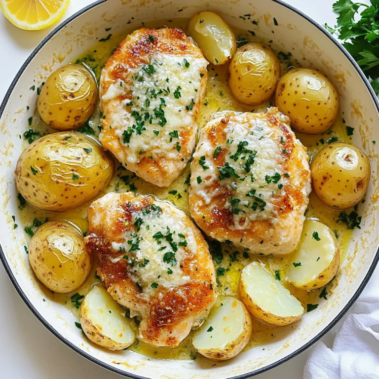 - Chicken - Baby Potatoes - Garlic - Parmesan Cheese - Olive Oil - Italian Seasoning - Paprika - Salt and Pepper - Fresh Parsley - Chicken: 4 boneless, skinless chicken breasts - Baby Potatoes: 2 cups, halved - Garlic: 4 cloves, minced - Parmesan Cheese: 1/3 cup, grated - Olive Oil: 1/4 cup - Italian Seasoning: 1 teaspoon - Paprika: 1 teaspoon - Salt and Pepper: to taste - Fresh Parsley: chopped, for garnish - Oven-safe skillet - Mixing bowls - Measuring cups and spoons Gather these ingredients and tools before you start cooking. This way, you can enjoy a smooth and fun cooking experience. Each item adds flavor and texture to the dish. Plus, having everything ready makes it easier. Trust me; it helps to stay organized! First, preheat your oven to 400°F (200°C). This step is key for even cooking. Next, gather all your ingredients. You will need 4 boneless, skinless chicken breasts, 2 cups of halved baby potatoes, and some fresh garlic. In a large mixing bowl, combine 1/4 cup of olive oil, 4 cloves of minced garlic, 1 teaspoon of Italian seasoning, 1 teaspoon of paprika, and some salt and pepper. Mix these well. Add the chicken breasts to the bowl. Coat each piece evenly with the garlic mixture. Let them marinate for about 15 minutes. This will help the chicken soak up the flavors. In another bowl, add the halved baby potatoes. Toss them with the remaining garlic mixture. Ensure they are well coated with the oil and seasoning. This step makes the potatoes flavorful. Next, take a large oven-safe skillet. Arrange the marinated chicken in the center. Place the seasoned potatoes around the chicken. Sprinkle 1/3 cup of grated Parmesan cheese over the chicken and potatoes. This adds a nice cheesy taste. Now, place the skillet in the oven. Bake for 25-30 minutes. Look for the chicken to be cooked through and the potatoes to be tender. When done, take it out and let it rest for 5 minutes before serving. Marinate your chicken for at least 15 minutes. This short time helps the chicken soak up the garlic and spice flavors. For more flavor, you can marinate it longer, even overnight. Use a zip-top bag to make marinating easy and avoid spills. Add a squeeze of lemon juice for a fresh twist. For even cooking, space the chicken and potatoes well in the skillet. This allows hot air to circulate. If you like crispy edges, bake at 400°F for the full time. Adjust the baking time if using larger chicken pieces or more potatoes. Always check the doneness by cutting into the thickest part of the chicken. To make your dish look nice, sprinkle fresh parsley on top before serving. This adds color and a fresh taste. Serve the chicken and potatoes on a large platter for a beautiful display. Adding a lemon wedge on the side can brighten the flavors. You can also try drizzling balsamic glaze for extra flair. {{image_2}} You can swap out chicken for other proteins. Try using turkey or pork. Both cook well with the garlic and Parmesan flavors. For fish, choose a firm type like salmon or cod. Adjust cooking times to avoid overcooking. Fish usually cooks faster, so check it at 15-20 minutes. To enhance the taste, add fresh herbs like thyme or rosemary. You can also mix in spices like cumin or chili powder for a kick. Consider tossing in vegetables like bell peppers or broccoli. They will roast nicely and add color to the dish. Just make sure to cut them into similar sizes as the potatoes. If you need a gluten-free option, this recipe is naturally gluten-free. Just ensure your Parmesan cheese is certified gluten-free. For low-carb options, swap potatoes for cauliflower. Cauliflower will roast beautifully and absorb the flavors while keeping the carbs low. To keep your Garlic Parmesan Chicken and Potatoes fresh, store them in an airtight container. You can refrigerate leftovers for up to 3 days. If you want to keep them longer, freeze the dish. It can last in the freezer for about 2 months. When you freeze, make sure to use freezer-safe bags or containers. This helps prevent freezer burn. When it's time to eat your leftovers, the best way to reheat is in the oven. Preheat your oven to 350°F (175°C). Place the chicken and potatoes in a baking dish, cover with foil, and heat for about 20 minutes. This keeps the chicken moist and the potatoes soft. You can also use a microwave, but the oven gives better flavor and texture. If you want to make this dish in advance, it’s easy! You can marinate the chicken and prepare the potatoes the night before. Just keep them in the fridge until you are ready to cook. When portioning for meal prep, divide the chicken and potatoes into single servings. Use small containers so they are ready to grab and go during the week. This makes meals quick and simple! Yes, you can use bone-in chicken. Bone-in chicken takes longer to cook than boneless. You should adjust the cooking time to about 40-45 minutes. Check the internal temperature with a meat thermometer. It should reach 165°F (74°C). This ensures it is safe to eat. You can use Pecorino Romano or nutritional yeast as substitutes. Pecorino Romano has a saltier flavor. Nutritional yeast gives a cheesy taste without dairy. Each option will change the flavor slightly, but they still work well in this dish. Check the chicken's internal temperature. It should reach 165°F (74°C) for safety. You can also look for clear juices when you cut into it. The meat should not be pink. Another sign is that the chicken is firm and not soft. This blog post covered how to make a delicious chicken and potatoes dish. We talked about the needed ingredients, measurements, and the best tools for cooking. I provided step-by-step instructions from marinating to baking, plus helpful tips and variations. You can adjust the recipe to fit your tastes and dietary needs. Remember, storing leftovers correctly keeps your meal fresh. Use this guide to create a tasty, satisfying dish that everyone will love. Cooking can be fun and simple with the right steps!