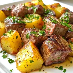 - 1 lb sirloin steak, cut into 1-inch cubes - 4 medium potatoes, diced into bite-sized pieces - 4 tablespoons unsalted butter - 4 cloves garlic, minced - 2 tablespoons fresh parsley, chopped - 1 teaspoon smoked paprika - Olive oil, for drizzling - Lemon wedges for serving Gathering the right ingredients is key to making garlic butter steak bites with potatoes. First, you need sirloin steak, which gives great flavor. Cut it into 1-inch cubes for quick cooking. Next, grab some potatoes. I like using medium-sized ones. Diced into bite-sized pieces, they turn crispy and golden in the oven. Then, you’ll want unsalted butter. It adds richness and depth to your dish. Don’t forget garlic! Fresh minced garlic makes everything taste better. Fresh parsley adds a pop of color and freshness. Smoked paprika gives a warm, smoky flavor that enhances the overall taste. If you want, you can drizzle a little olive oil over the potatoes before baking. It helps them crisp up nicely. Serving with lemon wedges adds a bright touch that cuts through the richness of the steak and butter. Enjoy the process of gathering your ingredients; it sets the stage for a delicious meal! {{ingredient_image_1}} - Preheat your oven to 425°F (220°C). This helps the potatoes cook evenly. - In a large bowl, toss the diced potatoes with olive oil, smoked paprika, salt, and pepper. This adds flavor and makes them crispy. - Spread the seasoned potatoes in a single layer on a baking sheet. This helps them cook nicely. - Bake them for about 25-30 minutes. Flip them halfway through for even cooking. They should turn golden brown and crispy. - While the potatoes bake, heat a large skillet over medium-high heat. This is key for a good sear. - Add 2 tablespoons of butter to the skillet. Let it melt and bubble before adding the steak. - Once the butter bubbles, add the steak cubes in a single layer. Season them with salt and pepper. - Sear the steak for about 2-3 minutes on each side. Aim for a nice brown color. - Reduce the heat to medium. Add minced garlic and the remaining 2 tablespoons of butter to the skillet. - Stir to coat the steak bites. Cook for an extra 1-2 minutes until the garlic smells great. - Remove the skillet from heat. Sprinkle fresh parsley over the steak bites and toss to mix. - Once the potatoes are done, take them out of the oven. Transfer them to a serving platter next to the steak bites. - Serve with lemon wedges on the side for a zesty touch. Enjoy your meal! To get a great sear on your steak, use high heat. Start with a hot skillet. This helps lock in juices and gives a nice crust. Add butter only after the skillet is hot. This step is key for flavor. Sear the steak bites without moving them for 2-3 minutes. This allows a perfect browning. After flipping, season with salt and pepper. Wait another 2-3 minutes until they reach your desired doneness. For crispy potatoes, set your oven to 425°F (220°C). Toss diced potatoes with olive oil and seasonings first. Spread them on a baking sheet in a single layer. This step ensures even cooking. Bake them for 25-30 minutes, flipping halfway through. This will give you that golden, crispy texture everyone loves. Don't skip the flipping; it’s crucial for even browning. To boost flavor, adjust your seasonings to fit your taste. Smoked paprika adds a nice depth. You can also try fresh herbs like thyme or rosemary. If you like a little zing, add some lemon juice before serving. This brightens the dish. Don’t forget the garlic; it adds a lovely aroma and taste. Feel free to experiment with flavors to make the dish your own. Pro Tips Perfectly Cooked Steak: Use a meat thermometer to check for doneness. For medium-rare, aim for 130°F (54°C). Keep the Potatoes Crispy: Make sure to spread the potatoes in a single layer on the baking sheet to ensure even cooking and crispiness. Enhance the Flavor: Add a splash of Worcestershire sauce or soy sauce to the skillet after cooking the steak for a deeper flavor. Rest Your Meat: Let the steak bites rest for a few minutes after cooking to ensure they stay juicy and flavorful. {{image_2}} You can switch up the steak type. Sirloin is great, but ribeye or tenderloin works too. Ribeye has more fat, making it juicy and rich. Tenderloin is lean and super tender. Both add unique flavors to your dish. Just remember to adjust cooking times based on the cut you choose. Feel free to play with seasonings. You can add fresh herbs like thyme or rosemary. These herbs give a fresh taste that pairs well with steak. You can also try spices like cayenne for heat or oregano for earthiness. Mixing in some garlic powder or onion powder can deepen the flavor, too. Want a meatless version? Swap the steak for mushrooms or tofu. Portobello mushrooms have a meaty texture and absorb flavors well. Tofu is great for soaking up the garlic butter, making it tasty and filling. Just follow the same cooking steps, and you’ll have a delicious veggie dish! To keep your garlic butter steak bites and potatoes fresh, store them properly. Place them in an airtight container. This helps retain their flavor and texture. You can refrigerate them for up to three days. Before placing them in the fridge, let them cool down to room temperature. This prevents condensation from forming inside the container. When you reheat steak bites, you want to keep them juicy. Use a skillet over low heat to reheat. Add a little butter to help restore moisture. Stir gently as they warm up. For potatoes, you can also use the skillet. This helps them regain their crispiness. Avoid using the microwave, as it can make the potatoes soggy. To freeze steak bites and potatoes, first, let them cool completely. Then, portion them into freezer-safe bags. Squeeze out as much air as you can before sealing. This prevents freezer burn. You can freeze them for up to three months. When ready to eat, thaw them overnight in the fridge. Reheat them in a skillet for best results. Yes, you can use frozen steak. First, thaw it safely in the fridge overnight. If you are short on time, place the steak in a sealed bag and submerge it in cold water for about an hour. After thawing, pat the steak dry with paper towels. This helps achieve a good sear. Then, cut it into 1-inch cubes as the recipe states. Garlic butter steak bites pair well with many sides. Here are a few ideas: - Crispy potatoes (as the recipe includes) - Steamed broccoli or green beans - A fresh garden salad - Garlic bread for added flavor - Rice or quinoa for a filling meal These sides will complement the rich taste of the steak and buttery potatoes. To check if your steak is done, use a meat thermometer. Aim for these temperatures: - Rare: 120°F (49°C) - Medium rare: 130°F (54°C) - Medium: 140°F (60°C) - Medium well: 150°F (66°C) - Well done: 160°F (71°C) If you don’t have a thermometer, you can use the touch test. Press the steak with your finger. A soft feel means rare, while a firm feel means well done. Practice makes perfect! This recipe combines sirloin steak, crispy potatoes, and rich garlic butter. You learned to preheat, season, and cook your meal to perfection. The tips and variations make it easy to customize this dish. Remember, you can experiment with different cuts and toppings to suit your taste. Enjoy the tasty rewards of your effort. Cooking can be fun, and with this dish, you’ll impress anyone at your table.