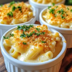To make the best macaroni and cheese, you need simple ingredients. Here’s what you will need: - 8 ounces elbow macaroni - 2 tablespoons unsalted butter - 2 tablespoons all-purpose flour - 2 cups whole milk - 2 cups shredded sharp cheddar cheese - 1 cup shredded mozzarella cheese - 1 teaspoon garlic powder - 1 teaspoon onion powder - Salt and pepper to taste - Optional toppings: breadcrumbs and olive oil Each ingredient plays a key role. The elbow macaroni gives the dish its shape. Butter adds richness, while flour helps thicken the cheese sauce. Whole milk makes the sauce creamy. Sharp cheddar cheese brings a strong flavor. Mozzarella adds stretch and creaminess. Garlic and onion powder boost the taste without being too strong. You can top the dish with breadcrumbs mixed in olive oil for crunch. This simple list shows how easy it is to create a warm bowl of comfort. When you gather these items, you unlock the magic of homemade macaroni and cheese. Enjoy the process, and get ready for a delightful meal! {{ingredient_image_1}} First, bring salted water to a boil in a large pot. Salt helps enhance the flavor of the pasta. Add 8 ounces of elbow macaroni once the water is boiling. Cook the macaroni according to the package instructions. This usually takes around 7-8 minutes. You want the pasta to be al dente, so it holds up in the cheese sauce. After cooking, drain the macaroni and set it aside. Next, we will make a creamy cheese sauce. In a medium saucepan, melt 2 tablespoons of unsalted butter over medium heat. Once the butter is melted, whisk in 2 tablespoons of all-purpose flour. Cook this mixture for about 1 minute. This step helps thicken the sauce. Now, gradually add 2 cups of whole milk to the pan while whisking. This helps prevent lumps. Continue to cook this mixture for about 5-7 minutes until it thickens slightly. The sauce should have a smooth texture. Once the sauce is thick, it’s time to add cheese. Reduce the heat to low and add 2 cups of shredded sharp cheddar cheese and 1 cup of shredded mozzarella cheese. You can also add 1 teaspoon of garlic powder and 1 teaspoon of onion powder for extra flavor. Stir continuously until the cheese melts and the sauce is smooth. Now it’s time to mix the macaroni with the cheese sauce. Add the cooked macaroni to the pan, stirring well so all the pasta gets coated in that creamy goodness. If you want a crispy top, you can bake it. Preheat the oven to 350°F (175°C). For a crunchy topping, mix 1/2 cup of breadcrumbs with 2 tablespoons of olive oil in a small bowl. Sprinkle this mixture evenly over the mac and cheese in a baking dish. Transfer the dish to the oven and bake for about 20 minutes. This will give you a nice golden top. If you choose not to bake it, serve the macaroni and cheese right after mixing. Enjoy your creamy, cheesy comfort dish! To get that creamy texture, pay close attention to cooking time and temperature. Start by heating your milk slowly. If it boils too fast, the sauce can become lumpy. Stir it often to keep it smooth. Always whisk the flour and butter for one minute before adding milk. This helps to thicken the sauce nicely. When you add the cheese, keep the heat low. This way, the cheese melts without clumping. You can easily adjust the flavor with some simple seasonings. Adding a pinch of cayenne or paprika can give a nice kick. If you love herbs, try adding dried basil or oregano. For cheese, sharp cheddar is a must, but don’t stop there! Mixing in gouda or fontina can create a richer taste. You can even go for a blend of different cheeses for a unique flavor. When serving, use individual bowls for a fun touch. A sprinkle of fresh parsley adds a bright color. For a spicy twist, top with jalapeño slices. If you bake your dish, a golden-brown breadcrumb topping looks appealing. Drizzle a little olive oil over the breadcrumbs for extra flavor and crunch. Pro Tips Perfect Pasta: Always cook your pasta al dente. It will continue to cook slightly when mixed with the cheese sauce or baked, preventing it from becoming mushy. Cheese Selection: Experiment with different cheese combinations! A mix of Gruyère or Fontina can add depth of flavor to your mac and cheese. Breadcrumb Topping: For an extra crunchy layer, consider adding some grated Parmesan to your breadcrumb mixture before baking. Spice It Up: Add a pinch of cayenne pepper or a dash of hot sauce to the cheese sauce for a subtle kick that elevates the flavor. {{image_2}} Stovetop mac and cheese cooks fast. You mix pasta with cheese sauce over heat. This method is creamy and quick. However, it lacks the crunchy top we love. Baking adds texture and flavor. The top becomes golden and crispy. It takes longer but offers a rich taste. Choose stovetop for speed, or bake for crunch. You can make mac and cheese even better by adding veggies or meat. Broccoli adds a nice crunch and color. Spinach brings a pop of green and nutrients. For protein, try cooked chicken or bacon. They add heartiness to the dish. You can also mix in cheeses like gouda or pepper jack for a twist. These choices make your meal more filling and fun. Want to spice things up? Add jalapeños or cayenne for heat. You can also try hot sauce in the cheese sauce. For a gourmet touch, use fancy cheeses like fontina or brie. Drizzle some truffle oil on top before serving. It adds a rich, earthy flavor that feels special. These twists keep your classic mac and cheese exciting and new. To keep your macaroni and cheese fresh, use airtight containers. Glass or plastic containers work well. They seal tightly to keep moisture in. You can store it in the fridge for up to three days. After that, it may lose its flavor and texture. When you want to enjoy your leftovers, reheat them safely. The best way is to use the oven. Preheat it to 350°F (175°C). Place your macaroni and cheese in an oven-safe dish. Cover it with foil to lock in moisture. Heat for about 20 minutes. You can also use a microwave. Just add a splash of milk before heating. This helps keep it creamy. If you want to save some for later, freezing is a great option. First, let the mac and cheese cool down. Then, portion it into freezer-safe bags. Squeeze out all the air before sealing. This keeps it from getting freezer burn. You can freeze it for up to three months. To thaw, move it to the fridge overnight. For reheating, use the oven or microwave. If using the oven, cover it with foil. This keeps the dish from drying out. Enjoy your creamy comfort dish whenever you want! To keep macaroni and cheese creamy, use enough cheese and milk. Once the pasta cooks, coat it with the cheese sauce right away. If you bake it, add some extra milk before baking. This keeps moisture in. Stir often to ensure everything stays smooth. Yes, you can prepare macaroni and cheese ahead of time. Cook the pasta and make the cheese sauce. Mix them together and store them in the fridge. When you are ready to eat, just heat it up. You can also bake it for a crispy top. Sharp cheddar is a classic choice for flavor. Mozzarella adds creaminess. You can also try Gruyère or fontina for a richer taste. Mixing different cheeses gives a unique flavor. Experiment to find your favorite blend. To make macaroni and cheese healthier, use whole grain pasta. Swap some cheese for pureed veggies like cauliflower. This adds nutrients and keeps it creamy. You can also reduce the butter and use low-fat milk. Yes, you can make vegan macaroni and cheese. Use plant-based milk, like almond or soy milk. Instead of cheese, use nutritional yeast for a cheesy flavor. You can also blend cashews for a creamy texture. This way, everyone can enjoy it! This article covered classic macaroni and cheese, from key ingredients to variations. You learned how to create a creamy cheese sauce and enhance flavors. The tips for storage and reheating will help keep leftovers fresh. Now, you can enjoy this comfort food your way, whether you prefer baked or stovetop. Try adding fun ingredients to mix it up. With these insights, your macaroni and cheese will impress everyone. Dive into your kitchen and make your best version today!