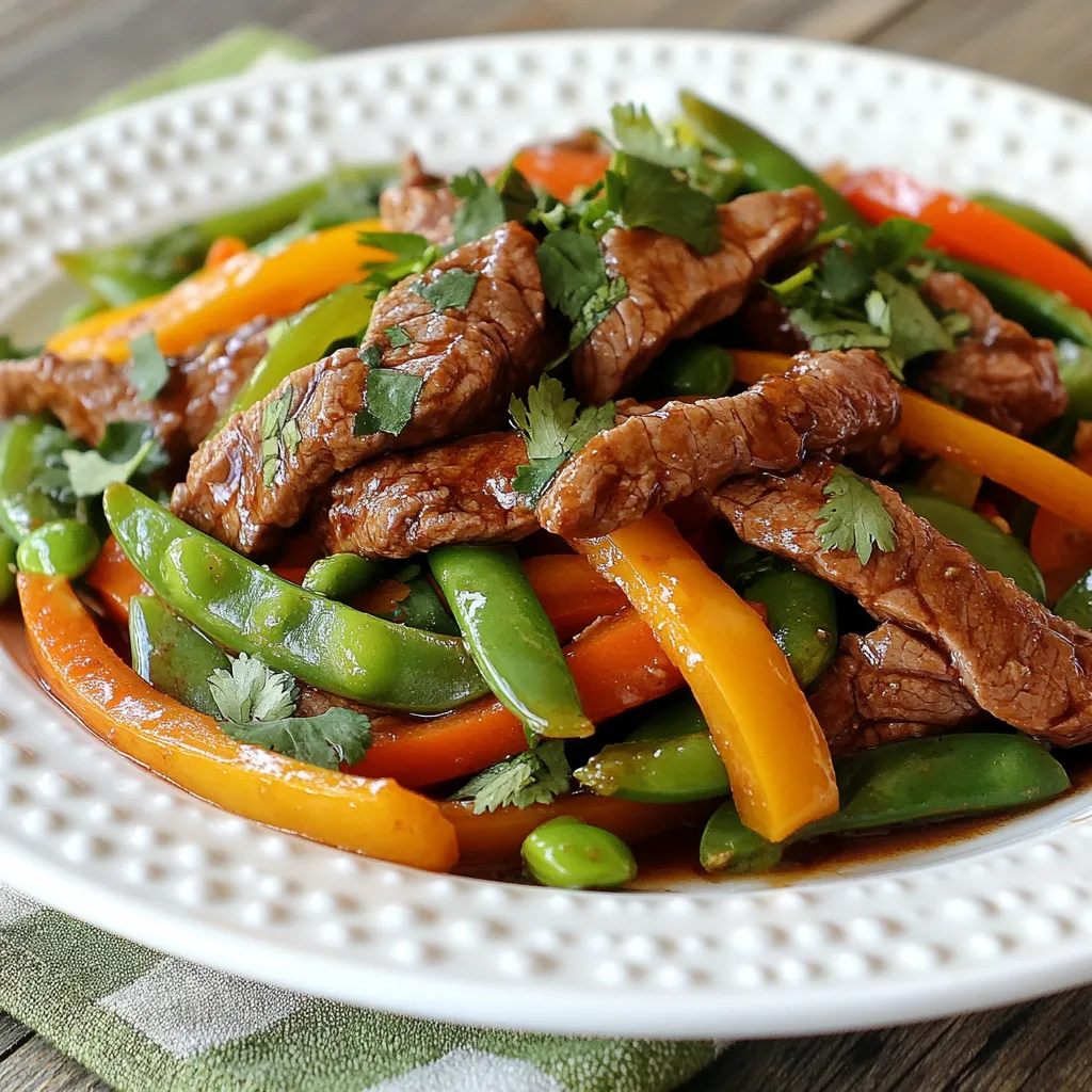 Cowboy Stir Fry uses fresh and simple ingredients. Here’s what you need: - 1 lb beef sirloin, thinly sliced - 2 tablespoons vegetable oil - 1 medium onion, sliced - 2 cloves garlic, minced - 1 bell pepper (red or green), sliced - 1 cup snap peas, trimmed - 1 cup corn kernels (fresh or frozen) - 2 medium carrots, julienned - 3 tablespoons soy sauce - 1 tablespoon Worcestershire sauce - 1 teaspoon smoked paprika - Salt and pepper to taste - Fresh cilantro, for garnish Each ingredient plays a key role. The beef sirloin provides protein and flavor. Use good quality meat for the best taste. The vegetable oil helps the beef sear well and adds a nice touch. Onions and garlic add depth. They release sweet and savory notes when cooked. The bell pepper gives color and sweetness. Snap peas and corn add crunch and a hint of sweetness. Carrots not only give a pop of color but also add some natural sweetness. Soy sauce and Worcestershire sauce bring umami. They enhance the dish's savory profile. Smoked paprika adds a hint of smokiness, making the dish unique. Salt and pepper are essential for balancing flavors. Finally, fresh cilantro brightens the dish and adds freshness. These ingredients come together to create a dish that’s not only delicious but also easy to prepare. {{ingredient_image_1}} 1. First, heat 1 tablespoon of vegetable oil in a large skillet over medium-high heat. 2. Add the sliced beef sirloin once the oil is hot. 3. Season the beef with salt, pepper, and smoked paprika. 4. Stir-fry the beef for about 3-4 minutes until it turns brown. 5. Remove the beef from the skillet and set it aside for later. 1. In the same skillet, add the remaining tablespoon of oil. 2. Toss in the sliced onion and cook for 1-2 minutes until it softens. 3. Add the minced garlic, stirring for about 1 minute. 4. Next, add the sliced bell pepper and stir-fry for another 2 minutes. 5. Incorporate the snap peas, corn, and julienned carrots. 6. Cook everything for about 3-4 minutes until the veggies are tender-crisp. 1. Return the cooked beef to the skillet with the vegetables. 2. Add the soy sauce and Worcestershire sauce, stirring well. 3. Cook for an additional minute to heat everything through. 4. Adjust seasoning with salt and pepper if needed. 5. Remove from heat and garnish with fresh cilantro before serving. To boost flavor, use fresh herbs and spices. They add a lot of taste. Here are some seasoning tips: - Add salt and pepper to taste. - Use smoked paprika for a rich, smoky flavor. - Try adding a pinch of cayenne for heat. Fresh herbs like cilantro brighten the dish. Sprinkle chopped cilantro on top before serving. This adds color and freshness. Stir-frying is fast and fun. Here are best practices for a great stir-fry: - Use high heat to cook quickly. - Keep all ingredients ready before cooking, so you don’t waste time. - Stir often to prevent sticking and burning. For tender beef, slice it thinly against the grain. This keeps it juicy and soft. Cook it in batches if your pan is small. This way, it browns well. A great dish deserves a great look. Here are some garnishing suggestions: - Use fresh cilantro as a colorful garnish. - Add lime wedges for a zesty touch. For serving, a large bowl works well. You can also serve it on a platter for sharing. Pair it with rice or fresh tortillas for a complete meal. Enjoy your Cowboy Stir Fry! Pro Tips Slice Against the Grain: For tender beef, always slice the sirloin against the grain. This helps to break down the muscle fibers and results in a more tender bite. Prep All Ingredients First: Stir frying is a quick cooking method. To ensure everything cooks evenly, prepare and chop all your ingredients before you start cooking. Add Veggies in Stages: Different vegetables take different amounts of time to cook. Start with those that need longer cooking times and add quicker-cooking veggies later for the best texture. Use a Hot Pan: Make sure your skillet or wok is hot before adding ingredients. This helps to sear the meat and vegetables quickly, locking in flavors and moisture. {{image_2}} You can swap the beef for chicken or pork in this dish. Chicken breast works well, sliced thin. It cooks fast and absorbs flavors nicely. Pork also adds a rich taste. For a vegetarian option, try tofu. Firm tofu soaks up the sauce and keeps its shape. You can also use tempeh for a nutty flavor. Feel free to mix in other vegetables. Broccoli, zucchini, or mushrooms can add great texture. You can also try asparagus or bell peppers in different colors for fun. Think about using seasonal veggies too. In summer, fresh tomatoes or green beans shine. In fall, add squash or sweet potatoes for warmth. You can serve Cowboy Stir Fry in many ways. A bowl is quick and easy, perfect for busy nights. You can also lay it out on a platter for sharing. For a fun twist, use it as a taco filling. Just scoop some stir fry into a tortilla. Or, wrap it in a burrito for a hearty meal. To store your Cowboy Stir Fry, let it cool first. Place it in an airtight container. This keeps the flavors fresh and safe. Store it in the fridge. It lasts about 3 to 4 days. If you want it to last longer, consider freezing it. When reheating, I recommend using a skillet. Just add a splash of water to keep it moist. Stir it often to heat evenly. You can also use the microwave, but be careful. Heat it in short bursts to avoid overcooking. If you freeze it, store in a freezer-safe container. It can last up to 3 months. For meal prep, chop your veggies and slice the beef ahead of time. This saves you tons of time during the week. Portion the stir fry into containers for quick meals. You can pair it with rice or noodles for a complete dish. You can serve Cowboy Stir Fry with many tasty sides. Here are some great options: - Rice: White, brown, or fried rice works well. - Noodles: Try egg noodles or rice noodles for a fun twist. - Salad: A fresh green salad adds crunch and color. - Bread: Warm garlic bread or dinner rolls can soak up the sauce. These sides will balance the rich flavors of the stir fry. Yes, you can make Cowboy Stir Fry ahead of time. Here are some tips for meal prepping: - Cook and Cool: Prepare the dish, then let it cool before storing. - Portion: Divide it into meal-sized containers for easy access. - Refrigerate: Store in the fridge for up to three days. - Reheat: When ready to eat, reheat on the stove or in the microwave. This makes weeknight dinners quick and easy. To add some heat to Cowboy Stir Fry, try these tips: - Chili Paste: Stir in a spoonful of chili paste during cooking. - Fresh Chilis: Add sliced jalapeños or serrano peppers for a fresh kick. - Red Pepper Flakes: Sprinkle red pepper flakes on top before serving. - Hot Sauce: Drizzle your favorite hot sauce over the dish. These options let you customize the spice level to your liking. This blog covered the key steps and ingredients for a great Cowboy Stir Fry. You learned about cooking techniques, seasoning tips, and ingredient swaps to fit your taste. Remember, stir-frying is quick and fun! Feel free to get creative with your choice of protein and veggies. Leftovers can make meal prep easier, so store wisely for tasty meals later. Enjoy making your Cowboy Stir Fry just the way you like it!