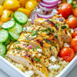 For the chicken, you need: - 2 large chicken breasts - 2 tablespoons olive oil - 1 teaspoon dried oregano - 1 teaspoon garlic powder - Salt and pepper to taste These simple ingredients make a tasty marinade. The olive oil keeps the chicken moist. Oregano and garlic add a burst of flavor. For the base, gather: - 1 cup quinoa, rinsed - 2 cups chicken broth (or water) Quinoa is a great source of protein. It cooks fluffy and pairs well with chicken. Use chicken broth for extra flavor. It makes each bite rich and tasty. For the salad, you will need: - 1 cucumber, diced - 1 cup cherry tomatoes, halved - 1/2 red onion, finely chopped - 1 cup feta cheese, crumbled - 1/2 cup kalamata olives, pitted and halved - 1 lemon, juiced - Fresh parsley, chopped (for garnish) These ingredients add freshness and crunch. The feta gives a nice salty kick. Olives and cucumbers bring a Mediterranean touch. Lemon juice brightens the whole bowl. Use parsley for a pop of color. This salad makes your meal prep bowl colorful and nutritious! {{ingredient_image_1}} First, you need to marinate the chicken. Take a bowl and add olive oil, oregano, garlic powder, salt, and pepper. Whisk them together until mixed. Next, add the chicken breasts to the bowl. Coat them well with the marinade. For the best flavor, let the chicken sit for at least 30 minutes. If you have time, marinate it overnight. This step makes the chicken juicy and full of flavor. Now, let's cook the quinoa. In a medium saucepan, pour in the chicken broth or water and bring it to a boil. Once boiling, add the rinsed quinoa. Stir it in and reduce the heat to low. Cover the pan and let it simmer for about 15 minutes. When the liquid is gone, fluff the quinoa with a fork. Set it aside to cool. This will be the base for your meal prep bowls. Next, it's time to grill the chicken. Preheat your grill or skillet over medium-high heat. Place the marinated chicken on the grill. Cook it for about 6-7 minutes on each side. You want the internal temperature to reach 165°F. Once cooked, take it off the heat. Let it rest for 5 minutes before slicing. This helps keep the juices inside. While the chicken cooks, prepare the salad. In a large bowl, combine diced cucumber, halved cherry tomatoes, chopped red onion, crumbled feta cheese, and halved kalamata olives. Squeeze the juice of one lemon over the salad. Toss it gently to mix all the flavors. This fresh salad adds crunch and color to your meal prep bowls. Now, let’s assemble the bowls. Start by dividing the cooked quinoa into your meal prep containers. Next, add the sliced chicken on top of the quinoa. Then, scoop the salad next to the chicken. For a nice touch, garnish with chopped parsley. This makes the bowls look vibrant and inviting. After assembling the bowls, let them cool down. Once cooled, seal the containers tightly. Store them in the fridge for up to 4 days. This meal prep is perfect for quick lunches or dinners. To save time, prep all your ingredients first. Chop the veggies and measure the quinoa. Marinate the chicken the night before. This lets the flavors soak in. When you start cooking, everything is ready. Use a large pot for the quinoa. It cooks evenly and saves you from extra cleanup. Add more zest with fresh herbs. Try dill or mint for a twist. A splash of red wine vinegar can brighten the salad. If you like spicy, add a pinch of red pepper flakes to the chicken marinade. This gives a nice kick. You can also mix in roasted red peppers for extra taste. They pair well with the feta cheese. Make your meal prep bowls look appealing. Layer the quinoa, chicken, and salad in sections. This keeps colors bright and fresh. Use clear containers so you can see the vibrant ingredients. For a touch of green, sprinkle fresh parsley on top. If you want a fun twist, use small cups for the salad. This keeps it crisp until you’re ready to eat. Pro Tips Marinate for Maximum Flavor: Allow the chicken to marinate for at least 30 minutes, but overnight is ideal for a deeper flavor infusion. Use a Meat Thermometer: Ensure the chicken is fully cooked by checking that it reaches an internal temperature of 165°F (75°C) for safety. Cool Before Storing: Let the meal prep bowls cool completely before sealing to prevent condensation and sogginess. Customize Your Veggies: Feel free to swap or add other vegetables like bell peppers or spinach to the salad for extra nutrition and variety. {{image_2}} You can switch the chicken for other proteins. Try salmon for a rich taste. Shrimp works well too; it cooks fast and adds a nice flavor. For a veggie option, use chickpeas or tofu. Both give you protein and pair perfectly with the other ingredients. If you want a change from quinoa, consider brown rice. It’s filling and has a nutty flavor. Farro is another great choice. It adds a nice chewiness. For gluten-free options, use cauliflower rice. It’s light and allows the other flavors to shine. Feel free to mix up your salad ingredients. Instead of cucumbers, use bell peppers for crunch. Swap cherry tomatoes for diced avocados for creaminess. You can also add spinach or kale for extra greens. Each swap brings a new twist to your bowl. To keep your Greek Chicken Meal Prep Bowls fresh, follow these steps: - Allow the bowls to cool completely before sealing. - Use airtight containers to prevent moisture and air from spoiling the food. - Store in the fridge for best results. These bowls last well in the fridge. You can safely enjoy them for up to 4 days. After that, the flavors may fade and ingredients can spoil. Always check for any off smells or changes in texture. Reheat your Greek Chicken Meal Prep Bowls for a quick meal. Here are the steps: - Remove the lid from the container. - Microwave for 1-2 minutes, stirring halfway through. - Ensure the chicken reaches an internal temperature of 165°F before eating. You can also reheat in a skillet over medium heat for best results. Enjoy your meal! Yes, you can use frozen chicken. Just remember to thaw it first. Thawing ensures even cooking. You can use the fridge overnight for the best results. If you're short on time, run it under cold water. Once thawed, follow the same marinating steps. These meal prep bowls can last up to four days in the fridge. Store them in airtight containers to keep them fresh. Always let them cool before sealing. If you plan to eat them later, they taste great cold or warmed up. You can add more herbs and spices like dill or parsley. Adding red pepper flakes gives a nice kick. A splash of balsamic vinegar can also enhance the taste. Experimenting with different flavors keeps the meal exciting! Yes, quinoa is a great choice for meal prep. It is high in protein and fiber. Quinoa also contains many vitamins and minerals. This makes it filling and nutritious, perfect for any meal. Yes, you can adapt this recipe to be vegan. Replace chicken with grilled tofu or chickpeas. Use vegetable broth instead of chicken broth. You can also skip the feta or use a plant-based cheese. This way, you keep the flavors while making it plant-based! We explored how to create tasty Greek Chicken Meal Prep Bowls using simple ingredients. From marinating chicken to cooking quinoa, every step ensures a delicious meal. I shared tips for efficient prep and ways to enhance flavor. You can also customize these bowls with different proteins and grains. In summary, this recipe is easy and flexible. Enjoy your healthy meals throughout the week!