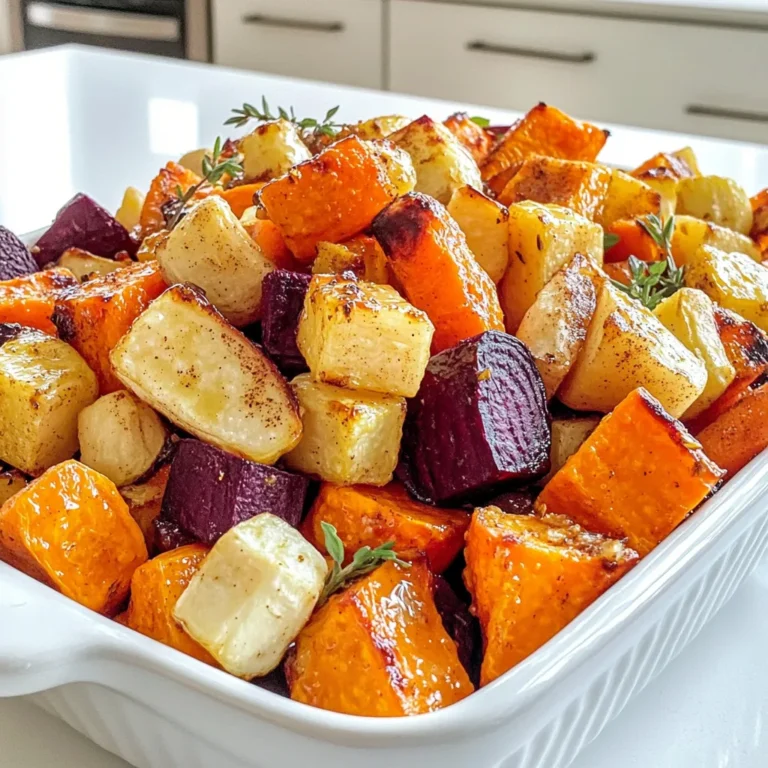 - 2 large carrots, peeled and sliced - 2 parsnips, peeled and sliced - 1 medium sweet potato, cubed - 1 beetroot, peeled and cubed - 2 tablespoons olive oil - 3 tablespoons pure maple syrup - 1 teaspoon ground cinnamon - 1 teaspoon sea salt - 1/2 teaspoon black pepper - Fresh thyme leaves for garnish - Servings: 4 - Nutritional Benefits of Ingredients: - Carrots provide beta-carotene, which helps with vision. - Parsnips offer fiber and vitamins that support digestion. - Sweet potatoes are rich in antioxidants and help boost immunity. - Beetroot is great for heart health and can improve blood flow. - Olive oil adds healthy fats and supports heart function. - Maple syrup gives a natural sweet taste with minerals like manganese. - Cinnamon has anti-inflammatory properties and can help regulate blood sugar. - Sea salt and black pepper enhance the flavor without excess sodium. - Fresh thyme adds aroma and can aid in digestion. Start by peeling the carrots, parsnips, and beetroot. Use a sharp peeler for clean cuts. Slice the carrots and parsnips into even rounds. Cut the sweet potato into cubes. Aim for similar sizes to ensure even cooking. In a large bowl, combine all the sliced and cubed vegetables. Drizzle in the olive oil and maple syrup. Mix gently to coat all pieces. This adds great flavor. Then, sprinkle in the ground cinnamon, sea salt, and black pepper. Toss again to blend the spices well. First, preheat your oven to 400°F (200°C). This helps the veggies roast perfectly. Spread the coated vegetables in a single layer on a lined baking sheet. Roast them for 30 to 35 minutes. Stir them halfway through. This ensures they cook evenly and get caramelized. When done, they should be tender and golden. Let them cool slightly before serving. Ideal Oven Settings Set your oven to 400°F (200°C). This heat helps the veggies cook evenly. The high temperature makes them tender and caramelized. Checking for Tenderness After 30 to 35 minutes, use a fork to check the veggies. They should be soft and easy to pierce. If they need more time, roast them a bit longer. Stir halfway through to ensure all sides cook well. Alternative Sweeteners vs. Maple Syrup If you want to try different sweeteners, honey or agave syrup work well. These options add a unique taste but may change the dish's flavor profile. Maple syrup gives a rich, warm flavor that many love. Adding Additional Herbs and Spices Feel free to experiment with herbs! Rosemary and sage pair nicely with root veggies. You can also try adding a pinch of chili powder for heat. Mix and match to find your favorite flavor combination. Using Garnishes Effectively Garnish your roasted veggies with fresh thyme leaves. This adds a pop of color and a fresh taste. You can also sprinkle some chopped parsley for extra flair. Serving Suggestions for Meals Serve these veggies alongside roasted chicken or fish. They make a great side dish for any meal. You can also toss them in a salad for added flavor and texture. {{image_2}} You can change up the root veggies in this dish. Here are some ideas: - Turnips: They add a mild flavor and good texture. - Rutabaga: This veggie brings a sweet, earthy taste. - Radishes: They add a bit of crunch when roasted. - Potatoes: Use white or red potatoes for a classic touch. For seasonal options, think about what’s fresh at your local market. In fall, try squash. In spring, use baby carrots for a sweeter taste. This dish is easy to make gluten-free. All the ingredients are naturally gluten-free. Just make sure to check any labels on sauces. If you want a vegan option, this recipe is already vegan! Just use pure maple syrup. It’s a great sweetener that fits well in plant-based diets. You can spice up your roasted veggies easily. - Adding Heat: If you like heat, sprinkle in some chili powder or cayenne pepper. Start with a little and add more if you like it spicy. - Sweetness Level Adjustments: If you prefer less sweetness, you can cut the maple syrup in half. The veggies will still taste great with less sugar. You can also try adding a touch of balsamic vinegar for a tangy twist. These variations make the dish exciting and personal. You can play with flavors to match your taste. After you cook your maple roasted root veggies, let them cool. Place them in an airtight container. This keeps them fresh in the fridge. They stay good for about 3 to 5 days. When you store leftovers, layer them gently. This helps keep the veggies intact and tasty. If you want to keep your veggies longer, freezing is a great option. First, let them cool completely. Then, spread them on a baking sheet. Freeze them for about 1 to 2 hours. This prevents them from sticking together. After freezing, transfer the veggies to a freezer-safe bag. They can last for about 3 months in the freezer. Just remember to label the bag with the date. To enjoy your maple roasted root veggies again, reheat them properly. The best way is in the oven. Preheat your oven to 350°F (175°C). Spread the veggies on a baking sheet. Heat them for about 10-15 minutes, until warm. You can also use a microwave. Just heat in short bursts, stirring often. This keeps the flavor and texture nice. Enjoy your delicious veggies! Yes, you can use other sweeteners. Honey, agave, and brown sugar are good options. - Honey: It adds a floral taste, but may be too sweet. - Agave: This has a mild flavor, but it's high in fructose. - Brown Sugar: It gives a caramel flavor but lacks the maple's unique taste. Maple syrup adds depth and richness. I suggest sticking with it for the best results. Check for tenderness and caramelization. - Tenderness: Insert a fork into the veggies. They should be soft. - Caramelization: Look for a golden-brown color. This shows they are roasted well. Stirring halfway through helps with even cooking. Keep an eye on them to avoid burning. These veggies pair well with many dishes. - Roast Chicken: The savory flavor balances the sweetness. - Grilled Fish: The freshness complements the roasted taste. - Quinoa Salad: It adds protein and makes a filling meal. Feel free to mix and match for a balanced plate! In this post, we explored how to make delicious maple roasted root vegetables. We covered the right ingredients, from carrots to fresh thyme, ensuring great taste. You learned preparation tips, roasting techniques, and storage methods. For the best results, try different veggies and flavors. Don’t forget to pair these roasted delights with your favorite dishes. Enjoy the benefits of nutrition and flavor, all in one recipe. Happy cooking!