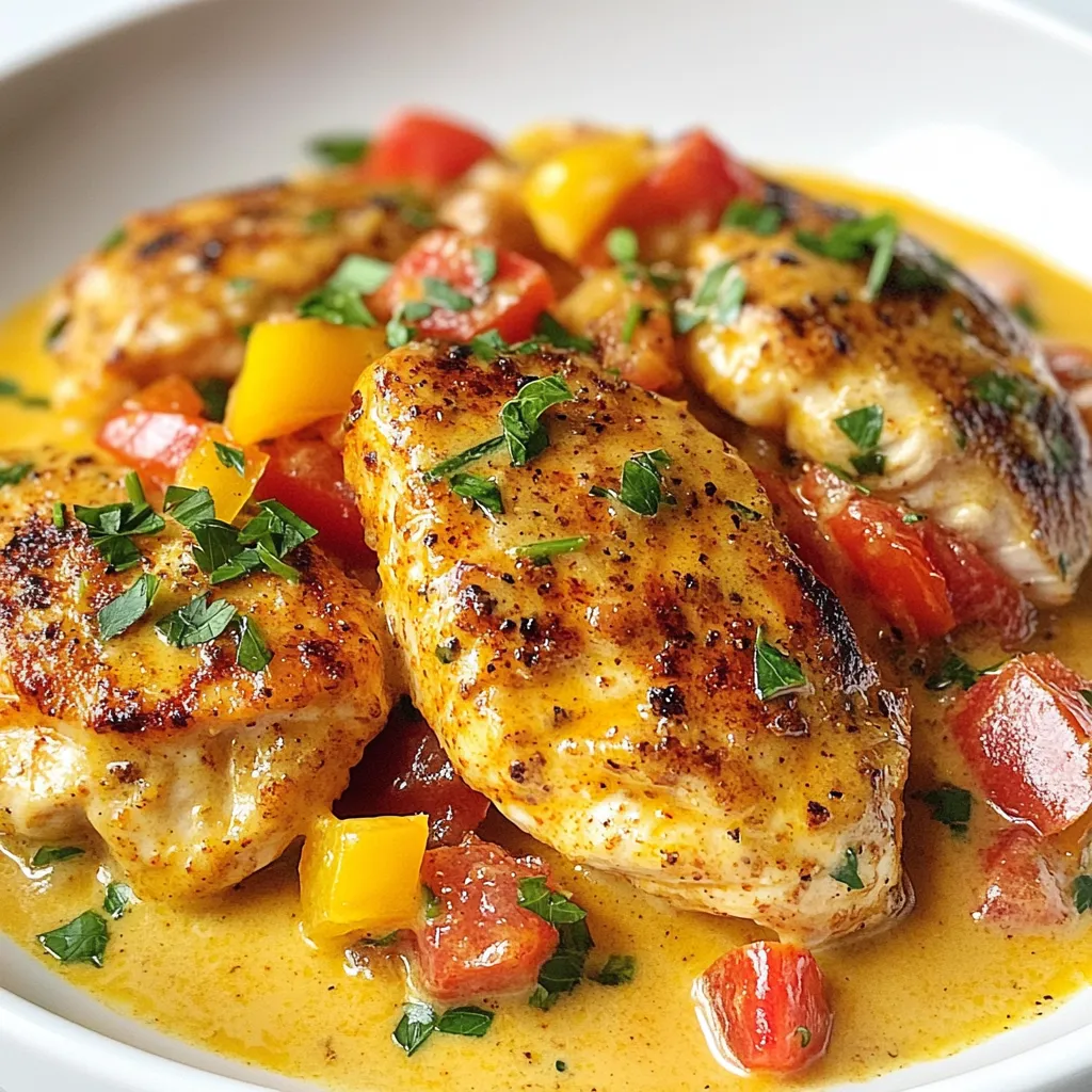 - 4 boneless, skinless chicken breasts - 1 tablespoon Cajun seasoning - 2 tablespoons olive oil - 1 medium onion, diced - 4 cloves garlic, minced - 1 cup heavy cream - 1 cup chicken broth - 1 cup diced tomatoes (canned or fresh) - 1 cup bell peppers (red and green), diced - 1 teaspoon smoked paprika - Salt and black pepper to taste - Fresh parsley, chopped (for garnish) To create my Easy Creamy Cajun Chicken, I focus on these fresh and flavorful ingredients. The chicken breasts serve as the main protein. I coat them with Cajun seasoning to add that signature zest. The olive oil helps sear the chicken, creating a nice golden crust. I add onion and bell peppers for sweetness. Garlic brings a lovely aroma. The heavy cream creates a rich and creamy sauce. Chicken broth adds depth and moisture. I use diced tomatoes for a pop of color and flavor. Smoked paprika enhances the dish with a subtle smokiness. Finally, I season with salt and black pepper to taste. A sprinkle of fresh parsley at the end adds a bright touch. This combination creates a dish that is not only easy to make but also packed with flavor. {{ingredient_image_1}} To start, season the chicken breasts on both sides. Use Cajun seasoning, salt, and black pepper. You want to cover the chicken well for great flavor. Next, heat two tablespoons of olive oil in a large skillet over medium-high heat. When the oil is hot, add the seasoned chicken breasts. Cook them for about 5 to 7 minutes on each side. They should be golden brown and fully cooked. Once done, take them out of the skillet and set them aside. In the same skillet, add one medium diced onion and one cup of diced bell peppers. I like using a mix of red and green for color. Sauté the veggies for about 3 to 4 minutes until they soften. Now, add four minced cloves of garlic to the skillet. Cook for another minute until the garlic smells great. Pour in one cup of chicken broth and bring it to a simmer. Be sure to scrape the brown bits off the bottom of the skillet. This adds more flavor to the sauce. Then, stir in one cup of diced tomatoes and one cup of heavy cream. Add one teaspoon of smoked paprika for that unique taste. Let this mixture simmer for about 5 minutes until it thickens slightly. Now it’s time to bring back the chicken. Place the cooked chicken breasts into the skillet. Spoon the creamy sauce over them. Let it simmer for an extra 2 to 3 minutes to heat through. Taste the sauce and adjust seasoning with more salt or black pepper if needed. Garnish your dish with fresh chopped parsley before serving. Enjoy your Easy Creamy Cajun Chicken! To keep the chicken juicy, avoid overcooking it. Cook each side for about 5-7 minutes. Check that the inside reaches 165°F. Use a meat thermometer for accuracy. After cooking, let the chicken rest for a few minutes. This step helps keep the juices locked inside. For the sauce, you want it to be creamy but not too thick. After adding the heavy cream and tomatoes, simmer for about 5 minutes. Keep stirring to blend the flavors well. If it's too thick, add a splash of chicken broth. This will help achieve the right sauce consistency. If you want to swap heavy cream, try using half-and-half or coconut milk. Both will still give a nice creaminess. If you're looking for a lower-fat option, use Greek yogurt. Just stir it in at the end to avoid curdling. For seasoning, you can adjust the Cajun spice level. If you prefer less heat, reduce the Cajun seasoning. You can also add a pinch of garlic powder or onion powder for more flavor without the spice. Serve the creamy Cajun chicken over a bed of rice or pasta. This adds a nice base to soak up the sauce. You can also pair it with a simple salad or steamed veggies for a fresh touch. To make your dish look impressive, garnish it with chopped fresh parsley. A sprinkle of paprika on top adds color and a hint of spice. Serve in a colorful bowl or plate to enhance the presentation. Pro Tips Choose the Right Chicken: Opt for organic, free-range chicken breasts for a more flavorful dish. Customize Your Spice Level: Adjust the Cajun seasoning according to your heat preference; add more for a spicier kick. Let It Rest: After cooking, allow the chicken to rest for a few minutes before cutting to retain its juices. Serve with Sides: This dish pairs wonderfully with rice or crusty bread to soak up the creamy sauce. {{image_2}} You can change the main protein in this dish. If you want shrimp, use large shrimp instead of chicken. Cook shrimp for about 2-3 minutes on each side. For tofu lovers, try firm tofu! Cube it and sauté until golden. Adjust cook times for these proteins to avoid overcooking. To make this dish gluten-free, use gluten-free chicken broth. Most Cajun seasonings are gluten-free, but check labels to be safe. For a dairy-free option, swap heavy cream for coconut milk or a plant-based cream. Both will keep the dish rich and creamy. You can control the spice in your creamy Cajun chicken. For a mild version, use less Cajun seasoning and skip hot sauce. If you love heat, add more Cajun seasoning or douse the dish with your favorite hot sauce. Adjust to your taste for the perfect kick! To store leftovers, let the dish cool first. Then, place the chicken and sauce in an airtight container. This method helps keep the flavors fresh. In the fridge, Easy Creamy Cajun Chicken lasts up to three days. Ensure the container is sealed well to avoid any odors. You can reheat the chicken in two ways: the oven or the microwave. For the oven, preheat to 350°F (175°C). Place the chicken in a baking dish and cover it with foil. Heat for about 15-20 minutes or until warm. In the microwave, use a microwave-safe plate. Heat on medium power for 2-3 minutes. Stir halfway to ensure even heating. To keep the creamy texture, add a splash of chicken broth or cream before reheating. To freeze Easy Creamy Cajun Chicken, place it in a freezer-safe container. Make sure to leave some space at the top for expansion. It can last up to three months in the freezer. To thaw, place it in the fridge overnight. For reheating, follow the same oven or microwave instructions as above. The total time for this dish is 30 minutes. You will spend about 10 minutes prepping. Cooking takes around 20 minutes. This quick time makes it perfect for busy nights. Yes, you can prepare some parts ahead. Season the chicken early and store it in the fridge. You can also chop the onion, bell peppers, and garlic in advance. Store them in airtight containers. This saves time on cooking day. This dish pairs well with many sides. Here are some great options: - Rice: White or brown rice soaks up the creamy sauce. - Pasta: Serve over fettuccine or penne for a hearty meal. - Vegetables: Steamed broccoli or green beans add a fresh touch. - Salad: A simple green salad brightens the plate. - Bread: Garlic bread is great for mopping up the sauce. Feel free to mix and match these sides to make your meal extra special! This blog post shared a simple recipe for Easy Creamy Cajun Chicken. We covered the main and additional ingredients, seasoning, and garnish. I outlined step-by-step cooking instructions and shared helpful tips for perfect results. You learned about variations and storage methods to keep your meal fresh. This dish is versatile and easy to modify for different tastes. Enjoy experimenting in the kitchen and savor your delicious dish!