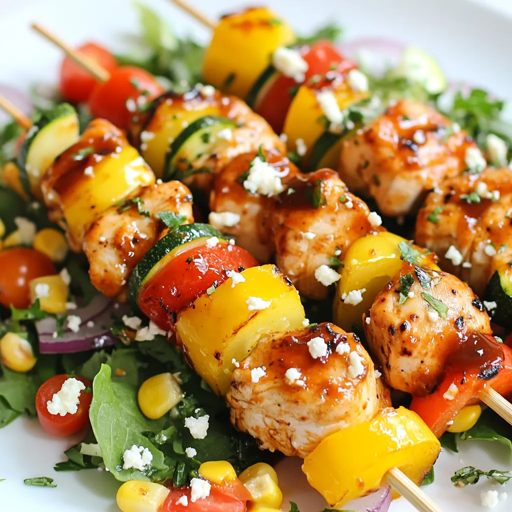 To make a tasty BBQ chicken skewer salad, you need: - 2 boneless, skinless chicken breasts, cut into 1-inch pieces - 2 tablespoons BBQ sauce (your favorite brand) - 1 tablespoon olive oil - 1 teaspoon smoked paprika - 1 teaspoon garlic powder - Salt and pepper to taste - 1 red bell pepper, cut into chunks - 1 yellow bell pepper, cut into chunks - 1 zucchini, sliced into thick rounds - 4 cups mixed greens (spinach, arugula, or baby kale) - ½ cup cherry tomatoes, halved - ¼ cup sliced red onion - ½ cup corn (fresh or canned) - ¼ cup feta cheese, crumbled (optional) - Additional BBQ sauce for drizzling These ingredients give your salad a mix of flavors and textures. The veggies add crunch, while the chicken provides protein. For extra zing, consider adding: - Avocado slices - Fresh herbs like cilantro or parsley - A squeeze of lime juice - Jalapeños for heat - Sliced olives These optional ingredients can boost flavor and freshness, making your salad even more delightful. If you need substitutions, here are some ideas: - Use tofu or tempeh instead of chicken for a plant-based meal. - Swap BBQ sauce for teriyaki or a spicy chili sauce for a twist. - For lower carbs, replace mixed greens with cauliflower rice. - Use vegan cheese or skip the cheese for a dairy-free version. These substitutions keep the dish tasty while fitting different diets. You can enjoy a BBQ chicken skewer salad no matter your preference! {{ingredient_image_1}} Start by cutting the chicken breasts into 1-inch pieces. In a bowl, mix the chicken with olive oil, BBQ sauce, smoked paprika, garlic powder, salt, and pepper. Make sure each piece gets coated well. Cover the bowl and let the chicken marinate for at least 30 minutes in the fridge. This step adds flavor and keeps the chicken juicy. While the chicken marinates, get your grill or grill pan ready. Preheat it to medium-high heat. Take the marinated chicken and thread it onto skewers. Alternate chicken pieces with chunks of red and yellow bell peppers and thick slices of zucchini. Leave a small space between each piece. This gap helps everything cook evenly. Once your grill is hot, place the skewers on it. Grill the chicken for about 10-12 minutes. Turn them occasionally to ensure even cooking. The chicken is done when it reaches 165°F and has nice grill marks. You can use a meat thermometer to check the temperature. Remember, letting the chicken rest for a few minutes after grilling helps keep it moist. To get juicy, tender chicken, start with marinating it well. Use olive oil and BBQ sauce. Add smoked paprika and garlic powder for flavor. Let it sit in the fridge for at least 30 minutes. When grilling, keep an eye on the heat. Medium-high works best. Flip the skewers often. This helps cook the chicken evenly. Look for nice grill marks. The chicken is ready when it hits 165°F. Prep all your veggies before you grill. Cut the red and yellow bell peppers into chunks. Slice the zucchini into thick rounds. While waiting for the chicken to marinate, toss the mixed greens, cherry tomatoes, red onion, and corn in a bowl. This makes assembly quick. You can even use skewers to hold the veggies. It adds color and flair to your salad. For a full meal, place the grilled chicken skewers right on top of the salad. Drizzle with extra BBQ sauce for more flavor. If you like cheese, sprinkle crumbled feta on top. It adds a nice touch. Serve the salad right away for the best taste. This dish is perfect for a summer dinner or a picnic. Pro Tips Marinade Time: The longer you let the chicken marinate, the more flavorful it will be. Aim for at least an hour, or even overnight for maximum taste. Vegetable Variations: Feel free to mix in other vegetables like mushrooms, cherry tomatoes, or even pineapple for a sweet twist! Grill Marks: For beautiful grill marks, avoid moving the skewers too much while cooking. Let them sit for a few minutes on each side. Serving Suggestion: Serve with extra BBQ sauce on the side for dipping. It adds an extra layer of flavor and moisture to the salad. {{image_2}} If you want to change the protein, you have great options. You can use shrimp or tofu for a different taste. Both options cook well with the same BBQ sauce and spices. For shrimp, cook them just until they turn pink. If you prefer tofu, choose firm tofu. Cut it into cubes and press it to remove excess water. Marinate it like the chicken before grilling. For a tasty vegetarian or vegan meal, skip the meat completely. Use hearty veggies like mushrooms, eggplant, or tempeh. The BBQ sauce adds flavor to these alternatives. You can also use marinated chickpeas for protein. Grill the veggies until they are tender and slightly charred. Pair them with your mixed greens for a filling salad. Want to spice up your BBQ sauce? Try adding some fresh herbs like basil or cilantro. A splash of lime juice can brighten the flavor. For a kick, add a pinch of cayenne pepper or hot sauce. Mixing in honey or maple syrup can bring a sweet touch too. These small changes can make your salad feel new every time you make it! To store leftover BBQ chicken skewer salad, place it in an airtight container. Make sure to keep the salad separate from the dressing. This helps the greens stay fresh. The salad will last for up to three days in the fridge. If you have leftover chicken, store that in a separate container too. When reheating grilled chicken, use the oven or microwave. For the oven, preheat it to 350°F. Place the chicken on a baking sheet and cover it with foil. Heat for about 10-15 minutes. This keeps the chicken moist. If using a microwave, place the chicken in a microwave-safe dish. Heat in short bursts of 30 seconds until warm. For storing skewers, remove the chicken and veggies from the sticks first. Place them in a container with a lid. This prevents them from getting soggy. Store them in the fridge for up to three days. If you want to keep the skewers, wrap them in plastic wrap. Avoid stacking them to keep their shape. To keep the chicken moist, marinate it well. Use BBQ sauce, olive oil, smoked paprika, and garlic powder. This mix adds flavor and helps lock in moisture. Grill the chicken on medium-high heat. Cook until it reaches 165°F. Avoid overcooking, as this dries out the meat. If you can, let the chicken rest for a few minutes after grilling. This step allows the juices to settle back into the meat. Yes, you can prepare parts of the salad ahead of time. Chop the veggies and store them in the fridge. Keep the mixed greens separate to stay fresh. You can also marinate the chicken a day before. Just remember to grill it right before serving for the best taste. If you want to make the whole salad in advance, add the dressing just before you serve. This keeps everything crisp and tasty. Several side dishes pair well with BBQ Chicken Skewer Salad. Here are a few ideas: - Grilled corn on the cob - Coleslaw for crunch and creaminess - Garlic bread for a tasty side - Quinoa or rice for added fiber - A light fruit salad for a refreshing touch These sides enhance the meal and bring more flavors to your table. You learned how to create a delicious BBQ Chicken Skewer Salad. We covered main and optional ingredients, step-by-step grilling instructions, and tips to enhance flavor. I shared variations for different diets and important storage info to keep your salad fresh. This salad is easy to customize, making it fun for everyone. Enjoy making this dish and get creative with your flavors!