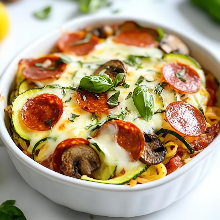 To make a tasty low-carb crustless pizza bowl, you'll need fresh and colorful ingredients. Here’s what you should gather: - 1 cup zucchini, shredded - 1 cup bell pepper, diced (red or green) - 1 cup mushrooms, sliced - 1 cup diced tomatoes - 1 cup shredded mozzarella cheese - 1/2 cup pepperoni, turkey or vegetarian - 2 tablespoons olive oil - 1 teaspoon dried oregano - 1 teaspoon garlic powder - Salt and pepper to taste - Fresh basil or parsley for garnish (optional) Each ingredient plays a role in making the dish flavorful. The zucchini gives a nice base, while bell peppers add crunch. Mushrooms bring earthiness, and tomatoes add freshness. Mozzarella cheese melts beautifully, creating a gooey layer. Pepperoni gives a savory kick. Olive oil helps blend the flavors, and spices bring it all together. You can also top it off with fresh herbs for a pop of color and taste. Enjoy picking out your ingredients! It’s all about creating a fun and tasty meal. {{ingredient_image_1}} 1. Preheating the oven Start by preheating your oven to 375°F (190°C). This way, your pizza bowl will bake evenly. 2. Preparing the vegetable mixture In a large mixing bowl, add 1 cup of shredded zucchini, 1 cup of diced bell pepper, 1 cup of sliced mushrooms, and 1 cup of diced tomatoes. These vegetables add flavor and texture. 3. Mixing and layering ingredients Drizzle 2 tablespoons of olive oil over the vegetable mix. Then, sprinkle in 1 teaspoon of dried oregano, 1 teaspoon of garlic powder, and salt and pepper to taste. Stir well. Next, spread the mixture in a greased 9-inch pie dish or oven-safe bowl. Layer 1 cup of shredded mozzarella cheese on top, and then scatter 1/2 cup of pepperoni over the cheese. 1. Baking time and temperature Place your pizza bowl in the preheated oven. Bake it for 25 to 30 minutes. This will melt the cheese and cook the veggies. 2. Signs of doneness Look for the cheese to be melted and bubbly. The edges of the vegetables should brown slightly. Once you see this, your Low-Carb Crustless Pizza Bowl is ready! You can switch out vegetables in your pizza bowl. Try using spinach, broccoli, or eggplant. These add great taste and color. If you want a different cheese, use nutritional yeast for a dairy-free option. Vegan cheese works well too. These changes keep the dish tasty and healthy. To ensure even cooking, spread the veggie mix well in the dish. This helps it cook uniformly. Check the bowl halfway through baking. Stir gently if needed. To prevent excess moisture, squeeze the shredded zucchini before mixing. This keeps your pizza bowl from getting soggy. Enjoy a perfect, low-carb slice every time! Pro Tips Use Fresh Vegetables: Fresh ingredients will enhance the flavor and texture of your pizza bowl. Opt for seasonal produce when possible. Experiment with Cheese: Feel free to mix different types of cheese, such as cheddar or gouda, for a more complex flavor profile. Make it Spicy: Add a pinch of red pepper flakes or sliced jalapeños to the vegetable mix for an extra kick! Customize Your Toppings: Get creative with other toppings like olives, onions, or spinach to suit your taste preferences. {{image_2}} You can change the protein in your crustless pizza bowl for a new taste. Try different types of pepperoni for fun. You can use turkey pepperoni for a leaner choice. Vegetarian pepperoni works great too. Adding cooked sausage gives a nice, hearty flavor. You can use Italian sausage for more spice. If you prefer chicken, add cooked, shredded chicken. This option keeps it light and tasty. To take your pizza bowl up a notch, add some heat. Red pepper flakes give a nice kick. If you like spicy food, jalapeños will spice things up even more. You can also add fresh herbs like basil or oregano. These add bright flavors. A seasoning blend can make your dish pop with taste. Mix in garlic powder, onion powder, or Italian seasoning for extra depth. These easy swaps let you customize your meal. Enjoy making it your own! To store your low-carb crustless pizza bowl, let it cool first. Once cool, cover it tightly with plastic wrap or transfer it to an airtight container. This keeps it fresh for 3 to 4 days in the fridge. When you're ready to eat, simply reheat in the oven or microwave. If using the microwave, heat in short bursts to avoid sogginess. If you want to keep your pizza bowl longer, freezing is a great option. First, allow it to cool completely. Then, cut it into portions for easy use. Wrap each piece tightly in plastic wrap, then place them in a freezer-safe bag or container. This way, you can enjoy it for up to 2 months. To reheat, let it thaw in the fridge overnight. Then bake it in the oven or microwave until hot. Can I make it in advance? Yes, you can make this dish in advance. Prepare the pizza bowl up to the baking step. Cover it and store it in the fridge for up to two days. When you’re ready, bake it as described. This saves time on busy days. How do I reheat leftovers? Reheating is simple. Place your leftover pizza bowl in the oven at 350°F (175°C) for about 15 minutes. You can also use a microwave. Heat in short bursts until warm. This keeps the cheese nice and gooey. Is it suitable for meal prep? Absolutely! This dish fits meal prep perfectly. You can portion out servings in individual containers. It stays good in the fridge for about three days. Just reheat when you need a quick meal. Enjoy a tasty, low-carb option anytime! This pizza bowl recipe blends fresh veggies and flavors for a tasty meal. You learned how to layer ingredients and bake them perfectly. I shared tips for ingredient swaps and extra flavors. It’s fun to experiment with various proteins. Storing leftovers correctly keeps your dish fresh longer. Use this recipe for a quick weeknight meal or meal prep. Enjoy your delicious creation, and feel free to share your twists!
