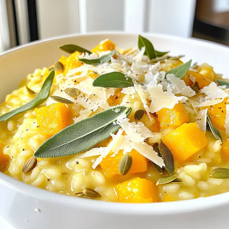 To make Butternut Squash Sage Risotto, you need a few simple ingredients. Here’s a list for easy reference: - 1 cup Arborio rice - 2 cups butternut squash, diced - 4 cups vegetable broth - 1 small onion, finely chopped - 2 cloves garlic, minced - 1 tablespoon fresh sage, chopped - 1 tablespoon olive oil - 1 tablespoon butter - 1/2 cup grated Parmesan cheese - Salt and pepper to taste - Optional: Toasted pumpkin seeds for garnish Each ingredient plays a key role. The Arborio rice gives the dish its creamy texture. The butternut squash adds sweetness and color. Vegetable broth provides a rich base. Onion and garlic build a solid flavor foundation. Fresh sage brings an earthy note. Olive oil and butter add richness. Parmesan cheese finishes the dish with depth. Finally, salt and pepper bring all the flavors together. Feel free to adjust the ingredients based on your taste. You can add more squash for sweetness or extra cheese for creaminess. Each choice makes the risotto your own. First, grab a saucepan. Pour in your vegetable broth and heat it over low heat. This keeps the broth warm while you cook. Warm broth helps the rice cook evenly and absorb flavors better. You want it ready when you need it. Next, take a large skillet. Add olive oil and butter, then heat over medium. Once hot, toss in the finely chopped onion. Sauté it for about three to four minutes until it turns soft and clear. Now, add the minced garlic. Cook for another minute until it smells great. The onion and garlic form a tasty base for your risotto. Now, it’s time for the butternut squash. Add the diced squash to the skillet. Cook it for five to six minutes until it softens a bit. Then, stir in your Arborio rice. Toast the rice for one to two minutes. This step makes the rice slightly clear and brings out its flavor. Here comes the fun part. Start adding the warm vegetable broth to the rice. Use a ladle and add one scoop at a time. Stir it well and wait until the rice absorbs most of the liquid before adding more. Keep doing this for about 20 to 25 minutes. The rice should be creamy and al dente when done. Mix in the chopped sage and grated Parmesan cheese. Season with salt and pepper to make it just right. Once your risotto is ready, let it sit for two to three minutes to thicken. Serve it hot. For an extra touch, sprinkle toasted pumpkin seeds on top. They add a nice crunch and look great on the plate. Enjoy your delicious butternut squash sage risotto! When making risotto, use Arborio rice. This rice has high starch content. Starch helps create a creamy texture. Other types of rice, like long-grain, won’t work well. Arborio rice absorbs liquid and flavors nicely. This makes it perfect for risotto dishes. To get that creamy texture, stir often. Add broth slowly, one ladle at a time. Wait until the rice drinks the broth before adding more. This slow cooking helps release starch. The starch is what gives risotto its rich, creamy feel. You can also add butter and cheese at the end. This adds extra creaminess and flavor. Sage is a great choice for this dish. Fresh sage brings warmth and depth. You can also try adding thyme or rosemary for more flavor. Just a pinch of nutmeg can add a nice twist. Taste as you go to find the right balance. Use a wide, shallow skillet or pan. This helps heat the rice evenly. A wooden spoon is best for stirring. It won’t scratch your pan and gives good control. Finally, a ladle is great for adding broth. These tools make cooking easier and more fun. {{image_2}} You can easily add protein to this risotto. For chicken, use cooked, diced pieces. Stir them in at the end for a hearty meal. Shrimp is another great choice. Sauté shrimp in olive oil until pink. Mix them in right before serving. Both options boost flavor and make the dish filling. This risotto is simple to adapt for vegetarian or vegan diets. To make it vegetarian, replace butter with more olive oil and use vegetarian broth. For a vegan version, skip the Parmesan cheese or use a vegan alternative. Nutritional yeast adds a cheesy flavor without dairy. Feel free to swap in other vegetables. Peas add sweetness and color. Stir them in during the last few minutes of cooking. Spinach is another tasty option. Add fresh spinach right before serving. Both choices keep the dish light and nutritious. You can mix and match to find your favorite combination! To store leftover risotto, let it cool first. Once cool, place it in an airtight container. Make sure to cover it well to keep it fresh. Risotto can stay good in the fridge for up to three days. If you want it to last longer, consider freezing it. When reheating risotto, add a splash of broth or water. This keeps the rice creamy. Use a saucepan over low heat. Stir often to avoid sticking. You can also microwave it, but add liquid in small amounts. Heat in short bursts and stir in between for the best result. To freeze risotto, portion it into smaller containers. Let it cool completely before sealing. This helps keep the texture. It can last for up to three months in the freezer. When you are ready to eat, thaw it in the fridge overnight. Reheat as mentioned earlier for a creamy dish. Arborio rice is a short-grain rice. It has a high starch content. This gives risotto its creamy texture. Regular rice, like long-grain, does not have this starch. It stays separate when cooked. For a creamy dish, always choose Arborio rice. Yes, you can use frozen butternut squash. It saves time and is convenient. Just thaw it before adding to the risotto. This way, it cooks evenly with the other ingredients. Fresh squash is great, but frozen works well too. To make this risotto vegan, swap the butter with more olive oil. Use nutritional yeast instead of Parmesan cheese. This adds a cheesy flavor without dairy. Ensure your vegetable broth is vegan-friendly. It’s easy to enjoy a tasty vegan risotto! Leftover risotto lasts about 3 to 5 days in the fridge. Store it in an airtight container. Make sure it cools down before sealing. Always check for any signs of spoilage before eating. Reheat it carefully to keep its creamy texture. You can make risotto ahead of time. However, it’s best served fresh. If you prepare it early, leave it slightly undercooked. When reheating, add a bit of broth to restore creaminess. Enjoy your risotto with the same great taste! In this blog post, we explored how to make a delicious butternut squash risotto. We covered the essential ingredients, step-by-step instructions, helpful tips, and various adaptations. Risotto is a tasty dish that can fit many diets. Remember to choose quality ingredients for the best flavor. Store leftovers properly, and don’t be afraid to get creative with add-ins. Enjoy making this comforting meal that warms your heart and plate!