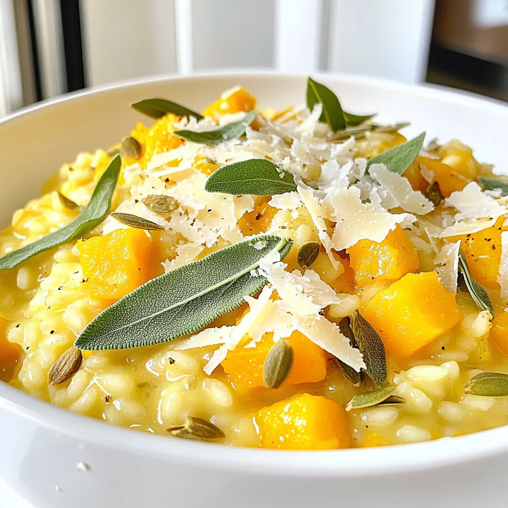 To make Butternut Squash Sage Risotto, you need a few simple ingredients. Here’s a list for easy reference: - 1 cup Arborio rice - 2 cups butternut squash, diced - 4 cups vegetable broth - 1 small onion, finely chopped - 2 cloves garlic, minced - 1 tablespoon fresh sage, chopped - 1 tablespoon olive oil - 1 tablespoon butter - 1/2 cup grated Parmesan cheese - Salt and pepper to taste - Optional: Toasted pumpkin seeds for garnish Each ingredient plays a key role. The Arborio rice gives the dish its creamy texture. The butternut squash adds sweetness and color. Vegetable broth provides a rich base. Onion and garlic build a solid flavor foundation. Fresh sage brings an earthy note. Olive oil and butter add richness. Parmesan cheese finishes the dish with depth. Finally, salt and pepper bring all the flavors together. Feel free to adjust the ingredients based on your taste. You can add more squash for sweetness or extra cheese for creaminess. Each choice makes the risotto your own. First, grab a saucepan. Pour in your vegetable broth and heat it over low heat. This keeps the broth warm while you cook. Warm broth helps the rice cook evenly and absorb flavors better. You want it ready when you need it. Next, take a large skillet. Add olive oil and butter, then heat over medium. Once hot, toss in the finely chopped onion. Sauté it for about three to four minutes until it turns soft and clear. Now, add the minced garlic. Cook for another minute until it smells great. The onion and garlic form a tasty base for your risotto. Now, it’s time for the butternut squash. Add the diced squash to the skillet. Cook it for five to six minutes until it softens a bit. Then, stir in your Arborio rice. Toast the rice for one to two minutes. This step makes the rice slightly clear and brings out its flavor. Here comes the fun part. Start adding the warm vegetable broth to the rice. Use a ladle and add one scoop at a time. Stir it well and wait until the rice absorbs most of the liquid before adding more. Keep doing this for about 20 to 25 minutes. The rice should be creamy and al dente when done. Mix in the chopped sage and grated Parmesan cheese. Season with salt and pepper to make it just right. Once your risotto is ready, let it sit for two to three minutes to thicken. Serve it hot. For an extra touch, sprinkle toasted pumpkin seeds on top. They add a nice crunch and look great on the plate. Enjoy your delicious butternut squash sage risotto! When making risotto, use Arborio rice. This rice has high starch content. Starch helps create a creamy texture. Other types of rice, like long-grain, won’t work well. Arborio rice absorbs liquid and flavors nicely. This makes it perfect for risotto dishes. To get that creamy texture, stir often. Add broth slowly, one ladle at a time. Wait until the rice drinks the broth before adding more. This slow cooking helps release starch. The starch is what gives risotto its rich, creamy feel. You can also add butter and cheese at the end. This adds extra creaminess and flavor. Sage is a great choice for this dish. Fresh sage brings warmth and depth. You can also try adding thyme or rosemary for more flavor. Just a pinch of nutmeg can add a nice twist. Taste as you go to find the right balance. Use a wide, shallow skillet or pan. This helps heat the rice evenly. A wooden spoon is best for stirring. It won’t scratch your pan and gives good control. Finally, a ladle is great for adding broth. These tools make cooking easier and more fun. {{image_2}} You can easily add protein to this risotto. For chicken, use cooked, diced pieces. Stir them in at the end for a hearty meal. Shrimp is another great choice. Sauté shrimp in olive oil until pink. Mix them in right before serving. Both options boost flavor and make the dish filling. This risotto is simple to adapt for vegetarian or vegan diets. To make it vegetarian, replace butter with more olive oil and use vegetarian broth. For a vegan version, skip the Parmesan cheese or use a vegan alternative. Nutritional yeast adds a cheesy flavor without dairy. Feel free to swap in other vegetables. Peas add sweetness and color. Stir them in during the last few minutes of cooking. Spinach is another tasty option. Add fresh spinach right before serving. Both choices keep the dish light and nutritious. You can mix and match to find your favorite combination! To store leftover risotto, let it cool first. Once cool, place it in an airtight container. Make sure to cover it well to keep it fresh. Risotto can stay good in the fridge for up to three days. If you want it to last longer, consider freezing it. When reheating risotto, add a splash of broth or water. This keeps the rice creamy. Use a saucepan over low heat. Stir often to avoid sticking. You can also microwave it, but add liquid in small amounts. Heat in short bursts and stir in between for the best result. To freeze risotto, portion it into smaller containers. Let it cool completely before sealing. This helps keep the texture. It can last for up to three months in the freezer. When you are ready to eat, thaw it in the fridge overnight. Reheat as mentioned earlier for a creamy dish. Arborio rice is a short-grain rice. It has a high starch content. This gives risotto its creamy texture. Regular rice, like long-grain, does not have this starch. It stays separate when cooked. For a creamy dish, always choose Arborio rice. Yes, you can use frozen butternut squash. It saves time and is convenient. Just thaw it before adding to the risotto. This way, it cooks evenly with the other ingredients. Fresh squash is great, but frozen works well too. To make this risotto vegan, swap the butter with more olive oil. Use nutritional yeast instead of Parmesan cheese. This adds a cheesy flavor without dairy. Ensure your vegetable broth is vegan-friendly. It’s easy to enjoy a tasty vegan risotto! Leftover risotto lasts about 3 to 5 days in the fridge. Store it in an airtight container. Make sure it cools down before sealing. Always check for any signs of spoilage before eating. Reheat it carefully to keep its creamy texture. You can make risotto ahead of time. However, it’s best served fresh. If you prepare it early, leave it slightly undercooked. When reheating, add a bit of broth to restore creaminess. Enjoy your risotto with the same great taste! In this blog post, we explored how to make a delicious butternut squash risotto. We covered the essential ingredients, step-by-step instructions, helpful tips, and various adaptations. Risotto is a tasty dish that can fit many diets. Remember to choose quality ingredients for the best flavor. Store leftovers properly, and don’t be afraid to get creative with add-ins. Enjoy making this comforting meal that warms your heart and plate!