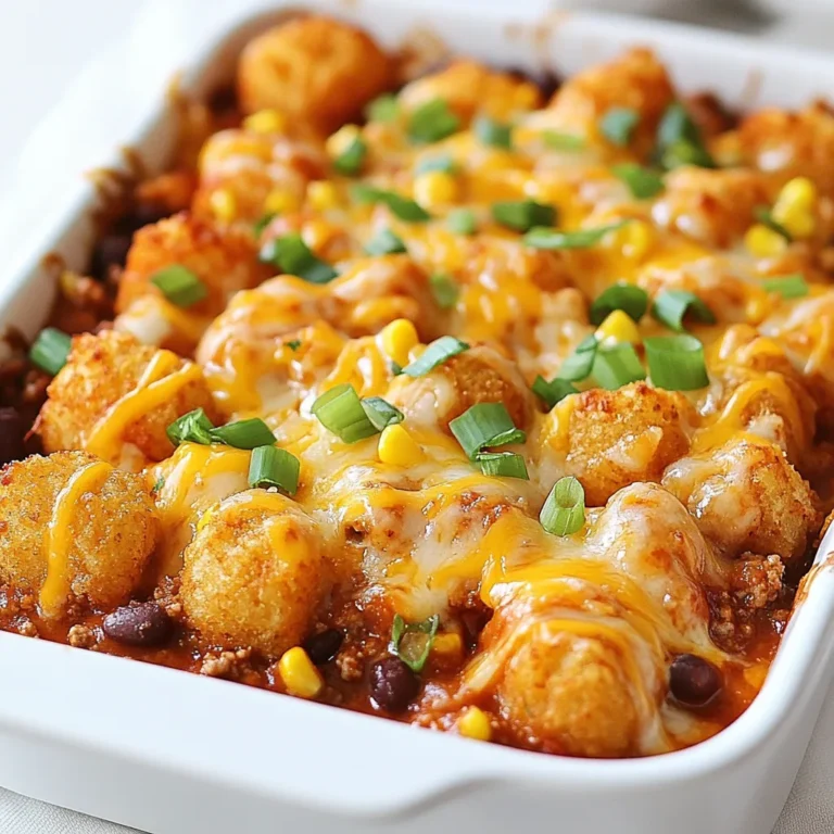 - 1 pound ground beef (or turkey) - 1 can (15 oz) chili beans (with sauce) - 1 can (15 oz) diced tomatoes (drained) - 1 cup corn (frozen or canned) - 1 packet taco seasoning - 2 cups shredded cheddar cheese - 2 cups frozen tater tots - ½ cup green onions (chopped) - Salt and pepper to taste - Cooking spray For this casserole, you can use ground beef or turkey. Both work well and taste great. The canned chili beans add a nice flavor and texture to the dish. Diced tomatoes help balance out the richness of the meat. Corn adds sweetness and color. Taco seasoning brings a kick of flavor. Cheddar cheese makes everything creamy and cheesy. I like to use 2 cups, one for layering and one for topping. Frozen tater tots are the star of this dish. They bake up crispy on top. Green onions add a fresh crunch when you serve the casserole. Don’t forget salt and pepper for seasoning! Cooking spray helps keep the dish from sticking. With these simple ingredients, you can create a hearty meal that everyone will love. {{ingredient_image_1}} First, I heat a large skillet over medium heat. I add one pound of ground beef or turkey. I cook the meat until it turns brown. This takes about five to seven minutes. I break the meat apart with a spatula as it cooks. Once the meat is browned, I drain off any extra fat. This step keeps the casserole from being too greasy. Next, I add canned ingredients to the skillet. I use one can of chili beans with sauce. I also add one can of diced tomatoes, but I drain them first. Then comes one cup of corn, either frozen or canned. To spice it up, I sprinkle in one packet of taco seasoning. I also add salt and pepper to taste. I mix everything well and let it simmer for about five minutes. This helps all the flavors blend nicely. Now it’s time to build the casserole! I pour the chili mixture into a greased 9x13 inch baking dish. I spread it evenly across the bottom. Then, I sprinkle one cup of shredded cheddar cheese on top of the chili. After that, I carefully arrange two cups of frozen tater tots in a single layer over the cheese. This makes a crispy and tasty topping. I then bake the dish in a preheated oven at 400°F for 25 to 30 minutes. I watch for the tater tots to turn golden brown and crispy. Once done, I take it out and sprinkle the remaining cup of cheese on top. I pop it back in the oven for another five minutes until the cheese is melted and bubbly. To keep your tater tots from getting soggy, follow this simple rule: bake them until they are crispy. When you layer the tater tots on top of the cheese, make sure they are in a single layer. This way, they will crisp up nicely in the oven. For even cheese melt, add cheese at two stages. First, sprinkle one cup of cheese on the chili mixture before adding the tater tots. Then, add more cheese on top after baking. This helps create a gooey, cheesy layer that everyone loves. Garnishing makes a dish look and taste better. I love to top my casserole with chopped green onions. They add a nice crunch and fresh flavor. You can also serve it with a dollop of sour cream or guacamole for a creamy touch. As for side dishes, a simple green salad pairs well. It adds a fresh contrast to the rich casserole. You can also serve warm bread or cornbread on the side. This makes the meal feel complete and satisfying. Pro Tips Choosing Your Meat: You can use ground beef or turkey based on your preference. Turkey offers a leaner option, while beef gives a richer flavor. Adding Spice: For an extra kick, consider adding diced jalapeños or a splash of hot sauce to the chili mixture. Cheese Variations: Experiment with different cheese types like Monterey Jack or pepper jack for varied flavor profiles. Make-Ahead Option: You can prepare the chili mixture ahead of time and store it in the fridge; just add the tater tots and cheese before baking. {{image_2}} You can change the protein in this dish to suit your taste. Ground turkey works well. It keeps the meal light and tasty. If you want a vegan option, use lentils or black beans instead of meat. These beans add protein and fiber. To make the dish pop, try adding spices. A pinch of cayenne pepper can give it heat. You can also mix in some hot sauce. This will add a nice kick. Experimenting with cheeses is fun too. Try pepper jack for a spicy twist. Or use a blend of cheeses for depth. Mixing cheddar with Monterey Jack creates a creamy texture. Each change adds a new layer of flavor. To store leftover chili cheese tater tot casserole, let it cool first. After cooling, place it in an airtight container. This keeps the casserole fresh and tasty. Make sure to cover it well to avoid any odors from the fridge. It is best to eat the leftovers within three to four days. For best results, use glass or plastic containers that seal tightly. These containers work well and let you see what’s inside. You can also use aluminum foil or plastic wrap if you don't have containers. Just ensure they are tightly wrapped to keep the moisture in. To reheat the casserole, you have a few safe options. The oven works best for keeping the texture. Preheat your oven to 350°F (175°C). Place the casserole in an oven-safe dish, cover it with foil, and bake for about 20 minutes. This way, the cheese will melt again, and the tater tots will stay crisp. If you're in a hurry, you can use the microwave. Place a portion on a microwave-safe plate. Heat for about 1-2 minutes, checking every 30 seconds. Stir it gently to help heat evenly. If you want to keep some crunch, try reheating in a skillet on medium heat. This method takes a little longer but helps maintain the texture of the tater tots. Yes, you can make this casserole ahead of time. Start by cooking the meat and mixing in the other ingredients. Then, layer it in the baking dish as usual. Cover it tightly and place it in the fridge. You can bake it the next day. Just add a few extra minutes to the baking time. This method saves time on busy nights. To add spice, try using hot chili beans. You can also mix in chopped jalapeños or a splash of hot sauce. For a deeper flavor, add diced green chilies to the meat. Another option is to use spicy taco seasoning instead of the regular kind. These changes will give your casserole a nice kick! If you want to switch it up, you have options. You can use frozen hash browns instead of tater tots. Another choice is to use potato wedges for a different texture. If you want a healthier option, try sweet potato tots. These swaps can change the flavor and make the dish your own. This blog post covered how to make a delicious casserole. We discussed the key ingredients like ground meat and canned items. Then I explained how to cook the meat and prepare the mixture. You learned tips for perfect tater tots and serving ideas. We also explored variations and storage tips. Remember, you can modify this dish to fit your taste. Have fun experimenting with flavors and ingredients. Enjoy your cooking journey!