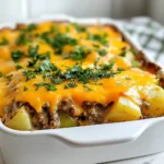 - 1 lb ground beef - 1 cup green bell pepper, diced - 1 cup onion, chopped - 2 cups potatoes, diced - 1 cup corn - 1 can cream of mushroom soup - 1 cup shredded cheddar cheese - 1 tablespoon Worcestershire sauce - 1 teaspoon garlic powder - 1 teaspoon onion powder - Salt and pepper to taste - Fresh parsley, chopped Hobo Ground Beef Casserole is simple to make. You need fresh and colorful ingredients. The ground beef is the star. It brings rich flavor. The green bell pepper and onion add sweetness. Potatoes give the dish a nice heartiness. Corn adds a pop of color and texture. The cream of mushroom soup ties everything together. It creates a creamy mix. Worcestershire sauce adds depth. Garlic and onion powder boost the taste. Don't forget salt and pepper to season. Fresh parsley makes a nice garnish. This dish is both savory and fun. You can easily find these ingredients at your local store. {{ingredient_image_1}} First, set your oven to 375°F (190°C). This step is key. Preheating helps cook the casserole evenly. Next, take a large skillet and place it on medium heat. Add 1 pound of ground beef. Use a spatula to break it into small pieces. Cook it for about 6-8 minutes until it turns brown. If there's extra fat, drain it off. After the beef is browned, add 1 cup of diced green bell pepper and 1 cup of chopped onion to the skillet. Sauté these for about 5 minutes. You want the veggies to be tender but not mushy. Now, it's time to mix everything! Add in 2 cups of diced potatoes, 1 cup of corn, and 1 can of cream of mushroom soup. Don’t forget 1 tablespoon of Worcestershire sauce, 1 teaspoon of garlic powder, and 1 teaspoon of onion powder. Season with salt and pepper to taste. Mix everything well so the flavors blend. Transfer this mixture into a greased 9x13 inch baking dish. Spread it out evenly. Cover it with aluminum foil and place it in the oven. Bake for 35 minutes. After 35 minutes, take off the foil. Sprinkle 1 cup of shredded cheddar cheese on top. Put it back in the oven for another 10-15 minutes. You want the cheese to melt and bubble. Check that the potatoes are tender. Once done, let it sit for a few minutes before serving. Garnish with chopped parsley for a fresh touch. To keep your casserole creamy, use a good cream of mushroom soup. It adds rich flavor. Make sure to mix the soup well with the other ingredients. This helps blend the flavors. For more creaminess, you can add a bit of sour cream or cream cheese. This will make each bite feel smooth and tasty. Leftover ingredients are a great way to make this dish even better. If you have extra veggies, like carrots or peas, toss them in. You can mix in cooked rice or pasta for more texture. Leftover meats also work. Just remember to cook them first. You can use this dish to clear out your fridge! Serving matters! Use colorful bowls for a fun look. A sprinkle of fresh parsley adds a bright touch. You can also serve with a side salad or crusty bread. This makes the meal feel complete. If you want, add a dash of hot sauce for those who like spice. It adds a fun kick! Pro Tips Use Lean Ground Beef: Opt for lean ground beef (90% lean or higher) to reduce excess fat and make the casserole lighter. Add Extra Veggies: Feel free to incorporate other vegetables like carrots or zucchini for added nutrition and flavor. Customize the Cheese: Experiment with different types of cheese like Monterey Jack or pepper jack for a unique twist. Make it Ahead: Prepare the casserole a day in advance and store it in the fridge. Just bake it before serving for a quick meal. {{image_2}} To make a vegetarian version, swap the ground beef for plant-based meat. You can use lentils or black beans as great protein options. For the cream of mushroom soup, try a homemade version with vegetable broth and mushrooms. This will keep the dish hearty and satisfying without meat. You can use turkey or chicken instead of ground beef. Both options work well and have a lighter flavor. If you want more protein, consider adding chickpeas or tofu. These ingredients will add texture and nutrition. Feel free to mix and match vegetables! You can try zucchini, carrots, or even broccoli. Just chop them into small pieces for even cooking. Mixing different colors can make the dish look more appealing. Remember to keep the potatoes as they add heartiness to the meal. Store Hobo Ground Beef Casserole in an airtight container. This keeps it fresh. Place it in the fridge. It can last up to four days. Make sure it cools before sealing. If you want, you can also use plastic wrap. Just cover it tightly. When you're ready to eat leftovers, reheat carefully. You can use the microwave. Heat in short bursts of one minute. Stir in between to help it warm evenly. If using an oven, set it to 350°F. Place the casserole in a safe dish and cover it with foil. Heat for about 20 minutes or until hot throughout. Freezing is a great option for longer storage. Let the casserole cool completely first. Use a freezer-safe container or wrap it tightly in foil. Label it with a date. It can last up to three months in the freezer. To enjoy, thaw in the fridge overnight before reheating. Yes, you can make this casserole ahead of time. Prepare the dish up to the point of baking. Cover it tightly and store it in the fridge for up to 24 hours. When ready, just pop it in the oven. You may need to add a few extra minutes to the cooking time since it's cold. If you want a different flavor, you can use cream of chicken soup or a homemade white sauce. For a lighter option, try low-fat cream cheese mixed with broth. These swaps keep the dish creamy and tasty without losing the casserole's heartiness. The casserole is done when the cheese is melted and bubbly. You can also check the potatoes. They should be tender when pierced with a fork. If they are still firm, give it a few more minutes in the oven. Absolutely! You can use mozzarella for a milder taste or pepper jack for a spicy kick. Mixing different cheeses like gouda or Monterey jack can add depth to the flavor. Don't be afraid to get creative with your cheese choices! This blog post covered how to make a tasty Hobo Ground Beef Casserole. We discussed the simple ingredients and the easy steps, from prepping to baking. I shared tips for a creamy texture and how to use leftovers. You can explore variations, like vegetarian options or other proteins, too. In the end, this dish is easy and fun to make. It’s perfect for any meal! Enjoy your cooking and share this great recipe with others.