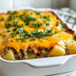- 1 lb ground beef - 1 cup green bell pepper, diced - 1 cup onion, chopped - 2 cups potatoes, diced - 1 cup corn - 1 can cream of mushroom soup - 1 cup shredded cheddar cheese - 1 tablespoon Worcestershire sauce - 1 teaspoon garlic powder - 1 teaspoon onion powder - Salt and pepper to taste - Fresh parsley, chopped Hobo Ground Beef Casserole is simple to make. You need fresh and colorful ingredients. The ground beef is the star. It brings rich flavor. The green bell pepper and onion add sweetness. Potatoes give the dish a nice heartiness. Corn adds a pop of color and texture. The cream of mushroom soup ties everything together. It creates a creamy mix. Worcestershire sauce adds depth. Garlic and onion powder boost the taste. Don't forget salt and pepper to season. Fresh parsley makes a nice garnish. This dish is both savory and fun. You can easily find these ingredients at your local store. {{ingredient_image_1}} First, set your oven to 375°F (190°C). This step is key. Preheating helps cook the casserole evenly. Next, take a large skillet and place it on medium heat. Add 1 pound of ground beef. Use a spatula to break it into small pieces. Cook it for about 6-8 minutes until it turns brown. If there's extra fat, drain it off. After the beef is browned, add 1 cup of diced green bell pepper and 1 cup of chopped onion to the skillet. Sauté these for about 5 minutes. You want the veggies to be tender but not mushy. Now, it's time to mix everything! Add in 2 cups of diced potatoes, 1 cup of corn, and 1 can of cream of mushroom soup. Don’t forget 1 tablespoon of Worcestershire sauce, 1 teaspoon of garlic powder, and 1 teaspoon of onion powder. Season with salt and pepper to taste. Mix everything well so the flavors blend. Transfer this mixture into a greased 9x13 inch baking dish. Spread it out evenly. Cover it with aluminum foil and place it in the oven. Bake for 35 minutes. After 35 minutes, take off the foil. Sprinkle 1 cup of shredded cheddar cheese on top. Put it back in the oven for another 10-15 minutes. You want the cheese to melt and bubble. Check that the potatoes are tender. Once done, let it sit for a few minutes before serving. Garnish with chopped parsley for a fresh touch. To keep your casserole creamy, use a good cream of mushroom soup. It adds rich flavor. Make sure to mix the soup well with the other ingredients. This helps blend the flavors. For more creaminess, you can add a bit of sour cream or cream cheese. This will make each bite feel smooth and tasty. Leftover ingredients are a great way to make this dish even better. If you have extra veggies, like carrots or peas, toss them in. You can mix in cooked rice or pasta for more texture. Leftover meats also work. Just remember to cook them first. You can use this dish to clear out your fridge! Serving matters! Use colorful bowls for a fun look. A sprinkle of fresh parsley adds a bright touch. You can also serve with a side salad or crusty bread. This makes the meal feel complete. If you want, add a dash of hot sauce for those who like spice. It adds a fun kick! Pro Tips Use Lean Ground Beef: Opt for lean ground beef (90% lean or higher) to reduce excess fat and make the casserole lighter. Add Extra Veggies: Feel free to incorporate other vegetables like carrots or zucchini for added nutrition and flavor. Customize the Cheese: Experiment with different types of cheese like Monterey Jack or pepper jack for a unique twist. Make it Ahead: Prepare the casserole a day in advance and store it in the fridge. Just bake it before serving for a quick meal. {{image_2}} To make a vegetarian version, swap the ground beef for plant-based meat. You can use lentils or black beans as great protein options. For the cream of mushroom soup, try a homemade version with vegetable broth and mushrooms. This will keep the dish hearty and satisfying without meat. You can use turkey or chicken instead of ground beef. Both options work well and have a lighter flavor. If you want more protein, consider adding chickpeas or tofu. These ingredients will add texture and nutrition. Feel free to mix and match vegetables! You can try zucchini, carrots, or even broccoli. Just chop them into small pieces for even cooking. Mixing different colors can make the dish look more appealing. Remember to keep the potatoes as they add heartiness to the meal. Store Hobo Ground Beef Casserole in an airtight container. This keeps it fresh. Place it in the fridge. It can last up to four days. Make sure it cools before sealing. If you want, you can also use plastic wrap. Just cover it tightly. When you're ready to eat leftovers, reheat carefully. You can use the microwave. Heat in short bursts of one minute. Stir in between to help it warm evenly. If using an oven, set it to 350°F. Place the casserole in a safe dish and cover it with foil. Heat for about 20 minutes or until hot throughout. Freezing is a great option for longer storage. Let the casserole cool completely first. Use a freezer-safe container or wrap it tightly in foil. Label it with a date. It can last up to three months in the freezer. To enjoy, thaw in the fridge overnight before reheating. Yes, you can make this casserole ahead of time. Prepare the dish up to the point of baking. Cover it tightly and store it in the fridge for up to 24 hours. When ready, just pop it in the oven. You may need to add a few extra minutes to the cooking time since it's cold. If you want a different flavor, you can use cream of chicken soup or a homemade white sauce. For a lighter option, try low-fat cream cheese mixed with broth. These swaps keep the dish creamy and tasty without losing the casserole's heartiness. The casserole is done when the cheese is melted and bubbly. You can also check the potatoes. They should be tender when pierced with a fork. If they are still firm, give it a few more minutes in the oven. Absolutely! You can use mozzarella for a milder taste or pepper jack for a spicy kick. Mixing different cheeses like gouda or Monterey jack can add depth to the flavor. Don't be afraid to get creative with your cheese choices! This blog post covered how to make a tasty Hobo Ground Beef Casserole. We discussed the simple ingredients and the easy steps, from prepping to baking. I shared tips for a creamy texture and how to use leftovers. You can explore variations, like vegetarian options or other proteins, too. In the end, this dish is easy and fun to make. It’s perfect for any meal! Enjoy your cooking and share this great recipe with others.