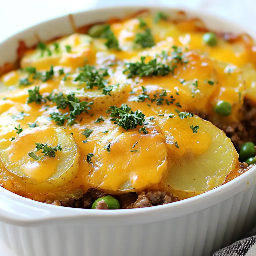 - 1 lb ground beef - 4 medium potatoes, peeled and thinly sliced - 1 medium onion, diced - 2 cloves garlic, minced - 1 cup beef broth - 1 cup shredded cheddar cheese - 1 cup frozen mixed vegetables (peas, carrots, corn) - 2 tablespoons olive oil - 1 teaspoon dried thyme - 1 teaspoon paprika - Salt and pepper - Fresh parsley (optional) Gather these ingredients before you start cooking. Having everything ready will make the process smooth. The ground beef is the heart of this dish, providing rich flavor and protein. The potatoes add heartiness, making this meal filling. Onions and garlic bring a delicious aroma and depth to the dish. Don’t forget the beef broth. It keeps everything moist and adds more flavor. The cheddar cheese melts on top, creating a tasty crust. Mixed vegetables bring color and nutrition. You can use any frozen mix you like. Olive oil helps to sauté the onions and beef. Thyme and paprika add a touch of warmth and spice. For seasoning, use salt and pepper to taste. Fresh parsley is optional but adds a nice pop of color. All these ingredients come together to create a cozy meal. You will love how simple it is to prepare. {{ingredient_image_1}} Start by heating olive oil in a large pot over medium heat. Add diced onion and minced garlic. Sauté until the onion is soft and clear. This step adds great flavor to the dish. Next, raise the heat to medium-high and add the ground beef. Cook it until it turns brown. Make sure to break it apart as it cooks. If there is extra fat, drain it off. Then, stir in dried thyme, paprika, salt, and pepper. Mix well to coat the beef with spices. Now it’s time to build your casserole. First, layer half of the sliced potatoes on top of the beef mixture. Then, add half of the frozen mixed vegetables on top. Pour half of the beef broth over this first layer. It helps to keep everything moist. Next, sprinkle half of the shredded cheddar cheese on top. Repeat this with the remaining potatoes, mixed vegetables, broth, and cheese. This layering creates a tasty balance in every bite. Once you have layered all the ingredients, cover the pot with a lid. Lower the heat to let it simmer. Cook for about 30 to 35 minutes. This will make the potatoes tender and the flavors meld together. After cooking, take it off the heat and let it sit for a few minutes. This rest time makes it easier to serve. If you like, you can garnish with fresh parsley for a pop of color. Enjoy your warm One Pot Beef Potato Casserole! - How to achieve tender potatoes: Slice the potatoes thinly. This helps them cook fast and soak up flavors. You want them to be soft, not mushy. Simmer them gently. Avoid high heat to keep them tender without burning. - Tips for browning the beef: Heat the pot first, then add olive oil. This step helps the beef brown well. Break the meat apart with a spoon as it cooks. Don’t crowd the pot. If the pot is too full, the beef will steam instead of brown. - Best side dishes to accompany the casserole: A fresh green salad goes well with this dish. You can also serve crusty bread to soak up the sauce. Roasted vegetables add color and flavor, making your meal complete. - Ideal garnishes for presentation: Fresh parsley adds a nice touch. You can sprinkle it on right before serving. A little extra cheese on top also looks great and adds flavor. - Best pots or pans for cooking: A large pot or Dutch oven is the best choice. It distributes heat evenly and holds all ingredients well. Make sure it has a lid for simmering. - Recommended utensils for preparation: Use a sharp knife for slicing. A sturdy cutting board is key. A wooden spoon works great for stirring the beef and other ingredients. Keep a measuring cup handy for the broth. Pro Tips Use Fresh Ingredients: Opt for fresh vegetables and quality beef for the best flavor and texture in your casserole. Layer Wisely: Layering the ingredients helps to ensure even cooking and allows the flavors to meld beautifully. Adjust the Broth: Depending on your preference for a saucier dish, feel free to adjust the amount of beef broth used. Let it Rest: Allow the casserole to sit for a few minutes after cooking; this helps the flavors to develop and makes serving easier. {{image_2}} You can easily swap out some ingredients in this dish. For a twist, try using different vegetables. Great options include bell peppers, zucchini, or spinach. These add color and flavor to your casserole. You can also change up the cheese. If you love a sharp taste, use gouda or pepper jack. For a milder flavor, try mozzarella. Each cheese offers its own unique touch. To make this dish gluten-free, use gluten-free broth and ensure any cheese is also gluten-free. You can find many tasty options at your local store. For a vegetarian or vegan version, replace the beef with lentils or black beans. Use vegetable broth instead of beef broth. You can also switch the cheese for a plant-based option. This keeps the meal hearty and delicious while being friendly for all diets. Add fresh herbs like rosemary or basil for a burst of flavor. You can also mix in spices like cumin or chili powder for a kick. These small changes can make a big difference. Consider adding sauces too. A splash of Worcestershire sauce gives depth. For a tangy twist, try a drizzle of barbecue sauce or hot sauce. These additions can elevate your casserole and impress your family or guests. To store your One Pot Beef Potato Casserole, let it cool first. This helps keep moisture locked in. Use airtight containers for the best results. Glass or plastic containers work well. Make sure to label them with the date. This way, you won't forget when you made it! To reheat the casserole, use the oven or microwave. If using the oven, preheat it to 350°F. Place the casserole in a baking dish and cover it with foil. Heat for about 20 minutes. This helps keep it moist. If you use the microwave, heat in short bursts. Stir it every minute to warm evenly. To freeze leftovers, let the casserole cool down completely. Then, cut it into portions. Wrap each portion tightly in plastic wrap. Place them in freezer bags or containers. Write the date on each bag. For thawing, put the casserole in the fridge overnight. For cooking from frozen, bake it at 350°F for about 50-60 minutes. Check that it's hot all the way through before serving. One Pot Beef Potato Casserole lasts about three to four days in the fridge. Store it in an airtight container for best results. This dish stays tasty and fresh for a few days, so you can enjoy leftovers easily. Yes, you can use fresh vegetables! Fresh vegetables add great flavor and texture. Just chop them into small pieces so they cook well with the beef and potatoes. You may need to adjust cooking time slightly based on how thick the veggies are. This casserole is a meal by itself, but you can serve it with: - A simple green salad for crunch. - Garlic bread for a cozy touch. - Steamed broccoli or green beans for added color. These sides can enhance your meal and balance out the flavors. We explored the main ingredients for the One Pot Beef Potato Casserole, like ground beef, potatoes, and cheese. I provided detailed steps to prepare a delicious meal, tips for cooking, and ways to modify the recipe. You can make this dish your own by using different veggies or cheese. Remember, storing and reheating your casserole is easy. I hope you enjoy creating and sharing this hearty meal with family and friends. Happy cooking!