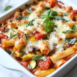 For this tasty baked ziti, gather these simple ingredients: - 12 oz ziti pasta - 2 tablespoons olive oil - 1 medium onion, chopped - 2 cloves garlic, minced - 1 red bell pepper, diced - 1 zucchini, diced - 1 cup mushrooms, sliced - 1 cup spinach, chopped - 24 oz marinara sauce - 1 teaspoon dried oregano - 1 teaspoon dried basil - 1 teaspoon red pepper flakes (optional) - 2 cups ricotta cheese - 2 cups shredded mozzarella cheese - 1/2 cup grated Parmesan cheese - Salt and pepper to taste You can add more fun flavors to your baked ziti. Here are some ideas: - Cooked sausage or meat for a heartier meal. - Fresh herbs like basil or parsley for a burst of freshness. - Olives or capers for a salty kick. - Sun-dried tomatoes for a sweet and tangy twist. - Spinach or kale for more greens and nutrients. Choosing fresh vegetables makes a big difference. Here are some tips: - Look for vibrant colors. This shows that they are ripe and healthy. - Feel for firmness. Veggies should not be soft or mushy. - Check for blemishes. Avoid any that show signs of decay. - Choose seasonal produce. It tastes better and is often cheaper. By picking the right ingredients, you ensure that your baked ziti is full of flavor and nutrition. {{ingredient_image_1}} First, set your oven to 375°F (190°C). This helps the ziti cook evenly. While the oven heats, gather your ingredients. You will need ziti pasta, olive oil, onion, garlic, bell pepper, zucchini, mushrooms, spinach, marinara sauce, and cheeses. Make sure your workspace is tidy. This will help you focus on the cooking. Next, cook 12 oz of ziti pasta in boiling water. Follow the package instructions for timing. Aim for al dente, which means firm but not hard. Once done, drain the pasta and set it aside. This is a key step, as overcooked pasta can turn mushy in the bake. In a large skillet, heat 2 tablespoons of olive oil over medium heat. Add 1 chopped onion and 2 minced garlic cloves. Sauté until the onion turns translucent, about 4 minutes. Then, toss in 1 diced red bell pepper, 1 diced zucchini, and 1 cup of sliced mushrooms. Cook these for 5-7 minutes until they soften. Add 1 cup of chopped spinach next, along with 24 oz of marinara sauce, 1 teaspoon of dried oregano, and 1 teaspoon of dried basil. Optionally, you can add red pepper flakes for heat. Stir well and season with salt and pepper. Let this mix simmer for 5 minutes. This step enhances the flavors of the sauce. Now it's time to assemble. In a large bowl, mix the cooked ziti with the vegetable sauce and 2 cups of ricotta cheese. Make sure everything is evenly coated. Take a greased 9x13 inch baking dish. Spread half of the pasta mix in it. Sprinkle half of the 2 cups of shredded mozzarella and half of the grated Parmesan. Layer the rest of the pasta mix on top. Finish with the remaining mozzarella and Parmesan. Cover the dish with aluminum foil and bake for 25 minutes. After that, remove the foil and bake for another 15-20 minutes. You will know it’s ready when the cheese is bubbly and golden brown. Let it cool for a few minutes before serving. Enjoy your delicious baked ziti! To make your ricotta creamy, start with high-quality cheese. Fresh ricotta adds the best flavor. Before mixing it in, let it sit at room temperature for about 15 minutes. This helps it blend smoothly. If you want extra creaminess, mix in a splash of milk or cream. This simple step makes a big difference! Measuring your ingredients correctly is key to great baked ziti. Use dry measuring cups for flour and cheese. For liquids, use a clear measuring cup with a spout. Always level off dry ingredients with a knife for accuracy. If a recipe calls for chopped vegetables, chop them evenly. This ensures they cook at the same rate. To boost flavor, sauté your vegetables until they are tender. This step releases their natural sugars. Don’t rush it! A little caramelization adds depth. When adding spices, let them cook for a minute to release their oils. Lastly, always season with salt and pepper at every stage. This builds layers of flavor in your dish. Pro Tips Prep Your Veggies Ahead: Chop and prepare all your vegetables in advance to make the cooking process smoother and quicker. Mix Cheese for Extra Flavor: Combine ricotta with a bit of mozzarella before layering to enhance the cheesy flavor and create a creamy texture. Use Fresh Herbs: Incorporate fresh herbs like basil or parsley before serving for a burst of freshness and vibrant flavor. Check for Doneness: Always check the baked ziti toward the end of the baking time to ensure the cheese is perfectly melted and golden without overcooking. {{image_2}} To make baked ziti gluten-free, use gluten-free ziti pasta. Many brands offer tasty options now. You can also try brown rice pasta or quinoa pasta. These alternatives cook similarly to regular pasta. Just be careful to follow the package instructions. The cooking time may change slightly. If you want a vegan baked ziti, swap out the dairy. For ricotta cheese, try blended tofu with lemon juice and nutritional yeast. This mix gives a creamy texture and a cheesy flavor. For mozzarella, use vegan cheese shreds. Many brands melt well and taste great. You can also use cashew cheese for a rich flavor. Want to add protein? Tofu and tempeh work well. Cube the tofu and sauté it with the veggies. For tempeh, crumble it and add it to the sauce for extra texture. If you prefer meat, ground beef or turkey are great choices. Cook the meat before adding it to the sauce. This gives the dish a heartier feel. Store leftover baked ziti in an airtight container. Use a glass or plastic container with a tight lid. Make sure it cools to room temp before sealing. This helps keep moisture in check. Leftover ziti stays fresh for about 3 to 5 days in the fridge. When reheating, use the oven for the best results. Preheat your oven to 350°F (175°C). Place the ziti in an oven-safe dish. Add a splash of marinara sauce to keep it moist. Cover with foil to prevent drying out. Heat for about 20 minutes or until hot throughout. You can also use the microwave, but the oven gives better texture. To freeze baked ziti, first let it cool completely. Portion it into smaller containers. This makes it easy to thaw only what you need. Wrap tightly in plastic wrap, then foil. Label with the date before placing in the freezer. Frozen baked ziti can last for up to 3 months. To reheat, let it thaw in the fridge overnight, then bake as usual. Yes, you can make Baked Ziti ahead of time. Prepare the dish up to the baking step. Cover it and store it in the fridge for up to two days. When you're ready to bake, just pop it in the oven. You may need to add a few extra minutes to the baking time. This makes it a great option for busy days. If you don’t have ziti, use any medium-sized pasta. Penne, rigatoni, or even fusilli work well. Choose a pasta shape that holds sauce. This helps every bite taste great. Make sure to cook it al dente for the best texture. To avoid soggy Baked Ziti, follow a few tips. First, cook the pasta al dente. This means it should have a little bite when you taste it. Next, let the cooked pasta cool a bit before mixing it with the sauce. Lastly, don’t add too much sauce. Use just enough to coat the pasta well. This keeps it from becoming too wet as it bakes. Baked ziti with vegetables is a tasty dish you can easily make at home. You learned about the right ingredients, from pasta to fresh veggies. I shared tips for cooking the ziti perfectly and how to layer it for great taste. You can even try fun variations, like gluten-free or vegan options. My final thought: enjoy the process of cooking and make it your own. Happy baking!