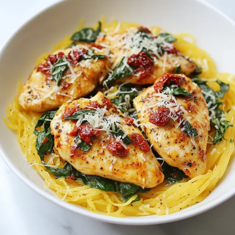 To make Tuscan chicken with spaghetti squash, gather these ingredients: - 2 chicken breasts, boneless and skinless - 1 medium spaghetti squash - 1 tablespoon olive oil - 2 cloves garlic, minced - 1 cup sun-dried tomatoes, chopped - 1 cup fresh spinach - ½ cup heavy cream - 1 teaspoon Italian seasoning - Salt and pepper to taste - Grated Parmesan cheese, for serving - Fresh basil, for garnish These ingredients work together to create a tasty and filling dish. Using fresh ingredients can elevate your dish. Fresh spinach adds bright flavor and texture. It wilts down nicely and brings color to the meal. Fresh garlic gives a punch that dried garlic can't match. Sun-dried tomatoes, however, pack in a rich taste. They also offer a chewy texture, which complements the chicken. If you go for dried herbs, like Italian seasoning, they still add good flavor. But fresh herbs, like basil, give a burst of freshness at the end. Use fresh when you can, but don't shy away from dried if needed. This dish is not just tasty; it's also good for you. - Chicken breasts are lean and packed with protein. They help build muscle and keep you full. - Spaghetti squash is low in calories and high in fiber. It fills you up without adding too many carbs. - Spinach is rich in vitamins A and C. It’s also full of iron, which is great for energy. - Sun-dried tomatoes bring antioxidants that help fight free radicals in your body. - Heavy cream, while rich, adds calcium and helps with the absorption of fat-soluble vitamins. Overall, this dish combines flavors and health benefits for a delightful meal. {{ingredient_image_1}} To start, preheat your oven to 400°F (200°C). Grab a medium spaghetti squash. Cut it in half lengthwise and scoop out the seeds. This part is easy! Drizzle a bit of olive oil over the cut sides. Season with salt and pepper to taste. Place the squash cut side down on a baking sheet. Roast it for about 30 to 35 minutes. You want it to be tender when done. While the squash roasts, it’s time to cook the chicken. Take two boneless, skinless chicken breasts. Season them with salt, pepper, and Italian seasoning. Heat a large skillet over medium heat. Add a tablespoon of olive oil to the pan. Sauté the chicken for about 6 to 7 minutes on each side. You want it to be golden brown and fully cooked. Once done, remove the chicken from the skillet and set it aside. In the same skillet, add minced garlic and chopped sun-dried tomatoes. Sauté for about 2 minutes until they smell great. Next, toss in a cup of fresh spinach. Cook it until it wilts, which won’t take long. Now pour in ½ cup of heavy cream, stirring well. Let it simmer for 2 to 3 minutes to thicken a bit. Slice the cooked chicken and return it to the skillet. Make sure the chicken is coated with the creamy sauce. Once your spaghetti squash is ready, use a fork to shred its insides into spaghetti-like strands. Serve a generous portion of the squash topped with the Tuscan chicken and sauce. Don’t forget to finish with a sprinkle of grated Parmesan cheese and fresh basil for garnish. Enjoy this tasty dish! Roasting spaghetti squash gives it a sweet flavor. Start by cutting it in half and scooping out the seeds. This step is key for even cooking. Drizzle olive oil on the inside. Sprinkle salt and pepper to taste. Place it cut side down on the baking sheet. Roast at 400°F for 30-35 minutes until tender. The fork should easily shred the inside into strands. To get juicy chicken breasts, start with high-quality meat. Season the chicken well with salt, pepper, and Italian seasoning. Use medium heat in your skillet for even cooking. Sauté each side for 6-7 minutes. Avoid overcrowding the pan; it can cause steaming. When done, the chicken should be golden brown. Let it rest for a few minutes before slicing. This keeps the juices inside. For extra flavor, add minced garlic and sun-dried tomatoes to your skillet. Cook them until fragrant. Fresh spinach adds a nice touch, so toss it in until it wilts. Stir in the heavy cream slowly to thicken the sauce. Avoid boiling the cream; it can curdle. Taste as you go to adjust salt and pepper. Lastly, don’t skip the Parmesan cheese or fresh basil on top. They brighten the dish and add depth. Pro Tips Use Fresh Ingredients: For the best flavor, opt for fresh spinach and quality sun-dried tomatoes. Fresh ingredients can elevate the taste of your dish significantly. Perfectly Cook the Chicken: Ensure your chicken is cooked to an internal temperature of 165°F (75°C) for safety and juiciness. Use a meat thermometer for accuracy. Customize the Sauce: Feel free to add other herbs or spices to the cream sauce, such as red pepper flakes for heat or fresh thyme for an aromatic touch. Presentation Matters: Garnish the dish with extra Parmesan and fresh basil just before serving to enhance visual appeal and flavor. A well-presented dish is always more inviting! {{image_2}} To make Tuscan chicken keto-friendly, swap the heavy cream for full-fat coconut milk. This change keeps the rich taste while cutting carbs. You can also replace spaghetti squash with sautéed zucchini noodles for a low-carb base. This keeps the dish satisfying while keeping it within your keto goals. This dish is naturally gluten-free since it does not have any gluten grains. However, always check the sun-dried tomatoes. Some brands may use additives that contain gluten. Stick to pure sun-dried tomatoes to keep your meal safe. Use gluten-free pasta if you want to add a pasta element while keeping it gluten-free. For a vegetarian twist, replace the chicken with hearty mushrooms or eggplant. Both options absorb flavors well and provide a meaty texture. You can also add more spinach and sun-dried tomatoes for extra flavor. Consider using a plant-based cream for a creamy texture without dairy. This keeps the dish rich and satisfying while being meat-free. To keep your Tuscan chicken and spaghetti squash fresh, store them in airtight containers. Let the dish cool before sealing. This helps avoid moisture build-up. Place the leftovers in the fridge within two hours of cooking. They will stay good for up to three days. When reheating, use a skillet for the best flavor. Heat over medium-low, adding a splash of water or broth to keep it moist. Stir gently to warm everything evenly. You can also use the microwave. Cover the dish to trap steam. Heat for one to two minutes, checking often to prevent drying out. If you want to freeze your dish, follow these steps. First, let the Tuscan chicken and spaghetti squash cool. Portion them into freezer-safe bags or containers. Remove as much air as possible to prevent freezer burn. Label with the date. Freeze for up to three months. When you’re ready to eat, thaw in the fridge overnight, then reheat as mentioned above. You can use half-and-half or whole milk as a lighter option. You can also use coconut cream for a dairy-free choice. These will affect the sauce's thickness. If you want it thicker, add a bit of flour or cornstarch. Leftovers will last about three days in the fridge. Store them in an airtight container. To keep the flavors fresh, eat them within this time. If you wait too long, the taste may change. Yes, you can use chicken thighs instead of breasts. Thighs will add more flavor and stay juicy. You can also use rotisserie chicken for a quick option. Just mix it in during the last steps of cooking. This post covered everything from ingredients to cooking tips. We explored the best fresh versus dried ingredients and learned their health benefits. I shared step-by-step guides for prepping spaghetti squash and cooking chicken. You gained tricks for perfect roasting and juicy meat. I also gave you tasty variations like keto and vegetarian options. Lastly, we discussed storing and reheating rules. Use these tips to make your meals easier and more delicious. Enjoy your cooking journey!