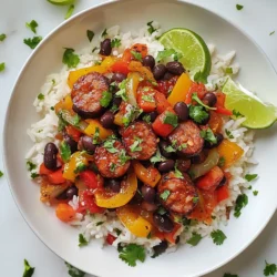 - 1 cup long-grain white rice - 2 cups vegetable broth - 1 can (15 oz) black beans, drained and rinsed - 1 tablespoon olive oil - 1 onion, finely chopped - 2 cloves garlic, minced - 1 red bell pepper, diced - 1 green bell pepper, diced - 1 teaspoon cumin - 1 teaspoon smoked paprika - 1/2 teaspoon cayenne pepper (adjust to taste) - 1 pound smoked sausage (chicken or turkey sausage), sliced - Salt and black pepper to taste - Fresh cilantro for garnish - Lime wedges for serving You can add fresh cilantro on top for a burst of flavor. Lime wedges bring a nice zing when squeezed over the dish. Try adding avocado slices for creaminess. Serve with hot sauce for extra heat. You can swap long-grain rice for brown rice, but cooking time will change. Use vegetable broth or chicken broth based on your taste. For a lighter option, try turkey sausage instead of smoked sausage. If you want it spicy, add jalapeños or use a spicier sausage. If you're vegan, replace the sausage with mushrooms or tempeh. {{ingredient_image_1}} Start by rinsing the rice. This helps remove extra starch. In a medium saucepan, combine 1 cup of rice and 2 cups of vegetable broth. Bring this mix to a boil. Once boiling, lower the heat to low. Cover the pan with a lid and let it simmer for 15-18 minutes. Check that the rice is tender and the liquid is absorbed. Remove the pan from heat, keeping the lid on. Let it rest for 5 minutes. This helps the rice become fluffy. While the rice cooks, grab a large skillet. Heat 1 tablespoon of olive oil over medium heat. Add 1 finely chopped onion to the skillet. Sauté it for 3-4 minutes until it turns translucent. Next, stir in 2 minced garlic cloves. Cook for 1 more minute until you smell the garlic. Now, add 1 diced red bell pepper and 1 diced green bell pepper. Cook these for 5 minutes until they soften. Sprinkle in 1 teaspoon of cumin, 1 teaspoon of smoked paprika, and ½ teaspoon of cayenne pepper. Add salt and black pepper to taste. Mix everything well to blend the flavors. Now it’s time for the sausage. Add 1 pound of sliced smoked sausage to the skillet. Cook this mix for 6-8 minutes until the sausage heats through and gets a bit brown. Finally, fold in 1 can of drained and rinsed black beans. Let this cook for another 5 minutes. This step allows all the flavors to meld together. Once the rice is ready, fluff it with a fork. Serve the rice on plates, topped with the sausage and black bean mixture. For a fresh touch, garnish with cilantro. Serve lime wedges on the side for squeezing over the dish. The lime adds a bright flavor that lifts the meal. Enjoy your delicious black beans and rice with sausage! To make perfect rice, use a 2:1 ratio of liquid to rice. I prefer vegetable broth for extra flavor. Rinse the rice first to remove excess starch. This helps keep the grains separate. Bring the broth to a boil before adding the rice. Once boiling, lower the heat and cover the pot. Let it simmer for 15 to 18 minutes. After cooking, let it rest for 5 minutes covered. Fluff gently with a fork for a light texture. If you like it spicy, add more cayenne pepper. Start with a small amount and taste as you go. For milder flavors, reduce or skip the cayenne altogether. You can also add a splash of lime juice to cool the heat. Fresh cilantro also adds a refreshing touch. Remember, it's better to start mild and build up the spice. For a beautiful presentation, serve the rice in a bowl. Top it with the sausage and black bean mix. Use fresh cilantro for a pop of color. Arrange lime wedges around the bowl for a splash of green. You can also sprinkle extra smoked paprika on top for added flair. Serve with a side salad for a complete meal. Enjoying your dish should be as pleasing to the eyes as it is to the taste buds! Pro Tips Adjust the Heat: If you prefer a milder dish, reduce the cayenne pepper or omit it altogether. You can always add hot sauce at the table for those who like it spicy! Rest the Rice: Letting the rice rest after cooking helps it become fluffier and prevents it from becoming mushy. Fresh Herbs Matter: Using fresh cilantro as a garnish adds a burst of flavor. Consider adding other herbs like parsley or green onions for variation. Meal Prep Friendly: This dish can be made ahead of time and reheats well. Store the sausage and bean mixture separately to maintain the rice's texture. {{image_2}} You can easily make this dish vegetarian or vegan. Simply leave out the sausage. Use plant-based sausage for a good substitute. You can also add more veggies. Try corn, zucchini, or mushrooms. These add flavor and texture. Use vegetable broth instead of chicken broth for cooking the rice. This keeps everything plant-based. If you want to switch the protein, you have choices. Chicken works well. Just cut it into small pieces and cook it with the veggies. Shrimp is another great option. Add it in the last few minutes of cooking. Tofu can also be a nice protein. Cube it and sauté with the onion and garlic. Each protein gives a different taste and feel to the dish. Playing with spices is a fun way to change this meal. You can add herbs like oregano or thyme for a fresh twist. For a kick, try using chipotle powder instead of cayenne. If you want a sweeter flavor, add a dash of cinnamon. Lemon zest can brighten up the dish too. Mix and match to find your favorite flavor profile! After you make this dish, let it cool first. Once cooled, store the leftovers in an airtight container. Keep it in the fridge. It should stay fresh for about 3 to 4 days. This dish reheats well, so you can enjoy it again! To reheat, place the leftovers in a skillet over medium heat. Stir often until it is hot throughout. You can also use the microwave. Put the food in a microwave-safe bowl, cover it, and heat for 1 to 2 minutes. Stir and check if it's warm. If not, heat for another minute. If you want to freeze your dish, put it in a freezer-safe container. Make sure to leave some space at the top for expansion. This meal will stay good for about 2 to 3 months in the freezer. To eat it later, thaw it in the fridge overnight before reheating. Yes, you can use brown rice. Brown rice has more fiber than white rice. However, it takes longer to cook. You will need about 45 minutes for brown rice instead of 15-18 minutes. Also, use 2 and a half cups of vegetable broth instead of 2 cups. I recommend smoked sausage, like chicken or turkey. Smoked sausage adds great flavor. You can also use spicy sausage if you like heat. Just make sure to slice it thin for even cooking. To make it spicier, add more cayenne pepper or hot sauce. You can also use spicy sausage for more heat. If you prefer it milder, reduce the cayenne pepper. You can also skip the hot sauce and use sweet sausage. You learned about key ingredients and step-by-step cooking for a delicious dish. I shared tips for perfect rice and tasty adjustments. You can adapt the recipe for different diets or tastes. Proper storage and reheating ensure you enjoy leftovers later. Use the FAQ section to clarify common questions. Cooking can be fun and easy with these methods. Enjoy creating your unique meal, and don’t hesitate to experiment!