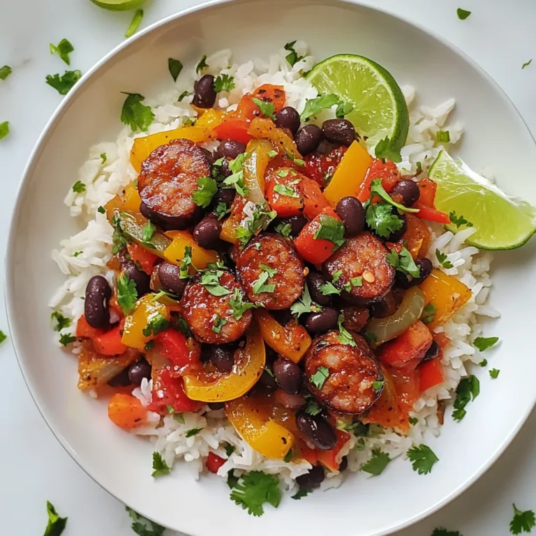 - 1 cup long-grain white rice - 2 cups vegetable broth - 1 can (15 oz) black beans, drained and rinsed - 1 tablespoon olive oil - 1 onion, finely chopped - 2 cloves garlic, minced - 1 red bell pepper, diced - 1 green bell pepper, diced - 1 teaspoon cumin - 1 teaspoon smoked paprika - 1/2 teaspoon cayenne pepper (adjust to taste) - 1 pound smoked sausage (chicken or turkey sausage), sliced - Salt and black pepper to taste - Fresh cilantro for garnish - Lime wedges for serving You can add fresh cilantro on top for a burst of flavor. Lime wedges bring a nice zing when squeezed over the dish. Try adding avocado slices for creaminess. Serve with hot sauce for extra heat. You can swap long-grain rice for brown rice, but cooking time will change. Use vegetable broth or chicken broth based on your taste. For a lighter option, try turkey sausage instead of smoked sausage. If you want it spicy, add jalapeños or use a spicier sausage. If you're vegan, replace the sausage with mushrooms or tempeh. {{ingredient_image_1}} Start by rinsing the rice. This helps remove extra starch. In a medium saucepan, combine 1 cup of rice and 2 cups of vegetable broth. Bring this mix to a boil. Once boiling, lower the heat to low. Cover the pan with a lid and let it simmer for 15-18 minutes. Check that the rice is tender and the liquid is absorbed. Remove the pan from heat, keeping the lid on. Let it rest for 5 minutes. This helps the rice become fluffy. While the rice cooks, grab a large skillet. Heat 1 tablespoon of olive oil over medium heat. Add 1 finely chopped onion to the skillet. Sauté it for 3-4 minutes until it turns translucent. Next, stir in 2 minced garlic cloves. Cook for 1 more minute until you smell the garlic. Now, add 1 diced red bell pepper and 1 diced green bell pepper. Cook these for 5 minutes until they soften. Sprinkle in 1 teaspoon of cumin, 1 teaspoon of smoked paprika, and ½ teaspoon of cayenne pepper. Add salt and black pepper to taste. Mix everything well to blend the flavors. Now it’s time for the sausage. Add 1 pound of sliced smoked sausage to the skillet. Cook this mix for 6-8 minutes until the sausage heats through and gets a bit brown. Finally, fold in 1 can of drained and rinsed black beans. Let this cook for another 5 minutes. This step allows all the flavors to meld together. Once the rice is ready, fluff it with a fork. Serve the rice on plates, topped with the sausage and black bean mixture. For a fresh touch, garnish with cilantro. Serve lime wedges on the side for squeezing over the dish. The lime adds a bright flavor that lifts the meal. Enjoy your delicious black beans and rice with sausage! To make perfect rice, use a 2:1 ratio of liquid to rice. I prefer vegetable broth for extra flavor. Rinse the rice first to remove excess starch. This helps keep the grains separate. Bring the broth to a boil before adding the rice. Once boiling, lower the heat and cover the pot. Let it simmer for 15 to 18 minutes. After cooking, let it rest for 5 minutes covered. Fluff gently with a fork for a light texture. If you like it spicy, add more cayenne pepper. Start with a small amount and taste as you go. For milder flavors, reduce or skip the cayenne altogether. You can also add a splash of lime juice to cool the heat. Fresh cilantro also adds a refreshing touch. Remember, it's better to start mild and build up the spice. For a beautiful presentation, serve the rice in a bowl. Top it with the sausage and black bean mix. Use fresh cilantro for a pop of color. Arrange lime wedges around the bowl for a splash of green. You can also sprinkle extra smoked paprika on top for added flair. Serve with a side salad for a complete meal. Enjoying your dish should be as pleasing to the eyes as it is to the taste buds! Pro Tips Adjust the Heat: If you prefer a milder dish, reduce the cayenne pepper or omit it altogether. You can always add hot sauce at the table for those who like it spicy! Rest the Rice: Letting the rice rest after cooking helps it become fluffier and prevents it from becoming mushy. Fresh Herbs Matter: Using fresh cilantro as a garnish adds a burst of flavor. Consider adding other herbs like parsley or green onions for variation. Meal Prep Friendly: This dish can be made ahead of time and reheats well. Store the sausage and bean mixture separately to maintain the rice's texture. {{image_2}} You can easily make this dish vegetarian or vegan. Simply leave out the sausage. Use plant-based sausage for a good substitute. You can also add more veggies. Try corn, zucchini, or mushrooms. These add flavor and texture. Use vegetable broth instead of chicken broth for cooking the rice. This keeps everything plant-based. If you want to switch the protein, you have choices. Chicken works well. Just cut it into small pieces and cook it with the veggies. Shrimp is another great option. Add it in the last few minutes of cooking. Tofu can also be a nice protein. Cube it and sauté with the onion and garlic. Each protein gives a different taste and feel to the dish. Playing with spices is a fun way to change this meal. You can add herbs like oregano or thyme for a fresh twist. For a kick, try using chipotle powder instead of cayenne. If you want a sweeter flavor, add a dash of cinnamon. Lemon zest can brighten up the dish too. Mix and match to find your favorite flavor profile! After you make this dish, let it cool first. Once cooled, store the leftovers in an airtight container. Keep it in the fridge. It should stay fresh for about 3 to 4 days. This dish reheats well, so you can enjoy it again! To reheat, place the leftovers in a skillet over medium heat. Stir often until it is hot throughout. You can also use the microwave. Put the food in a microwave-safe bowl, cover it, and heat for 1 to 2 minutes. Stir and check if it's warm. If not, heat for another minute. If you want to freeze your dish, put it in a freezer-safe container. Make sure to leave some space at the top for expansion. This meal will stay good for about 2 to 3 months in the freezer. To eat it later, thaw it in the fridge overnight before reheating. Yes, you can use brown rice. Brown rice has more fiber than white rice. However, it takes longer to cook. You will need about 45 minutes for brown rice instead of 15-18 minutes. Also, use 2 and a half cups of vegetable broth instead of 2 cups. I recommend smoked sausage, like chicken or turkey. Smoked sausage adds great flavor. You can also use spicy sausage if you like heat. Just make sure to slice it thin for even cooking. To make it spicier, add more cayenne pepper or hot sauce. You can also use spicy sausage for more heat. If you prefer it milder, reduce the cayenne pepper. You can also skip the hot sauce and use sweet sausage. You learned about key ingredients and step-by-step cooking for a delicious dish. I shared tips for perfect rice and tasty adjustments. You can adapt the recipe for different diets or tastes. Proper storage and reheating ensure you enjoy leftovers later. Use the FAQ section to clarify common questions. Cooking can be fun and easy with these methods. Enjoy creating your unique meal, and don’t hesitate to experiment!