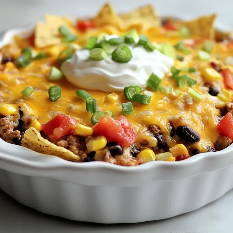 You will need the following items for this tasty meal: - 1 lb ground beef - 1 can black beans, drained and rinsed - 1 cup corn, frozen or canned - 1 packet taco seasoning - 1 cup salsa - 2 cups tortilla chips, crushed - 2 cups shredded cheddar cheese - 1 cup diced tomatoes with green chilies - 1/2 cup sour cream - 1/4 cup sliced green onions - Fresh cilantro for garnish (optional) Choosing great ingredients makes a big difference. I suggest using fresh ground beef for best taste. Look for lean beef to keep it healthier. If you use canned beans, rinse them well. This step helps reduce sodium. Fresh salsa adds zing, but jarred salsa works too. The cheese should be sharp cheddar for a bold flavor. I love using homemade tortilla chips. If you have time, make your own. They are crispier and healthier. Fresh cilantro adds a nice touch, but it is optional. You can swap ingredients to fit your taste. For a leaner option, use ground turkey or chicken. If you prefer no meat, try lentils or mushrooms instead. For a creamier taste, replace sour cream with Greek yogurt. You can also mix different cheeses, like Monterey Jack or pepper jack, for extra flavor. If you want more heat, use spicy salsa or add jalapeños. Adjust the toppings as you like; this dish is very flexible! {{ingredient_image_1}} 1. Start by gathering all your ingredients. Having everything ready makes cooking easier. 2. Preheat your oven to 350°F (175°C). A hot oven helps the dish cook well. 3. In a large skillet, add 1 pound of ground beef. Cook it over medium heat. 4. Stir the beef until it is fully browned. Make sure to drain any fat. 5. Next, add the taco seasoning. Mix it well with the beef. 6. Then, add 1 can of black beans, 1 cup of corn, and 1 cup of salsa. 7. Cook this mixture for 5 to 7 minutes. Stir it occasionally to heat it through. 1. Grab a greased 9x13 inch baking dish. This helps prevent sticking. 2. Spread half of the crushed tortilla chips on the bottom. This gives a nice crunch. 3. Layer the beef mixture over the tortilla chips. Spread it evenly. 4. Sprinkle 1 cup of shredded cheddar cheese on top of the beef. Cheese adds great flavor. 5. Add the rest of the tortilla chips on top of the cheese layer. 6. Pour the diced tomatoes with green chilies over the chips. This adds moisture. 7. Finish with the remaining 1 cup of cheese. Add dollops of sour cream across the top. 1. Cover the casserole with aluminum foil. This helps it cook evenly. 2. Place it in the preheated oven and bake for 25 minutes. 3. After 25 minutes, remove the foil. Bake for an additional 10 to 15 minutes. 4. Look for bubbly and golden cheese on top. It’s ready when it looks like this. 5. Once done, take it out of the oven. Let it sit for 5 minutes before serving. 6. Garnish with sliced green onions and fresh cilantro if you like. Enjoy your delicious meal! To boost flavor, use fresh ingredients. Fresh veggies add crunch and color. Try using fresh tomatoes instead of canned. You can also add jalapeños for heat. If you love cheese, mix different types. Pepper jack adds spice, while mozzarella gives a nice stretch. A squeeze of lime juice before serving brightens the dish. One big mistake is not draining the beef well. Leaving too much fat makes the dish greasy. Another error is overbaking the casserole. Be careful not to dry it out. Also, don't skip the foil cover at first. This keeps moisture in and helps melt the cheese evenly. Finally, avoid skipping the resting time after baking. It helps the layers set and makes serving easier. For quick prep, use precooked beef. You can find it in the store or cook it ahead. Canned beans and corn cut down on chopping time. Use store-bought salsa for a fast flavor boost. If you have leftover tortilla chips, crush them for the layer. Prepare the casserole a day ahead. Just cover and refrigerate it until you're ready to bake. Pro Tips Use Lean Beef: Opt for lean ground beef to reduce fat content in your casserole, making it a healthier option without sacrificing flavor. Customize Your Spice: Adjust the amount of taco seasoning according to your spice preference. You can also add fresh jalapeños for an extra kick! Cheese Variations: Experiment with different types of cheese, such as Monterey Jack or Pepper Jack, for unique flavors and a melty texture. Make Ahead: Prepare the casserole a day in advance and store it in the fridge. Just bake it when you're ready to serve! {{image_2}} You can easily make this dish vegetarian. Start by using a meat substitute. I like to use lentils or cooked quinoa. They add great texture and taste. Replace the ground beef with one cup of cooked lentils. Keep the black beans and corn for extra flavor. The rest of the recipe stays the same. You still layer the tortilla chips, salsa, and cheese. This way, you enjoy a rich, hearty meal without meat. Want more or less heat? Adjust the spice level to fit your taste. For milder flavors, skip the diced tomatoes with green chilies. You can also use mild salsa. If you love spice, add diced jalapeños or a pinch of cayenne pepper to the beef mix. This adds a kick that warms you up. Remember, you can always add more spice. But it's hard to take it out once it's in! Toppings make this casserole even better. Try adding sliced olives for a briny taste. You can use guacamole or diced avocado for creaminess. Chopped fresh cilantro brightens up the dish and adds freshness. You can also sprinkle some crushed tortilla chips on top for extra crunch. Don't forget about pickled jalapeños for a tangy bite. Mix and match these toppings to create your perfect Loaded Taco Beef Casserole. To keep your leftovers fresh, place them in an airtight container. Make sure to let the casserole cool before sealing. Store it in the fridge for up to three days. This helps keep the flavors intact. If you have multiple servings, consider dividing them into smaller portions. This way, you can grab a quick meal later. When you are ready to eat, preheat your oven to 350°F (175°C). Place the leftover casserole in a baking dish. Cover it with foil to prevent drying out. Heat for about 20 minutes or until warm. You can also microwave it. Use a microwave-safe dish, cover it, and heat for 2-3 minutes. Stir halfway through to ensure even warming. You can freeze the casserole for up to three months. First, let it cool completely. Then, wrap it tightly in plastic wrap and aluminum foil. This stops freezer burn and keeps it tasty. When you are ready to eat, thaw it in the fridge overnight. Then, reheat as described above. Freezing gives you a quick meal option on busy days. Yes, you can make this casserole ahead. Prepare it up to the baking step. Cover it well and store it in the fridge. When ready, bake it straight from the fridge. You may need to add a few extra minutes to the baking time. This casserole pairs well with many sides. Here are my top picks: - Mexican rice: It adds flavor and texture. - Refried beans: A classic choice that complements the meal. - Guacamole: It brings a creamy touch. - Fresh salad: A crisp salad brightens the plate. If you want heat, there are easy ways to spice it up. Consider adding: - Jalapeños: Fresh or pickled, they add a nice kick. - Hot sauce: Mix it into the beef or drizzle on top. - Spicy salsa: Swap regular salsa for a hot version. - Red pepper flakes: Sprinkle them on before baking for extra warmth. In this article, I shared how to make a tasty Loaded Taco Beef Casserole. We covered the best ingredients, cooking steps, and tips to enhance flavor. You learned about variations, storage methods, and answers to common questions. With this knowledge, you can create a delicious meal that suits your taste. Enjoy experimenting and making this dish your own!