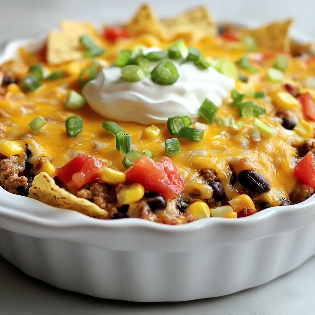 You will need the following items for this tasty meal: - 1 lb ground beef - 1 can black beans, drained and rinsed - 1 cup corn, frozen or canned - 1 packet taco seasoning - 1 cup salsa - 2 cups tortilla chips, crushed - 2 cups shredded cheddar cheese - 1 cup diced tomatoes with green chilies - 1/2 cup sour cream - 1/4 cup sliced green onions - Fresh cilantro for garnish (optional) Choosing great ingredients makes a big difference. I suggest using fresh ground beef for best taste. Look for lean beef to keep it healthier. If you use canned beans, rinse them well. This step helps reduce sodium. Fresh salsa adds zing, but jarred salsa works too. The cheese should be sharp cheddar for a bold flavor. I love using homemade tortilla chips. If you have time, make your own. They are crispier and healthier. Fresh cilantro adds a nice touch, but it is optional. You can swap ingredients to fit your taste. For a leaner option, use ground turkey or chicken. If you prefer no meat, try lentils or mushrooms instead. For a creamier taste, replace sour cream with Greek yogurt. You can also mix different cheeses, like Monterey Jack or pepper jack, for extra flavor. If you want more heat, use spicy salsa or add jalapeños. Adjust the toppings as you like; this dish is very flexible! {{ingredient_image_1}} 1. Start by gathering all your ingredients. Having everything ready makes cooking easier. 2. Preheat your oven to 350°F (175°C). A hot oven helps the dish cook well. 3. In a large skillet, add 1 pound of ground beef. Cook it over medium heat. 4. Stir the beef until it is fully browned. Make sure to drain any fat. 5. Next, add the taco seasoning. Mix it well with the beef. 6. Then, add 1 can of black beans, 1 cup of corn, and 1 cup of salsa. 7. Cook this mixture for 5 to 7 minutes. Stir it occasionally to heat it through. 1. Grab a greased 9x13 inch baking dish. This helps prevent sticking. 2. Spread half of the crushed tortilla chips on the bottom. This gives a nice crunch. 3. Layer the beef mixture over the tortilla chips. Spread it evenly. 4. Sprinkle 1 cup of shredded cheddar cheese on top of the beef. Cheese adds great flavor. 5. Add the rest of the tortilla chips on top of the cheese layer. 6. Pour the diced tomatoes with green chilies over the chips. This adds moisture. 7. Finish with the remaining 1 cup of cheese. Add dollops of sour cream across the top. 1. Cover the casserole with aluminum foil. This helps it cook evenly. 2. Place it in the preheated oven and bake for 25 minutes. 3. After 25 minutes, remove the foil. Bake for an additional 10 to 15 minutes. 4. Look for bubbly and golden cheese on top. It’s ready when it looks like this. 5. Once done, take it out of the oven. Let it sit for 5 minutes before serving. 6. Garnish with sliced green onions and fresh cilantro if you like. Enjoy your delicious meal! To boost flavor, use fresh ingredients. Fresh veggies add crunch and color. Try using fresh tomatoes instead of canned. You can also add jalapeños for heat. If you love cheese, mix different types. Pepper jack adds spice, while mozzarella gives a nice stretch. A squeeze of lime juice before serving brightens the dish. One big mistake is not draining the beef well. Leaving too much fat makes the dish greasy. Another error is overbaking the casserole. Be careful not to dry it out. Also, don't skip the foil cover at first. This keeps moisture in and helps melt the cheese evenly. Finally, avoid skipping the resting time after baking. It helps the layers set and makes serving easier. For quick prep, use precooked beef. You can find it in the store or cook it ahead. Canned beans and corn cut down on chopping time. Use store-bought salsa for a fast flavor boost. If you have leftover tortilla chips, crush them for the layer. Prepare the casserole a day ahead. Just cover and refrigerate it until you're ready to bake. Pro Tips Use Lean Beef: Opt for lean ground beef to reduce fat content in your casserole, making it a healthier option without sacrificing flavor. Customize Your Spice: Adjust the amount of taco seasoning according to your spice preference. You can also add fresh jalapeños for an extra kick! Cheese Variations: Experiment with different types of cheese, such as Monterey Jack or Pepper Jack, for unique flavors and a melty texture. Make Ahead: Prepare the casserole a day in advance and store it in the fridge. Just bake it when you're ready to serve! {{image_2}} You can easily make this dish vegetarian. Start by using a meat substitute. I like to use lentils or cooked quinoa. They add great texture and taste. Replace the ground beef with one cup of cooked lentils. Keep the black beans and corn for extra flavor. The rest of the recipe stays the same. You still layer the tortilla chips, salsa, and cheese. This way, you enjoy a rich, hearty meal without meat. Want more or less heat? Adjust the spice level to fit your taste. For milder flavors, skip the diced tomatoes with green chilies. You can also use mild salsa. If you love spice, add diced jalapeños or a pinch of cayenne pepper to the beef mix. This adds a kick that warms you up. Remember, you can always add more spice. But it's hard to take it out once it's in! Toppings make this casserole even better. Try adding sliced olives for a briny taste. You can use guacamole or diced avocado for creaminess. Chopped fresh cilantro brightens up the dish and adds freshness. You can also sprinkle some crushed tortilla chips on top for extra crunch. Don't forget about pickled jalapeños for a tangy bite. Mix and match these toppings to create your perfect Loaded Taco Beef Casserole. To keep your leftovers fresh, place them in an airtight container. Make sure to let the casserole cool before sealing. Store it in the fridge for up to three days. This helps keep the flavors intact. If you have multiple servings, consider dividing them into smaller portions. This way, you can grab a quick meal later. When you are ready to eat, preheat your oven to 350°F (175°C). Place the leftover casserole in a baking dish. Cover it with foil to prevent drying out. Heat for about 20 minutes or until warm. You can also microwave it. Use a microwave-safe dish, cover it, and heat for 2-3 minutes. Stir halfway through to ensure even warming. You can freeze the casserole for up to three months. First, let it cool completely. Then, wrap it tightly in plastic wrap and aluminum foil. This stops freezer burn and keeps it tasty. When you are ready to eat, thaw it in the fridge overnight. Then, reheat as described above. Freezing gives you a quick meal option on busy days. Yes, you can make this casserole ahead. Prepare it up to the baking step. Cover it well and store it in the fridge. When ready, bake it straight from the fridge. You may need to add a few extra minutes to the baking time. This casserole pairs well with many sides. Here are my top picks: - Mexican rice: It adds flavor and texture. - Refried beans: A classic choice that complements the meal. - Guacamole: It brings a creamy touch. - Fresh salad: A crisp salad brightens the plate. If you want heat, there are easy ways to spice it up. Consider adding: - Jalapeños: Fresh or pickled, they add a nice kick. - Hot sauce: Mix it into the beef or drizzle on top. - Spicy salsa: Swap regular salsa for a hot version. - Red pepper flakes: Sprinkle them on before baking for extra warmth. In this article, I shared how to make a tasty Loaded Taco Beef Casserole. We covered the best ingredients, cooking steps, and tips to enhance flavor. You learned about variations, storage methods, and answers to common questions. With this knowledge, you can create a delicious meal that suits your taste. Enjoy experimenting and making this dish your own!