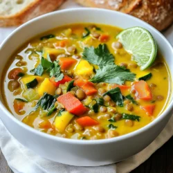 - Lentils and Broth - I use 1 cup of dried green or brown lentils. Rinse them well before cooking. The broth adds flavor. I prefer 4 cups of vegetable broth to keep it vegan. - Vegetables - The soup needs fresh veggies. I add 1 diced onion, 1 diced carrot, 1 diced red bell pepper, and 1 diced zucchini. These give the soup color and crunch. For greens, I toss in 1 cup of baby spinach at the end. - Spices and Seasonings - Spices are key for flavor. I add 2 tablespoons of yellow curry powder, 1 teaspoon of ground cumin, and 1 teaspoon of turmeric. Use 3 minced garlic cloves and 1 tablespoon of fresh grated ginger for a fragrant base. Salt and black pepper enhance the taste. - Coconut Milk - I love using 1 can (14 oz) of coconut milk. It makes the soup creamy and rich. The coconut milk pairs perfectly with the spices and lentils. Don't forget to squeeze in the juice of 1 lime before serving. It brightens the flavors! This mix of ingredients creates a warm, comforting soup. It’s full of nutrients and flavor. Each bite is a tasty adventure! {{ingredient_image_1}} - Rinsing and chopping: Start by rinsing 1 cup of dried lentils under cold water. This removes dirt and helps them cook evenly. Dice 1 onion, 1 carrot, 1 red bell pepper, and 1 zucchini. These veggies add color and taste to the soup. - Measuring spices: Gather your spices. You will need 2 tablespoons of yellow curry powder, 1 teaspoon of ground cumin, and 1 teaspoon of turmeric. Measure these out carefully. This helps to ensure every bite is packed with flavor. - Preparing garnishes: For a fresh touch, chop some cilantro for garnish. You can also cut a lime into wedges. This will add a nice zing to the soup when served. - Sautéing aromatics: In a large pot, heat 1 tablespoon of coconut oil over medium heat. Add the diced onion and sauté until it becomes soft and translucent, about 5 minutes. This step builds a strong flavor foundation. Then stir in 3 cloves of minced garlic and 1 tablespoon of grated ginger. Cook for another minute until you smell their wonderful aroma. - Adding vegetables and spices: Next, add the vegetables you chopped earlier: carrot, red bell pepper, and zucchini. Stir them well for about 3-4 minutes. This helps the veggies soak up the spices. Now add the measured spices: yellow curry powder, ground cumin, and turmeric. Stir for about 30 seconds to lightly toast these spices. This deepens their flavor. - Cooking lentils and finishing the soup: Pour in 4 cups of vegetable broth and bring the mixture to a boil. Then, add the rinsed lentils. Reduce the heat to a simmer. Cover the pot and cook for 25-30 minutes until the lentils are tender. Then stir in 1 can of coconut milk and 1 cup of baby spinach. Cook for an additional 5 minutes, until the spinach wilts. Finally, season with salt and black pepper to taste and stir in the juice of 1 lime. Ladle the soup into bowls and top with fresh cilantro. Enjoy your warm, flavorful dish! - Cooking time variations based on lentil type: Different lentils cook in different times. Green and brown lentils take about 25-30 minutes. Red lentils cook faster, about 15-20 minutes. Adjust your cooking time based on the type you choose. - Adjusting consistency and thickness: If you want a thicker soup, let it simmer longer. For a thinner soup, add more vegetable broth or coconut milk. Stir well to combine. - Enhancing flavor with fresh herbs: Fresh herbs like cilantro or parsley can brighten the soup. Add them just before serving to keep their flavor vibrant. Lime juice also adds a nice zing. - Overcooking the lentils: Lentils can turn mushy if cooked too long. Check for tenderness after 25 minutes. They should be soft but hold their shape. - Skipping the toasting of spices: Toasting spices like curry powder and cumin brings out their flavors. Always toast them for about 30 seconds before adding other ingredients. - Neglecting seasoning adjustments: Always taste your soup before serving. You might need to add more salt or lime juice. Adjust to your liking for the best flavor. Pro Tips Use Fresh Spices: Fresh spices can elevate the flavor of your soup. Toast them briefly before adding other ingredients to release their essential oils. Adjust Consistency: If the soup is too thick, add extra vegetable broth or water to reach your desired consistency. Make it a Meal: Serve the soup with a side of crusty bread or over rice for a filling and satisfying meal. Store for Later: This soup stores well in the refrigerator for up to 4 days, making it perfect for meal prep. Just reheat and enjoy! {{image_2}} You can switch up lentils. Try red or yellow lentils for a different texture. Each type cooks a bit differently. Red lentils tend to break down quicker. This can give your soup a creamier look. You can add different vegetables. Sweet potatoes add a nice touch. Cauliflower provides a great bite. Peas and corn can also bring sweetness to the dish. Feel free to mix and match what you have on hand. Changing spices can enhance the flavor. Use garam masala for warmth. A bit of chili powder adds a kick. If you want a fresh taste, toss in some fresh herbs, like basil or mint. Pair your soup with crusty bread. This makes for a hearty meal. You can also serve it over rice for added texture. Brown rice offers a nutty flavor. Quinoa adds protein and a unique taste. Serve the soup warm. It tastes best hot, but some enjoy it chilled. Try it both ways to see your preference. Garnish your soup for a beautiful finish. Fresh cilantro adds color and taste. A lime wedge gives a bright, zesty touch. You could even sprinkle some toasted coconut for extra crunch. To keep your coconut curry lentil soup fresh, store it properly. - Refrigeration guidelines: Let the soup cool to room temperature. Transfer the soup into airtight containers. Place it in the fridge. It will last for about 4 to 5 days. Always check for signs of spoilage before eating. If it smells off or has mold, toss it out. - Freezing instructions: For longer storage, freeze the soup. Use freezer-safe containers or bags. Leave some space at the top for expansion. The soup can last up to 3 months in the freezer. To use, move it to the fridge overnight to thaw. When it’s time to enjoy your soup again, reheating is key. - Best methods for reheating: You can reheat the soup on the stove or in a microwave. If using the stove, place it in a pot over low heat. Stir often to prevent sticking. For the microwave, heat it in a microwave-safe bowl, covering it loosely. Heat in short bursts, stirring in between. - How to restore creaminess: Sometimes, the soup may lose its creamy texture. To fix this, stir in a little coconut milk while reheating. This will refresh the soup’s creaminess and flavor. Enjoy your delicious soup once more! Coconut Curry Lentil Soup lasts about 4 to 5 days in the fridge. Store it in an airtight container for best results. Always check for spoilage before eating. Signs include off smells or mold. If it smells bad or looks strange, throw it away. Yes, you can make Coconut Curry Lentil Soup ahead of time. It actually tastes better the next day! To meal prep, cook the soup and let it cool. Then, store it in the fridge or freezer. When you reheat, add a splash of water or broth for creaminess. Heat it on the stove for the best taste. Coconut Curry Lentil Soup is very healthy. Lentils are high in protein and fiber. They help you feel full and support digestion. The vegetables add vitamins and minerals. Coconut milk provides healthy fats, too. This soup is great for many diets, including vegan and gluten-free. It's a tasty way to nourish your body! Coconut Curry Lentil Soup is easy to make and packs tons of flavor. We covered the key ingredients, like lentils, vegetables, and spices. I shared step-by-step cooking guides and tips to perfect your soup. Remember, you can vary ingredients to match your taste. Store it right and reheat carefully to enjoy later. This soup is not just tasty; it’s also a healthy choice. With these tips, you can create a dish that warms your heart and satisfies your cravings. Enjoy your cooking!