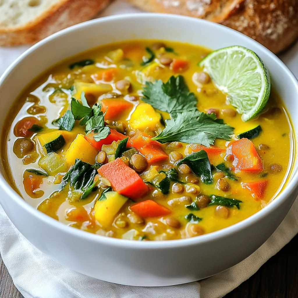 - Lentils and Broth - I use 1 cup of dried green or brown lentils. Rinse them well before cooking. The broth adds flavor. I prefer 4 cups of vegetable broth to keep it vegan. - Vegetables - The soup needs fresh veggies. I add 1 diced onion, 1 diced carrot, 1 diced red bell pepper, and 1 diced zucchini. These give the soup color and crunch. For greens, I toss in 1 cup of baby spinach at the end. - Spices and Seasonings - Spices are key for flavor. I add 2 tablespoons of yellow curry powder, 1 teaspoon of ground cumin, and 1 teaspoon of turmeric. Use 3 minced garlic cloves and 1 tablespoon of fresh grated ginger for a fragrant base. Salt and black pepper enhance the taste. - Coconut Milk - I love using 1 can (14 oz) of coconut milk. It makes the soup creamy and rich. The coconut milk pairs perfectly with the spices and lentils. Don't forget to squeeze in the juice of 1 lime before serving. It brightens the flavors! This mix of ingredients creates a warm, comforting soup. It’s full of nutrients and flavor. Each bite is a tasty adventure! {{ingredient_image_1}} - Rinsing and chopping: Start by rinsing 1 cup of dried lentils under cold water. This removes dirt and helps them cook evenly. Dice 1 onion, 1 carrot, 1 red bell pepper, and 1 zucchini. These veggies add color and taste to the soup. - Measuring spices: Gather your spices. You will need 2 tablespoons of yellow curry powder, 1 teaspoon of ground cumin, and 1 teaspoon of turmeric. Measure these out carefully. This helps to ensure every bite is packed with flavor. - Preparing garnishes: For a fresh touch, chop some cilantro for garnish. You can also cut a lime into wedges. This will add a nice zing to the soup when served. - Sautéing aromatics: In a large pot, heat 1 tablespoon of coconut oil over medium heat. Add the diced onion and sauté until it becomes soft and translucent, about 5 minutes. This step builds a strong flavor foundation. Then stir in 3 cloves of minced garlic and 1 tablespoon of grated ginger. Cook for another minute until you smell their wonderful aroma. - Adding vegetables and spices: Next, add the vegetables you chopped earlier: carrot, red bell pepper, and zucchini. Stir them well for about 3-4 minutes. This helps the veggies soak up the spices. Now add the measured spices: yellow curry powder, ground cumin, and turmeric. Stir for about 30 seconds to lightly toast these spices. This deepens their flavor. - Cooking lentils and finishing the soup: Pour in 4 cups of vegetable broth and bring the mixture to a boil. Then, add the rinsed lentils. Reduce the heat to a simmer. Cover the pot and cook for 25-30 minutes until the lentils are tender. Then stir in 1 can of coconut milk and 1 cup of baby spinach. Cook for an additional 5 minutes, until the spinach wilts. Finally, season with salt and black pepper to taste and stir in the juice of 1 lime. Ladle the soup into bowls and top with fresh cilantro. Enjoy your warm, flavorful dish! - Cooking time variations based on lentil type: Different lentils cook in different times. Green and brown lentils take about 25-30 minutes. Red lentils cook faster, about 15-20 minutes. Adjust your cooking time based on the type you choose. - Adjusting consistency and thickness: If you want a thicker soup, let it simmer longer. For a thinner soup, add more vegetable broth or coconut milk. Stir well to combine. - Enhancing flavor with fresh herbs: Fresh herbs like cilantro or parsley can brighten the soup. Add them just before serving to keep their flavor vibrant. Lime juice also adds a nice zing. - Overcooking the lentils: Lentils can turn mushy if cooked too long. Check for tenderness after 25 minutes. They should be soft but hold their shape. - Skipping the toasting of spices: Toasting spices like curry powder and cumin brings out their flavors. Always toast them for about 30 seconds before adding other ingredients. - Neglecting seasoning adjustments: Always taste your soup before serving. You might need to add more salt or lime juice. Adjust to your liking for the best flavor. Pro Tips Use Fresh Spices: Fresh spices can elevate the flavor of your soup. Toast them briefly before adding other ingredients to release their essential oils. Adjust Consistency: If the soup is too thick, add extra vegetable broth or water to reach your desired consistency. Make it a Meal: Serve the soup with a side of crusty bread or over rice for a filling and satisfying meal. Store for Later: This soup stores well in the refrigerator for up to 4 days, making it perfect for meal prep. Just reheat and enjoy! {{image_2}} You can switch up lentils. Try red or yellow lentils for a different texture. Each type cooks a bit differently. Red lentils tend to break down quicker. This can give your soup a creamier look. You can add different vegetables. Sweet potatoes add a nice touch. Cauliflower provides a great bite. Peas and corn can also bring sweetness to the dish. Feel free to mix and match what you have on hand. Changing spices can enhance the flavor. Use garam masala for warmth. A bit of chili powder adds a kick. If you want a fresh taste, toss in some fresh herbs, like basil or mint. Pair your soup with crusty bread. This makes for a hearty meal. You can also serve it over rice for added texture. Brown rice offers a nutty flavor. Quinoa adds protein and a unique taste. Serve the soup warm. It tastes best hot, but some enjoy it chilled. Try it both ways to see your preference. Garnish your soup for a beautiful finish. Fresh cilantro adds color and taste. A lime wedge gives a bright, zesty touch. You could even sprinkle some toasted coconut for extra crunch. To keep your coconut curry lentil soup fresh, store it properly. - Refrigeration guidelines: Let the soup cool to room temperature. Transfer the soup into airtight containers. Place it in the fridge. It will last for about 4 to 5 days. Always check for signs of spoilage before eating. If it smells off or has mold, toss it out. - Freezing instructions: For longer storage, freeze the soup. Use freezer-safe containers or bags. Leave some space at the top for expansion. The soup can last up to 3 months in the freezer. To use, move it to the fridge overnight to thaw. When it’s time to enjoy your soup again, reheating is key. - Best methods for reheating: You can reheat the soup on the stove or in a microwave. If using the stove, place it in a pot over low heat. Stir often to prevent sticking. For the microwave, heat it in a microwave-safe bowl, covering it loosely. Heat in short bursts, stirring in between. - How to restore creaminess: Sometimes, the soup may lose its creamy texture. To fix this, stir in a little coconut milk while reheating. This will refresh the soup’s creaminess and flavor. Enjoy your delicious soup once more! Coconut Curry Lentil Soup lasts about 4 to 5 days in the fridge. Store it in an airtight container for best results. Always check for spoilage before eating. Signs include off smells or mold. If it smells bad or looks strange, throw it away. Yes, you can make Coconut Curry Lentil Soup ahead of time. It actually tastes better the next day! To meal prep, cook the soup and let it cool. Then, store it in the fridge or freezer. When you reheat, add a splash of water or broth for creaminess. Heat it on the stove for the best taste. Coconut Curry Lentil Soup is very healthy. Lentils are high in protein and fiber. They help you feel full and support digestion. The vegetables add vitamins and minerals. Coconut milk provides healthy fats, too. This soup is great for many diets, including vegan and gluten-free. It's a tasty way to nourish your body! Coconut Curry Lentil Soup is easy to make and packs tons of flavor. We covered the key ingredients, like lentils, vegetables, and spices. I shared step-by-step cooking guides and tips to perfect your soup. Remember, you can vary ingredients to match your taste. Store it right and reheat carefully to enjoy later. This soup is not just tasty; it’s also a healthy choice. With these tips, you can create a dish that warms your heart and satisfies your cravings. Enjoy your cooking!