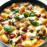 - 1 pound Italian sausage (mild or spicy) - 1 pound gnocchi (store-bought or homemade) - 1 cup heavy cream - 1 cup chicken broth - 1 cup spinach, fresh - 1/2 cup sun-dried tomatoes, chopped - 1 cup mozzarella cheese, shredded The main ingredients give this dish its rich flavor. You can choose mild or spicy sausage based on your taste. Gnocchi makes the meal hearty. Heavy cream and chicken broth create the sauce. Fresh spinach adds color and nutrients. Sun-dried tomatoes bring a sweet tang. Finally, mozzarella makes everything creamy and delicious. - 1 tablespoon olive oil - 2 cloves garlic, minced - 1 teaspoon Italian seasoning - Salt and pepper to taste Seasonings are key to great flavor. Olive oil helps cook the sausage and adds richness. Garlic adds a strong aroma and taste. Italian seasoning brings in herbs like oregano and basil. Salt and pepper are must-haves to enhance all the flavors. Adjust these to fit your liking. - Fresh basil leaves - Grated parmesan cheese Garnishes make the dish look and taste better. Fresh basil gives a bright, fresh touch. Grated parmesan adds a salty, nutty flavor. You can use one or both to make your meal pop! {{ingredient_image_1}} Start by heating a tablespoon of olive oil in a large skillet over medium heat. Once the oil is hot, add one pound of Italian sausage. You can choose mild or spicy, depending on your taste. Use a spatula to break the sausage into pieces. Cook the sausage until it is browned and no longer pink. This usually takes about 5 to 7 minutes. Next, add two cloves of minced garlic to the skillet. Sauté the garlic for about one minute. You want it to be fragrant but not burnt. The sausage and garlic will create a tasty base for your dish. Now, it’s time to add flavor! Stir in half a cup of chopped sun-dried tomatoes and one cup of chicken broth. This combination will add depth to your sauce. Let the mixture simmer gently for about five minutes. After that, pour in one cup of heavy cream. Stir well to combine all the ingredients. Bring the mixture to a gentle simmer. This will make your sauce creamy and rich. Now for the star of the dish: the gnocchi! Gently fold in one pound of gnocchi. Cook the gnocchi according to the package instructions, usually about 3 to 4 minutes. You will know they are done when they float to the top. Once the gnocchi is cooked, stir in one cup of fresh spinach. Wait until the spinach wilts, then add one cup of shredded mozzarella cheese. Stir until the cheese melts and creates a creamy texture. Make sure to taste and adjust the seasoning with salt and pepper if needed. Let the skillet rest for a few minutes before serving. Enjoy the creamy goodness! - Options for adjusting spiciness: Choose mild or spicy Italian sausage. If you want more heat, add red pepper flakes. You can also use a dash of hot sauce for an extra kick. - Tips for adding extra vegetables: You can add bell peppers, zucchini, or mushrooms to the skillet. These veggies add color and nutrients. Sauté them with the sausage for best results. - Preventing gnocchi from sticking: Use a large skillet and cook the gnocchi in batches if needed. Stir gently when adding them to the sauce. A bit of olive oil in the water can help too. - Achieving the perfect creaminess: Use heavy cream for a rich sauce. Stir well to combine it with the broth and sausage. If you want a lighter sauce, use half-and-half or a milk alternative. - Best sides to pair with gnocchi skillet: A simple green salad works well. Garlic bread can add crunch and soak up the sauce. Roasted vegetables also make a great side. - Presentation tips for an appealing plate: Serve the gnocchi straight from the skillet. Garnish with fresh basil leaves and a sprinkle of cheese on top. This makes it look inviting and fresh. Pro Tips Choose Your Sausage Wisely: Opt for a good quality Italian sausage for the best flavor. You can mix and match between mild and spicy based on your preference! Cook Gnocchi to Perfection: Ensure you follow the package instructions for cooking gnocchi. They are done when they float, which usually takes just a few minutes! Fresh Spinach Swap: If you don’t have fresh spinach, you can substitute with kale or even arugula for a different flavor profile. Garnish Creatively: For an extra touch, consider garnishing with additional herbs like parsley or a sprinkle of red pepper flakes for some heat! {{image_2}} You can easily switch the sausage type. Try chicken, turkey, or plant-based sausage. Each offers a unique taste and texture. If you want a lighter meal, use turkey sausage. For a spicy kick, go with hot Italian sausage. If you need dairy-free options, replace heavy cream with coconut milk or cashew cream. These keep the dish creamy without dairy. You can also use low-fat cream for fewer calories. Add fresh herbs to boost flavor. Rosemary and thyme work well with this dish. Just a sprinkle adds a nice touch. You can also try parsley for a fresh taste. Cheese lovers can experiment with different types. Try sharp cheddar or creamy goat cheese for a twist. Each cheese will give a new layer of flavor to the dish. You can cook this dish in different ways. The stovetop method is quick and easy, but the oven-baked version adds a nice crust. To bake, transfer the mixture to a baking dish, top with cheese, and bake at 375°F until bubbly. For a slow cooker version, brown the sausage first. Then, combine all ingredients in the slow cooker. Cook on low for 4-6 hours. This method lets the flavors blend beautifully. To keep your creamy sausage gnocchi skillet fresh, use airtight containers. Glass or plastic containers work well. Store in the fridge for up to three days. Make sure to let it cool down before sealing. This helps keep the texture just right. The best way to reheat this dish is on the stove. Place it in a pan over low heat. Stir often to help heat evenly. If the sauce looks thick, add a splash of chicken broth or cream. This keeps the sauce creamy and smooth. Yes, you can freeze the gnocchi skillet! However, the texture of the gnocchi may change. For best results, freeze it in meal-sized portions. Use freezer-safe containers or bags. When you’re ready to eat, thaw it in the fridge overnight. Then reheat on the stove as mentioned above. This helps keep it tasty! It takes about 10 minutes to prep and 25 minutes to cook. You can serve it in about 35 minutes. This quick time makes it perfect for busy nights. Yes, you can use various gnocchi types. Look for gluten-free gnocchi made from rice or potato. You can also try cauliflower gnocchi for a low-carb option. If you want a lighter dish, use half-and-half or whole milk. You can also blend silken tofu for a dairy-free option. Each choice will change the dish's creaminess slightly. Yes, this recipe works well for meal prep. Cook it ahead, cool it down, and store in airtight containers. It stays fresh in the fridge for up to three days. Reheat on the stove or microwave for a quick meal. In this blog post, I explored making a creamy sausage gnocchi skillet. We covered main ingredients like Italian sausage and gnocchi, along with essential seasonings. I shared step-by-step cooking instructions and tips for enhancing flavor. You can customize the dish with variations and learn how to store leftovers properly. Remember, this dish is versatile and easy to make, perfect for busy nights. Enjoy creating your own version, and make it uniquely yours!