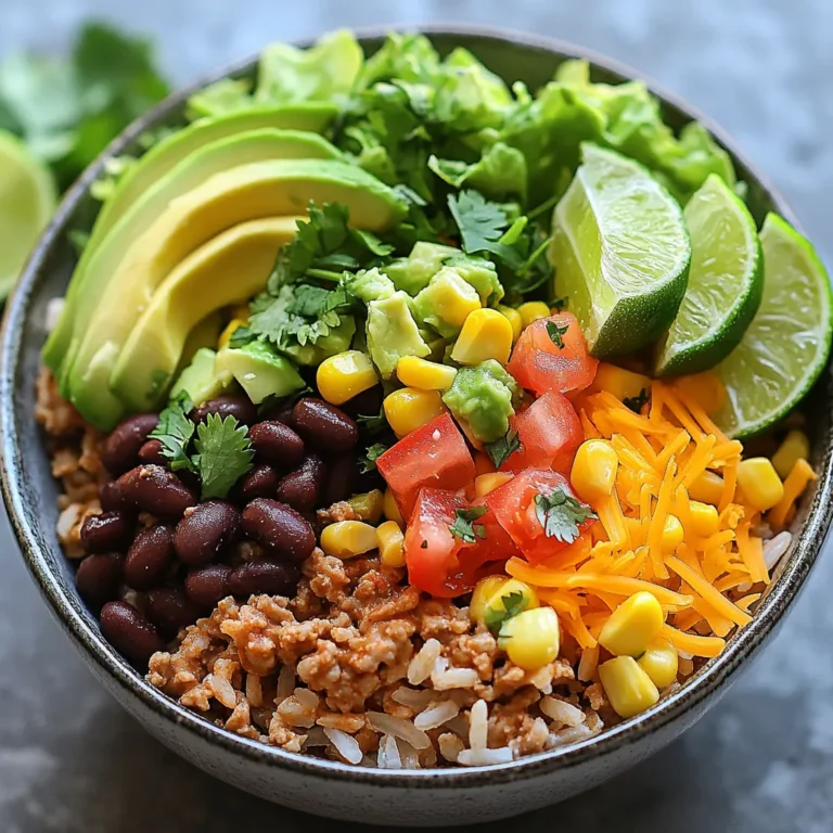 To make the Easy Taco Rice Bowl, gather these items: - 2 cups cooked brown rice - 1 pound ground turkey or beef - 1 can (15 oz) black beans, drained and rinsed - 1 cup corn kernels (fresh, frozen, or canned) - 1 medium onion, diced - 2 cloves garlic, minced - 1 tablespoon taco seasoning - 1 teaspoon cumin - 1 teaspoon paprika - Salt and pepper to taste - 1 cup diced tomatoes (fresh or canned) - 1 avocado, diced - 1 cup shredded lettuce - ½ cup shredded cheddar cheese - Fresh cilantro for garnish - Lime wedges for serving You can swap some ingredients to fit your needs. If you want a vegetarian option, replace the meat with extra black beans or lentils. You can also use quinoa instead of brown rice. If you don’t have taco seasoning, mix chili powder, cumin, and paprika for a similar taste. Each serving of the Easy Taco Rice Bowl has about: - Calories: 450 - Protein: 25g - Carbohydrates: 50g - Fat: 15g - Fiber: 10g This meal is packed with protein and fiber, making it a healthy choice. {{ingredient_image_1}} Start by cooking the brown rice. You need 2 cups of cooked rice. It can be made ahead of time. If you want, you can use white rice too. Once the rice is ready, set it aside. It will be the base of your bowl. Grab a large skillet and add a drizzle of olive oil. Heat it over medium heat. Now, add the diced onion and minced garlic. Stir them until the onion is soft and clear. This should take about 3-5 minutes. Next, add 1 pound of ground turkey or beef. Break it apart with a spatula. Cook the meat until it turns brown, about 5–7 minutes. Now, mix in 1 tablespoon of taco seasoning, 1 teaspoon of cumin, and 1 teaspoon of paprika. Stir well to coat the meat with the spices. Don't forget to add salt and pepper to taste. Then, add 1 can of black beans, 1 cup of corn, and 1 cup of diced tomatoes. Mix everything well and let it simmer for about 5 minutes. This helps all the flavors blend together. Now it's time to build your bowl. Start with a generous scoop of brown rice at the bottom. Next, add the taco meat mixture on top. Then, pile on diced avocado, shredded lettuce, and ½ cup of shredded cheddar cheese. For the final touch, sprinkle fresh cilantro on top. Serve each bowl with lime wedges on the side. The lime adds a nice zing to your meal! Enjoy your easy taco rice bowl. To make your taco rice bowl shine, balance is key. Use fresh herbs like cilantro for a bright taste. Lime juice adds a zesty kick. You can even mix in some chili powder for extra depth. Taste as you go. Adjust the salt and spices to your liking. This makes the meal more personal to you. When cooking ground turkey or beef, start with a hot skillet. This helps the meat brown nicely. Break the meat apart with a spatula as it cooks. Aim for a nice, even brown color. This adds flavor and texture. Don't rush it; let it cook for 5 to 7 minutes. The better the meat cooks, the better the bowl tastes. Presentation matters. Layer the rice first in your bowl. Then, add your taco meat mixture. Top it off with fresh avocado, lettuce, and cheese. Use a sprinkle of cilantro for color. Serve lime wedges on the side for that refreshing squeeze. A well-presented bowl makes the meal more inviting and fun! Pro Tips Use Whole Grains: Opt for brown rice or quinoa instead of white rice for added fiber and nutrients. Customize Your Proteins: Feel free to substitute ground turkey with chicken or plant-based crumbles for a vegetarian option. Fresh Ingredients Matter: Use fresh herbs and ripe avocados to enhance the flavor and freshness of your dish. Meal Prep Friendly: Prepare the taco meat and rice in advance for quick assembly during busy weeknights. {{image_2}} You can easily make this taco rice bowl vegetarian. Swap the ground turkey or beef for 1 cup of crumbled tofu or tempeh. You could also use lentils or extra black beans. Add a bit more spice to the tofu with extra taco seasoning. This keeps the flavor bold and tasty. If you love heat, add fresh jalapeños or red pepper flakes. You can mix diced jalapeños into the meat as it cooks. For a smoky taste, add chipotle peppers in adobo sauce. If you want it milder, remove the seeds from the peppers. Toppings can change your taco rice bowl game. Try adding sliced olives or diced bell peppers for crunch. You can use Greek yogurt instead of sour cream for a healthy twist. Fresh pico de gallo or salsa adds brightness and flavor. Don't forget lime wedges for a tangy finish! You can store the Easy Taco Rice Bowl in the fridge. Place it in an airtight container. It stays fresh for up to four days. When you want to eat it, check for any odd smells or changes in color. If you want to keep it longer, freezing is a great option. First, let the taco bowl cool completely. Then, divide it into portions. Use freezer-safe bags or containers. It can last up to three months in the freezer. Remember to label the bags with the date. To reheat, take the serving you want from the fridge or freezer. If frozen, let it thaw overnight in the fridge. You can use a microwave or a skillet. Heat until it’s warmed through. Make sure it’s hot in the center. If you want, add a splash of water to keep it moist. Enjoy your meal! You can use white rice, quinoa, or cauliflower rice. Each option brings a unique taste. White rice cooks faster than brown rice. Quinoa adds more protein and is gluten-free. Cauliflower rice is low-carb and great for a light meal. Try any of these to fit your needs! To spice up your taco rice bowl, add chopped jalapeños or red pepper flakes. You could also use a spicy taco seasoning. For an extra kick, drizzle hot sauce on top before serving. Experiment with spice levels to find what you like best! Yes, you can make this taco bowl ahead of time! Cook the rice and meat mixture first. Store them in separate containers in the fridge. When ready to eat, just heat them up and assemble your bowl. This makes meal prep easy and quick! Great side dishes include tortilla chips with salsa or guacamole. You might also enjoy a fresh garden salad. A side of grilled vegetables can add nice color and flavor. Choose sides that complement the taco rice bowl for a complete meal. This blog post covers how to make a delicious taco rice bowl. We explored ingredients, cooking steps, and tips to enhance flavors. You learned how to customize your bowl and store leftovers. Taco rice bowls are fun to make and full of flavor. Enjoy experimenting with different toppings and spices. With these steps, you can serve a tasty meal that everyone will love. You now have the tools to create your perfect taco rice bowl. Get cooking and enjoy your tasty creation!