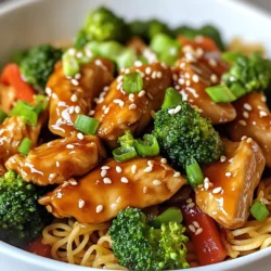 - Chicken - Noodles - Sauces - Vegetables - Seasonings To make teriyaki chicken noodles, you need fresh and tasty ingredients. Here’s what you will need: - 2 boneless chicken breasts, sliced thinly: This will be your main protein. - 8 oz. stir-fry noodles: You can use udon or egg noodles. They add great texture. - 3 tablespoons teriyaki sauce: This gives your dish that sweet and savory flavor. - 1 tablespoon soy sauce: It adds a bit of saltiness that enhances the taste. - 1 tablespoon sesame oil: This oil brings a nutty flavor to the mix. - 1 tablespoon olive oil: This is for cooking the chicken and veggies. - 1 red bell pepper, sliced: This adds color and sweetness. - 1 cup broccoli florets: Broccoli offers crunch and nutrition. - 2 green onions, chopped: These add a fresh bite at the end. - 1 tablespoon fresh ginger, minced: Ginger gives a warm, spicy kick. - 2 cloves garlic, minced: Garlic enhances the flavors with its strong aroma. - Sesame seeds for garnish: They add a nice touch on top. - Salt and pepper to taste: These are basic seasonings to enhance the dish. Gather these ingredients, and you'll be ready to whip up a delicious meal! {{ingredient_image_1}} To make the perfect stir-fry noodles, start by boiling salted water. Add 8 oz. of stir-fry noodles, like udon or egg noodles. Cook them according to the package instructions. This usually takes around 3-5 minutes. Drain the noodles and set them aside. To keep the noodles from sticking, rinse them briefly under cold water. This also helps them hold their shape during cooking. For tasty chicken, slice 2 boneless chicken breasts thinly. Season the chicken with salt and pepper. In a large skillet or wok, heat 1 tablespoon of olive oil over medium-high heat. Once hot, add the chicken slices. Stir-fry for about 5-7 minutes until the chicken is no longer pink. This cooking method seals in flavors and gives the chicken a nice texture. Remove the chicken from the skillet and set it aside for later. Timing is key when cooking vegetables. In the same skillet, add 1 tablespoon of sesame oil. Toss in 2 minced cloves of garlic and 1 tablespoon of minced fresh ginger. Sauté for about 30 seconds until fragrant. Then, add 1 sliced red bell pepper and 1 cup of broccoli florets. Stir-fry for another 3-4 minutes. You want the veggies to be tender but still crisp. This mix of textures adds a delightful crunch to your dish. Now, it’s time to bring everything together. Return the cooked chicken to the skillet. Add the drained noodles, 3 tablespoons of teriyaki sauce, and 1 tablespoon of soy sauce. Gently toss everything over medium heat for 2-3 minutes. This allows the sauce to coat all the ingredients evenly. Make sure every noodle and piece of chicken is coated with that yummy teriyaki flavor. Once everything is combined, it’s time to serve. Use bowls for a nice presentation. Top your dish with chopped green onions and a sprinkle of sesame seeds. This adds color and a bit of crunch. A nice bowl will make your meal look even better, so choose something bright or unique to enhance your dish! To add more flavor to your teriyaki chicken noodles, consider these tips: - Extra Sauces: You can add a splash of hoisin sauce for extra sweetness. A dash of chili sauce can give it a kick. - Spices: Try adding garlic powder or red pepper flakes for more heat. A sprinkle of five-spice powder can enhance the overall flavor. - Fresh vs. Frozen Vegetables: Fresh vegetables offer better taste and texture. However, frozen veggies are quick and still nutritious. Use what you have! Choosing the right pans makes cooking easier: - Best Pans: A large skillet or wok is perfect for stir-frying. Look for non-stick options to prevent sticking. - Kitchen Tools: Use a good spatula for tossing. A sharp knife will help you slice chicken and veggies quickly. Managing your time helps the meal come together smoothly: - Multitasking: While noodles cook, prepare your chicken. Start sautéing veggies right after the chicken is done. - Cooking Times for Noodles: Adjust times based on noodle type. Udon noodles take longer than egg noodles, so plan accordingly. Pro Tips Use Fresh Ingredients: Fresh vegetables and herbs enhance the flavor and nutritional value of your dish. Marinate the Chicken: For even more flavor, marinate the chicken in teriyaki sauce for 30 minutes before cooking. Adjust the Sauce: Feel free to tweak the amount of teriyaki and soy sauce to suit your taste preferences. Cook Noodles Al Dente: To prevent mushy noodles, cook them just until al dente before adding them to the stir-fry. {{image_2}} If you want a vegetarian twist, swap chicken for tofu or tempeh. Both are great at soaking up flavors. You can also try seitan for a meatier texture. For sauce, use a mix of soy sauce, maple syrup, and rice vinegar. This gives a nice sweet and tangy taste. Not a fan of traditional noodles? Try rice noodles or zoodles. They add unique textures and flavors. When cooking rice noodles, soak them in hot water instead of boiling. If you choose zoodles, sauté them briefly to keep them crisp. Teriyaki recipes change around the world. In Hawaii, they often add pineapple for sweetness. In Korea, they might use gochujang for heat. Feel free to customize with local veggies like bell peppers or snap peas. Each change makes the dish your own. Teriyaki chicken noodles stay fresh in the fridge for about 3 to 4 days. Store them in airtight containers for the best results. Glass containers work well, as do plastic ones. Make sure to cool the noodles before sealing the container. This helps prevent sogginess. To reheat without losing texture, use the stovetop. Heat a skillet over medium-low heat. Add a splash of water or sauce to keep them moist. Stir often to ensure even heating. If you want to refresh the flavors, add a little extra teriyaki sauce and some fresh green onions while reheating. You can freeze teriyaki chicken noodles for up to 2 months. Divide them into portions and place in freezer-safe bags. Squeeze out as much air as possible before sealing. When ready to eat, thaw in the fridge overnight. Reheat on the stovetop as mentioned before for the best taste. Teriyaki sauce has simple, tasty ingredients. It typically includes soy sauce, sake, and sugar. The sugar gives it sweetness. You might also find garlic and ginger in some recipes. To make it richer, add honey or brown sugar. This sauce is what makes the dish so flavorful. Yes, you can use many types of meat. Chicken is common, but beef or pork works well too. If you like seafood, shrimp is a great choice. Just adjust the cooking time to ensure the meat is cooked through. Each meat brings its own unique flavor to the dish. To make this dish gluten-free, choose gluten-free noodles. Rice noodles or gluten-free pasta are great options. For the sauce, use gluten-free soy sauce. Look for brands that say "tamari" on the label. These changes keep the dish tasty while meeting gluten-free needs. Absolutely! Adding more vegetables boosts flavor and nutrition. You can try carrots, snap peas, or zucchini. Broccoli and bell peppers are great, but feel free to mix it up. Just cut them into small pieces for even cooking. More veggies make your meal colorful and healthy! You now have a solid recipe for Teriyaki Chicken Noodles. We covered key ingredients like chicken, noodles, and sauces. I shared step-by-step methods for cooking everything just right. You can adapt the dish with tips for additions or swaps. Remember to store leftovers properly for later enjoyment. I'm excited for you to try different variations. Enjoy your cooking and share your tasty results!