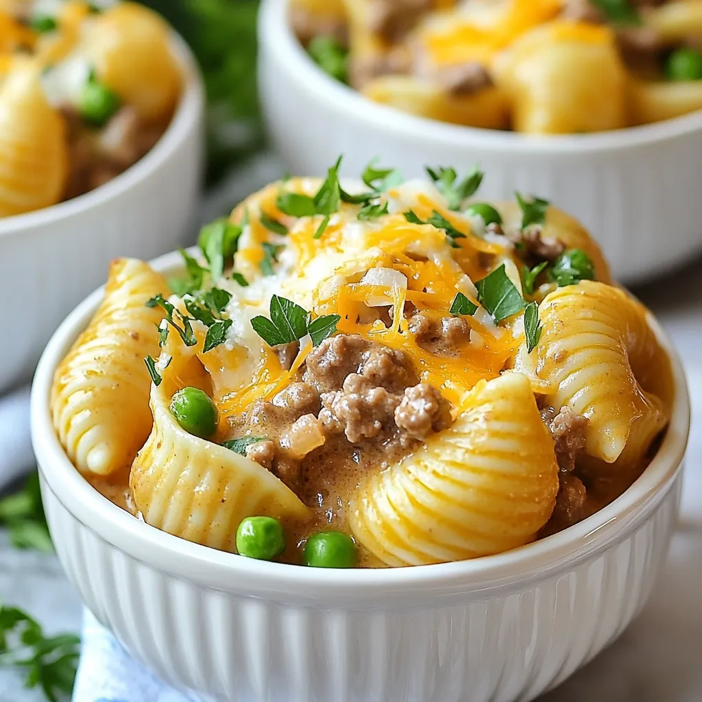 - 1 pound ground beef - 2 cups medium shell pasta - 1 cup heavy cream Ground beef is the star of this dish. It gives a rich flavor and texture. I prefer using lean ground beef to keep it healthier. The medium shell pasta holds the sauce well, making each bite creamy and satisfying. Heavy cream adds a velvety touch. It makes the dish feel special and indulgent. - 1 teaspoon Italian seasoning - 1 medium onion, finely chopped - 2 cloves garlic, minced - 1/2 teaspoon red pepper flakes (optional) Italian seasoning brings warmth and depth to the meal. The chopped onion and minced garlic add a sweet and savory base. Sautéing them creates a lovely aroma. Red pepper flakes can give a little kick, but use them if you enjoy some heat. - 4 cups beef broth - 1 cup shredded cheddar cheese - 1 cup frozen peas Beef broth adds a rich, meaty flavor. It also helps cook the pasta just right. Shredded cheddar cheese melts beautifully, creating a creamy sauce that clings to every shell. Frozen peas add a pop of color and sweetness. They are a great way to sneak in some veggies! {{ingredient_image_1}} 1. Start by heating a large pot over medium heat. 2. Add 1 pound of ground beef. 3. Cook until the beef is brown and no longer pink. 4. Make sure to stir often to break it apart. 5. Next, drain any excess fat from the pot. 1. Add 1 medium onion, finely chopped, to the pot. 2. Along with the onion, add 2 cloves of minced garlic. 3. Cook until the onion turns soft and clear, about 3-4 minutes. 4. This step brings out a lovely aroma. 1. Pour in 4 cups of beef broth and bring it to a boil. 2. Once boiling, stir in 2 cups of medium shell pasta. 3. Lower the heat and let it simmer. 4. Cook for about 8-10 minutes, stirring now and then. 5. You want the pasta to be tender but still firm. 1. After the pasta is cooked, stir in 1 cup of heavy cream. 2. Next, add 1 cup of shredded cheddar cheese. 3. Then, mix in 1 cup of frozen peas. 4. Cook for another 2-3 minutes until the cheese melts. 5. The mix should look creamy and delicious. This dish is easy and fills you up. Plus, it’s all made in one pot! To get perfect noodles, cook the shell pasta until it is al dente. This means the pasta should be firm to the bite but not hard. It helps the pasta hold its shape and not become mushy. Stir the pasta every few minutes while it cooks. This keeps it from sticking together and helps it cook evenly. When serving this dish, deep bowls work best. The creamy beef and shells look great in them. For added color and freshness, sprinkle chopped parsley on top. You can also add an extra sprinkle of cheese. This makes the dish even more inviting. Watch out for overcooking the pasta. If you cook it too long, it may turn mushy and lose its shape. Also, taste your dish as you cook. Adjust the seasoning to your liking. Skipping this step can lead to a bland dish that lacks flavor. Pro Tips Brown the Beef Properly: Ensure the ground beef is browned evenly to develop a rich flavor. Avoid overcrowding the pan to achieve a nice sear. Don't Overcook the Pasta: Cook the shell pasta until just al dente. It will continue to cook in the sauce, so you want it slightly underdone. Use Fresh Herbs: Fresh parsley adds a burst of flavor and freshness. Consider adding it at the end of cooking for the best taste. Customize the Cheese: While cheddar is delicious, feel free to mix in other cheeses like mozzarella or Parmesan for a different flavor profile. {{image_2}} You can switch out ground beef for ground turkey or chicken. These meats are leaner, and they still taste great. Just cook them the same way. For the heavy cream, you can use half-and-half or Greek yogurt. Both will still give you that creamy texture, but the yogurt will add a nice tang. Want to make it even tastier? You can add more veggies! Try bell peppers, mushrooms, or spinach. They all blend well with the dish. For spices, add a pinch of paprika or a dash of Worcestershire sauce. If you like cheese, use pepper jack for a spicy kick or mozzarella for a milder flavor. To make this meal gluten-free, use gluten-free shell pasta. There are many great brands available now. If you're looking for a vegetarian version, swap the beef for lentils or mushrooms. This keeps the heartiness while making it meat-free. Don't forget to adjust the broth to veggie broth for flavor! To keep your One-Pot Creamy Beef and Shells fresh, store it right. First, let the dish cool down. Then, scoop the leftovers into airtight containers. This helps keep the flavors strong. You can store it in the fridge for up to three days. For best taste, eat it sooner rather than later. When you want to enjoy your leftovers, heat them carefully. To reheat without drying out, add a splash of beef broth or cream. This keeps the dish creamy. For the microwave, use a covered bowl. Heat in short bursts, stirring in between. On the stovetop, warm it on low heat, stirring often. This helps maintain the dish’s texture and flavor. Yes, you can freeze One-Pot Creamy Beef and Shells! To do this, let it cool completely. Place it in freezer-safe containers. Be sure to leave some space at the top for expansion. When you’re ready to eat, thaw it in the fridge overnight. Then, reheat as mentioned above. This way, you can enjoy a tasty meal later! Yes, you can use different pasta shapes! While medium shell pasta works well, you can also try: - Penne - Fusilli - Farfalle These shapes hold sauce nicely. Just keep an eye on cooking times. Different pasta types may cook faster or slower. To change the serving size, simply scale the ingredients. For more servings, multiply each ingredient. For fewer, divide them. This recipe serves 4-6 people. Here’s a quick guide: - For 2 servings: Use 1/3 pound ground beef. - For 8 servings: Use 1.5 pounds ground beef. Adjust your pot size if you scale up a lot! Yes, you can prep this dish in advance. Here’s how: - Cook the beef and sauté the onion and garlic. - Let the mixture cool, then store it in the fridge for up to 2 days. When ready to eat, just add broth, pasta, cream, and peas. This saves time and keeps dinner easy! In this article, we explored how to create a delicious pasta dish using simple ingredients like ground beef, shell pasta, and heavy cream. You learned about the best cooking methods, tips to avoid common mistakes, and ways to customize the recipe. Remember, cooking should be fun and creative. Don’t hesitate to try new ingredients or adjust flavors to suit your taste. Enjoy your meal, and happy cooking!