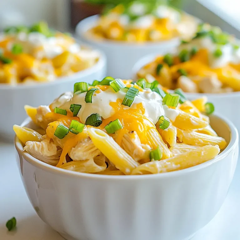 - 12 oz penne pasta - 2 cups cooked chicken, shredded (rotisserie works well) - 1/2 cup cream cheese, softened - 1/2 cup ranch dressing - 1 cup shredded cheddar cheese - 1 cup chicken broth - 1/2 cup green onions, sliced - 1 teaspoon garlic powder - Salt and pepper to taste - 1 tablespoon olive oil For Crack Chicken Penne, you need simple but tasty ingredients. The penne pasta is a great base. You can use 12 oz for a hearty meal. The cooked chicken adds protein. Shredded rotisserie chicken works best. Cream cheese gives the dish its creamy feel. Ranch dressing adds flavor and tang. Cheddar cheese melts nicely into the sauce. You’ll need 1 cup for a cheesy touch. Chicken broth keeps everything moist. Use 1 cup to enhance the taste. Green onions add a fresh bite. Slice up 1/2 cup to sprinkle on top. Garlic powder gives a nice kick. Just 1 teaspoon will do. Season with salt and pepper to your liking. Finally, 1 tablespoon of olive oil helps cook the sauce smoothly. These ingredients combine to make a warm, creamy delight. You will love how easy they come together! {{ingredient_image_1}} - Bring salted water to a boil. - Add penne pasta and cook until al dente. - Drain and set aside. To cook the penne pasta, first, fill a large pot with water. Add salt to the water. The salt will help flavor the pasta. Bring the water to a rolling boil. Once it is boiling, add the penne pasta. Stir it gently. Cook the pasta according to the package instructions. You want it to be tender but still firm. This is called al dente. When it is done, drain the pasta in a colander and set it aside. - Heat olive oil in a large skillet. - Melt cream cheese until creamy. Next, we will prepare the sauce. Take a large skillet and place it on medium heat. Add one tablespoon of olive oil. Let the oil heat up for a minute. After that, add the cream cheese. Stir it gently until it melts into a creamy mixture. This should take about two minutes. The creaminess forms the base of our sauce. - Add ranch dressing, shredded chicken, chicken broth, garlic powder, salt, and pepper. - Stir and cook until heated through. Now, it's time to combine all the ingredients. Add the ranch dressing, shredded chicken, chicken broth, garlic powder, salt, and pepper to the skillet. Stir well to mix everything together. Cook this mixture for about three to four minutes. You want it to be heated through. The smell will be amazing! - Incorporate shredded cheddar cheese until melted. After the chicken and sauce are hot, it's time to add cheese. Sprinkle in the shredded cheddar cheese. Stir it into the sauce until it melts. The sauce should become thick and cheesy. This adds a lot of flavor and creaminess to the dish. - Toss drained penne pasta in creamy chicken sauce. Now, take the drained penne pasta and add it to the skillet. Toss the pasta in the creamy chicken sauce. Make sure every piece of pasta is coated in the sauce. This is where all the flavors come together. - Fold in sliced green onions and serve while hot. Finally, it's time to garnish and serve the dish. Fold in the sliced green onions for a fresh touch. Serve the Crack Chicken Penne hot. It looks great in bowls with extra green onions on top. You can even drizzle a bit of ranch dressing for added flavor. Enjoy your meal! Using rotisserie chicken is a great time-saver. It adds flavor and cuts down on prep time. Just shred the chicken before adding it to your dish. This helps blend the taste throughout. For the sauce, adjust thickness to your liking. If you prefer a thicker sauce, add more cream cheese. If you want it thinner, pour in extra chicken broth. This gives you control over the dish's texture. Presentation matters! Serve Crack Chicken Penne in deep bowls. Top with green onions and extra cheese for a nice look. You can also drizzle ranch dressing on top for added flavor. Pair this dish with a side salad or garlic bread. A fresh green salad balances the creaminess well. Garlic bread adds crunch and makes the meal more filling. Keep your kitchen tools handy for easy cooking. You need a large pot to boil pasta and a big skillet for the sauce. A good spatula helps mix everything well. Measuring cups and spoons ensure you use the right amounts. A shredder makes quick work of the chicken. Pro Tips Use Rotisserie Chicken: It saves time and adds extra flavor to your dish. Simply shred the chicken and you’re ready to go! Customize Your Cheese: Try mixing different types of cheese like pepper jack or mozzarella for a unique flavor twist. Make It One-Pot: Cook the penne directly in the sauce by adding more broth as needed, which infuses more flavor into the pasta. Garnish Creatively: Boost presentation with chopped herbs like parsley or basil, or add crispy bacon bits for added crunch. {{image_2}} For a twist on Crack Chicken Penne, try different ingredients. If you want a lighter option, use Greek yogurt instead of cream cheese. It adds creaminess without extra fat. For ranch dressing, you can use homemade dressings. A mix of sour cream, garlic, and herbs makes a great substitute. Cheese plays a big role in flavor. If you prefer something sharper, swap in gouda or pepper jack cheese. These cheeses can add depth and a unique taste to the dish. Mix and match to find your favorite flavor combo. Adding veggies can boost nutrition and flavor. Spinach is a great choice. It wilts down nicely and adds color. Bell peppers bring crunch and sweetness. You can sauté them with the chicken mixture for extra flavor. Other great options are broccoli and peas. They cook quickly and blend well into the creamy sauce. You can even toss in some cherry tomatoes for a burst of freshness. Get creative with your favorite veggies! If you like heat, there are easy ways to spice up your dish. Adding crushed red pepper flakes gives a kick without overpowering flavors. Start with a small amount and adjust to your taste. For a bolder flavor, try hot sauce. A splash mixed into the creamy sauce can add a nice tang. You can also use diced jalapeños for a fresh, spicy touch. Just be careful not to overdo it; you want to enjoy the flavors! Store your Crack Chicken Penne in an airtight container. This keeps the dish fresh. You can refrigerate it for up to four days. If you want to keep it longer, freezing is a great option. Place it in a freezer-safe container. It can last up to three months in the freezer. Just make sure to label it with the date. To reheat, the best method is using the stove. Place the pasta in a skillet over medium heat. Add a splash of chicken broth to keep it moist. Stir often until hot. You can also use the microwave. Place the pasta in a bowl and cover it with a damp paper towel. Heat in short bursts, stirring in between. This method helps prevent uneven heating. Crack Chicken Penne stays good in the fridge for four days. If frozen, it remains safe for three months. However, for the best flavor and texture, try to eat it sooner. Thaw frozen pasta in the fridge overnight before reheating. Enjoy your creamy dish even days later! You can serve Crack Chicken Penne with several tasty sides. Here are some ideas: - Garlic bread for a crunchy bite - A fresh garden salad for some greens - Steamed broccoli for added nutrition - Roasted vegetables for a warm side - Corn on the cob for a sweet touch These sides pair well and make your meal more filling. Yes, you can make Crack Chicken Penne ahead of time. Here are some tips: - Prepare the dish and let it cool down. - Store it in an airtight container in the fridge. - It can last for about 3-4 days. - Reheat in a skillet or microwave before serving. This makes it easy for meal prep! Absolutely! You can make this dish gluten-free. Here’s how: - Use gluten-free penne pasta instead of regular. - Check ranch dressing for gluten-free labels. - Make sure your chicken broth is also gluten-free. These swaps keep the dish tasty and safe for those with gluten sensitivities. You can still achieve creaminess without cream cheese. Here are some alternatives: - Use sour cream for a tangy flavor. - Try Greek yogurt for a healthy twist. - Blend cashews with water for a nutty cream. These options can help you create that creamy texture! You learned how to make Crack Chicken Penne, from the right ingredients to clever tips. Using rotisserie chicken saves time and effort. Remember to adjust the sauce’s thickness to your liking. Feel free to explore variations, like adding veggies or going spicy. Store leftovers properly for the best taste later. With the steps and ideas shared, you have what you need to create a great meal. Enjoy this dish with friends or family, and share the joy of cooking!
