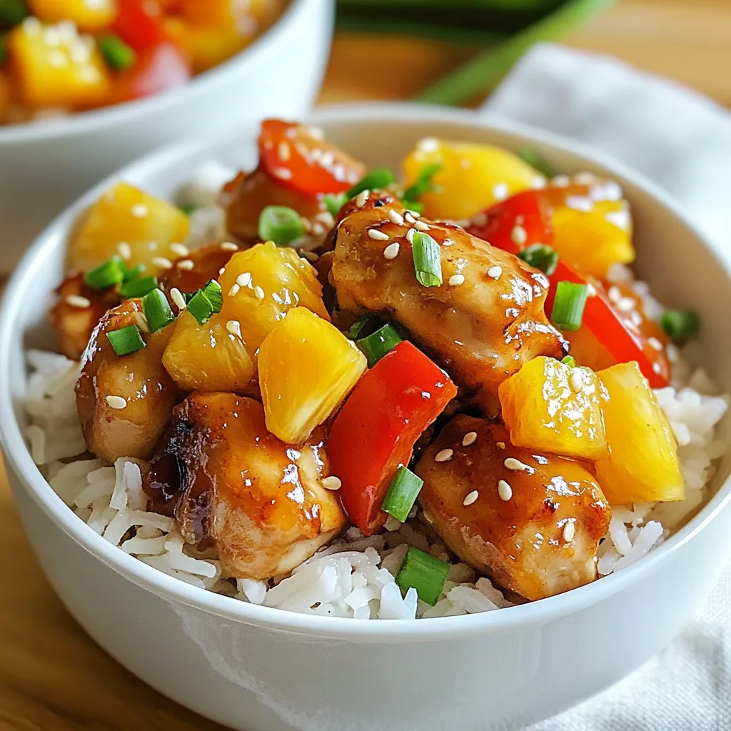 - 2 cups jasmine rice - 1 pound boneless, skinless chicken thighs - 1 cup fresh pineapple - 1 red bell pepper - 1 green bell pepper - 1 small onion - 2 cloves garlic - 1 tablespoon fresh ginger - 1/4 cup soy sauce - 2 tablespoons honey - 1 teaspoon sesame oil - 1 tablespoon vegetable oil - Optional spices: 1/4 teaspoon red pepper flakes - Fresh garnishes: green onions, sesame seeds When making Pineapple Chicken and Rice, choose fresh ingredients. The rice is key; jasmine rice gives a fragrant flavor. I love using boneless, skinless chicken thighs for this dish. They stay juicy and tender. Fresh pineapple adds a sweet and tangy touch. You will want a mix of colors too. The red and green bell peppers bring crunch and brightness. Don’t skip the onion, garlic, and ginger. They build a strong flavor base. Soy sauce and honey create a perfect balance of salty and sweet. Sesame oil adds a nutty hint. If you like heat, use red pepper flakes. They give a little kick but are optional. Finally, green onions and sesame seeds make great garnishes. They add color and a nice crunch. This dish is simple yet packed with flavor. Each ingredient plays its part to create a tasty meal. {{ingredient_image_1}} First, rinse the jasmine rice in cold water. This step removes excess starch. Rinse until the water runs clear. This helps keep the rice fluffy. Use a rice-to-water ratio of 1:1.5. For every cup of rice, add 1.5 cups of water. Cook according to the package instructions. Once done, fluff the rice with a fork. Set it aside for later. Now, let's prepare the chicken. Take one pound of boneless, skinless chicken thighs. Cut them into bite-sized pieces. Season the chicken with salt and pepper. If you like spice, add red pepper flakes too. Heat vegetable oil in a large skillet over medium-high heat. Add the chicken to the skillet. Cook it for about 6-8 minutes. The chicken should turn golden brown and be cooked through. You can tell it’s done when it’s no longer pink inside. Remove the chicken from the skillet and set it aside. Next, we will sauté the vegetables. In the same skillet, add chopped onion, red bell pepper, and green bell pepper. Sauté these for around 4-5 minutes. You want the vegetables to soften but not get mushy. Now, add minced garlic and grated ginger to the skillet. Stir for one more minute. This will make your kitchen smell amazing! Now, it's time for the final mix. Return the cooked chicken to the skillet. Add the diced pineapple, soy sauce, honey, and sesame oil. Stir everything together well. Cook for another 2-3 minutes. This allows all the flavors to blend perfectly. Serve the chicken and pineapple mix over the jasmine rice. For the finishing touch, garnish with sliced green onions and sesame seeds. Enjoy your colorful and tasty meal! To make fluffy jasmine rice, rinse the rice under cold water. This removes excess starch. Cook the rice with a 1:1.5 rice-to-water ratio. Use a pot with a tight lid. Keep the heat low and let it simmer gently. Avoid lifting the lid while it cooks. This ensures even cooking. Common mistakes include using too much water or not rinsing the rice. Both can make the rice sticky. Overcooking is another issue. Always check your rice a few minutes before the cooking time is up. For a kick, add spices like cayenne pepper or more red pepper flakes. You can also try a dash of cumin for a warm flavor. Fresh herbs like cilantro or basil can brighten your dish. Consider adding crushed pineapple for extra sweetness. For toppings, try using cashews or chopped peanuts. They add crunch and flavor. Sliced jalapeños can give it a spicy twist. I prefer chicken thighs for this recipe. They stay juicy and tender. Chicken breasts can dry out if overcooked. Cook thighs for about 6-8 minutes until golden brown. Look for a nice sear on the outside. Use a meat thermometer for perfect doneness. The chicken should reach 165°F. Letting the chicken rest for a few minutes helps keep it juicy. This tip is key for a great meal! Pro Tips Use Fresh Ingredients: Opt for fresh pineapple and vibrant vegetables to enhance the flavor and nutrition of your dish. Marinate the Chicken: For deeper flavors, marinate the chicken in soy sauce, honey, and ginger for at least 30 minutes before cooking. Adjust Spice Levels: Customize the heat by varying the amount of red pepper flakes according to your taste preference. Rest the Rice: Allow the cooked rice to sit covered for a few minutes before fluffing to achieve the perfect texture. {{image_2}} You can make this dish even better by adding more veggies. Seasonal choices are great for flavor and color. Try carrots, snap peas, or broccoli. Each adds a unique taste and texture. Using colorful vegetables makes the dish more appealing. Plus, they boost its nutritional value. More veggies mean more vitamins and minerals for you! If you want to change things up, consider swapping proteins. Shrimp or tofu can work well in this dish. Shrimp cooks quickly and adds a nice bite. Tofu is a great plant-based option. It soaks up flavors from the sauce. You can also use brown rice instead of jasmine rice. Brown rice is healthier and has more fiber. It takes longer to cook, so plan for that. You can switch the flavor of this dish easily. If you like it sweeter, add more honey or pineapple. For a savory twist, use teriyaki sauce instead of soy sauce. This adds a rich, umami flavor. You can even mix both sauces for a balanced taste. Just taste as you go to get it right! To keep your pineapple chicken and rice fresh, store it in an airtight container. This helps prevent moisture loss and keeps flavors intact. Make sure the dish cools down before sealing. Place the container in the fridge. Leftovers will stay fresh for about three to four days. When you’re ready to eat, just reheat what you need. If you want to save some for later, freezing is a great option. First, let the dish cool completely. Then, portion it into freezer-safe bags or containers. Squeeze out any extra air to prevent freezer burn. You can freeze the meal for up to three months. When it’s time to enjoy your meal, thaw it overnight in the fridge. Reheat it in a skillet over low heat or in the microwave until hot. This keeps the flavors vibrant and delicious. Yes, you can use other rice types. Long-grain rice works well, too. Brown rice adds a nutty flavor and more fiber. Keep in mind, brown rice needs more water and time to cook. You can also try basmati rice for a fragrant touch. Just adjust your cooking times and water ratios for best results. Absolutely, this recipe is great for meal prep. Cook a big batch and store it in containers. You can keep it in the fridge for up to four days. If you want to freeze it, portion it first. It stays good for about three months in the freezer. Just reheat in the microwave or on the stove when you're ready to eat. Pineapple Chicken and Rice pairs well with many sides. A simple green salad adds freshness. You can also serve it with steamed broccoli for a healthy crunch. Want something different? Try a fruit salad that echoes the tropical flavors. These sides balance the dish nicely and make it even more filling. If you want more heat, add extra red pepper flakes. You can also use fresh chopped chili peppers. Sriracha or chili sauce can give a nice kick, too. For a smoky touch, try adding chipotle powder. Don't forget to taste as you go to get the right spice level for you. In this article, we explored a tasty recipe for pineapple chicken and rice. We covered essential ingredients and provided simple cooking steps to create a flavorful dish. You learned tips for perfect rice, enhancing flavors, and even making adjustments to suit your taste. You can easily store any leftovers for later enjoyment. Remember, cooking is fun, so try new vegetables and proteins. Enjoy sharing this simple yet delicious meal with friends and family!
