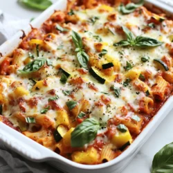 - 12 oz ziti pasta - 1 medium onion, diced - 1 bell pepper, diced (any color) - 1 medium zucchini, diced - 1 medium yellow squash, diced - 1 cup spinach, chopped - 3 cloves garlic, minced These fresh ingredients bring color and taste to your baked ziti. The ziti pasta forms the base, while the veggies add nutrition. The onion and garlic give a savory kick. Feel free to mix and match your favorite vegetables, but I find zucchini and yellow squash work well together. - 2 tablespoons olive oil - 24 oz marinara sauce - 1 teaspoon dried basil - 1 teaspoon dried oregano - Salt and pepper to taste - 2 cups ricotta cheese - 2 cups shredded mozzarella cheese - 1/2 cup grated Parmesan cheese These pantry staples ensure your dish is full of flavor. Olive oil helps cook the veggies, while the marinara sauce adds richness. The dried herbs elevate the taste, making your baked ziti feel gourmet. Ricotta and mozzarella bring creaminess and a delightful stretch to every bite. - Fresh basil leaves Fresh basil leaves are a simple garnish that adds a pop of color. They also give a fresh, herby taste to the dish. You can sprinkle them on top just before serving to impress your guests. If you want to get fancy, drizzle a bit of olive oil on top for extra flavor. {{ingredient_image_1}} First, gather all your ingredients. You will need: - 12 oz ziti pasta - 2 tablespoons olive oil - 1 medium onion, diced - 3 cloves garlic, minced - 1 bell pepper, diced (any color) - 1 medium zucchini, diced - 1 medium yellow squash, diced - 1 cup spinach, chopped - 24 oz marinara sauce - 1 teaspoon dried basil - 1 teaspoon dried oregano - Salt and pepper to taste - 2 cups ricotta cheese - 2 cups shredded mozzarella cheese - 1/2 cup grated Parmesan cheese - Fresh basil leaves for garnish (optional) Next, preheat your oven to 375°F (190°C). Bring a large pot of salted water to a boil. Cook the ziti according to the package instructions until it is al dente. Drain it and set it aside. In a large skillet, heat the olive oil over medium heat. Add the diced onion and minced garlic. Sauté them for about 2-3 minutes until they smell great and turn translucent. Then, add the diced bell pepper, zucchini, and yellow squash. Cook them for another 5-7 minutes until they soften. Stir in the chopped spinach and let it wilt for 1-2 minutes. Now, mix in the marinara sauce, dried basil, dried oregano, salt, and pepper. Let this mixture simmer for about 5 minutes. In a large mixing bowl, combine the cooked ziti with the veggie sauce mixture and ricotta cheese. Mix well until everything blends nicely. Next, transfer half of this ziti mixture to a 9x13 inch baking dish. Spread it evenly. Top it with half of the shredded mozzarella cheese. Add the remaining ziti mixture on top, then sprinkle the rest of the mozzarella cheese. Finish with the grated Parmesan cheese. Cover the baking dish with aluminum foil. Bake it in the preheated oven for 25 minutes. After that, remove the foil and bake for an additional 10-15 minutes. This step makes the cheese bubbly and golden brown. Once it's done, let it cool for a few minutes. You can garnish it with fresh basil leaves if you want. Enjoy your loaded veggie baked ziti! To get the best ziti, use a large pot. Fill it with water and add a good amount of salt. Bring it to a rolling boil before adding the pasta. Cook the ziti for about 8-10 minutes. You want it al dente, which means firm but not hard. Taste it a minute before the time is up to check. Drain the pasta but do not rinse it. This keeps the starch on the pasta, helping the sauce stick. Spices can make your baked ziti shine. I like to use dried basil and oregano. They add a nice herbal taste. You can also add red pepper flakes for a kick. Just a pinch can add depth. Don’t forget to taste your sauce before mixing it with pasta. Adjust the salt and pepper to your liking. A little extra seasoning can elevate the whole dish. For a creamy ricotta filling, mix it with a bit of olive oil. This adds richness and flavor. You can also stir in some grated Parmesan cheese. It adds a nice salty touch. If you want more taste, add some herbs to the ricotta. Fresh parsley or basil works well. Mix everything until smooth before adding it to your pasta. This makes each bite creamy and delicious. Pro Tips Use Fresh Ingredients: Fresh vegetables can enhance the flavor and nutritional value of your baked ziti. Try to use seasonal produce for the best results. Mix Up Your Cheese: For a unique flavor twist, consider blending different types of cheese like goat cheese or feta with ricotta for a richer taste. Layering is Key: Ensure even distribution by layering the pasta and sauce mixture properly. This helps in achieving that perfect cheesy, baked texture throughout. Make Ahead: You can prepare the dish a day in advance. Just assemble and refrigerate, then bake it right before serving for a hassle-free meal. {{image_2}} You can use gluten-free ziti pasta. Look for brands made from rice or corn. Cook the pasta according to the package. Make sure to watch the cooking time. Gluten-free pasta can be softer. You can add many other veggies to your baked ziti. Try mushrooms for a rich flavor. Carrots add sweetness, while broccoli adds crunch. Eggplant or asparagus can also work well. Feel free to mix and match your favorites. If you want a different texture, try these cheese swaps. Use cottage cheese instead of ricotta for a lighter feel. For a creamier taste, add cream cheese. Vegan cheese is great for a dairy-free option. Each choice will change the taste and texture. After you enjoy your Loaded Veggie Baked Ziti, store leftovers in an airtight container. Let it cool down first. This helps keep the flavors fresh. You can keep it in the fridge for about 3 to 5 days. To freeze your baked ziti, let it cool completely. Then, wrap it tightly in plastic wrap or foil. You can also use a freezer-safe container. This way, it lasts up to 3 months in the freezer. When you're ready to eat, just thaw it overnight in the fridge. To reheat, use the oven for the best taste. Preheat your oven to 350°F (175°C). Place the ziti in an oven-safe dish. Cover it with foil to keep it moist. Bake for about 20-25 minutes. Check if it’s hot all the way through. You can also use a microwave, but the oven gives better flavor. Yes, you can make Loaded Veggie Baked Ziti ahead of time. Prepare the dish as usual, but don’t bake it. Cover it tightly and store it in the fridge. You can bake it later. Just add a few extra minutes to the baking time if it’s cold. You can add many veggies to Loaded Veggie Baked Ziti. Try mushrooms, carrots, or broccoli. Eggplant and asparagus work well too. Use what you have on hand. This recipe is flexible and fun! Yes, this recipe is great for meal prepping. You can make a big batch and divide it into portions. Store them in airtight containers. Reheat them for a quick and healthy meal during the week. To add spice, try using red pepper flakes or diced jalapeños. You can also add hot sauce to the sauce mix. Adjust the spice level to your taste. Start small and add more until you reach your perfect heat! This blog post covered all the essential parts to make Loaded Veggie Baked Ziti. You learned about fresh ingredients, pantry staples, and tasty garnishes. We explored step-by-step cooking instructions and helpful tips for perfecting flavors. Plus, we shared variations for gluten-free needs and storage tips for leftovers. Now you can enjoy a great dish that’s healthy and filling. Use these ideas to create a meal that fits your needs. Happy cooking!